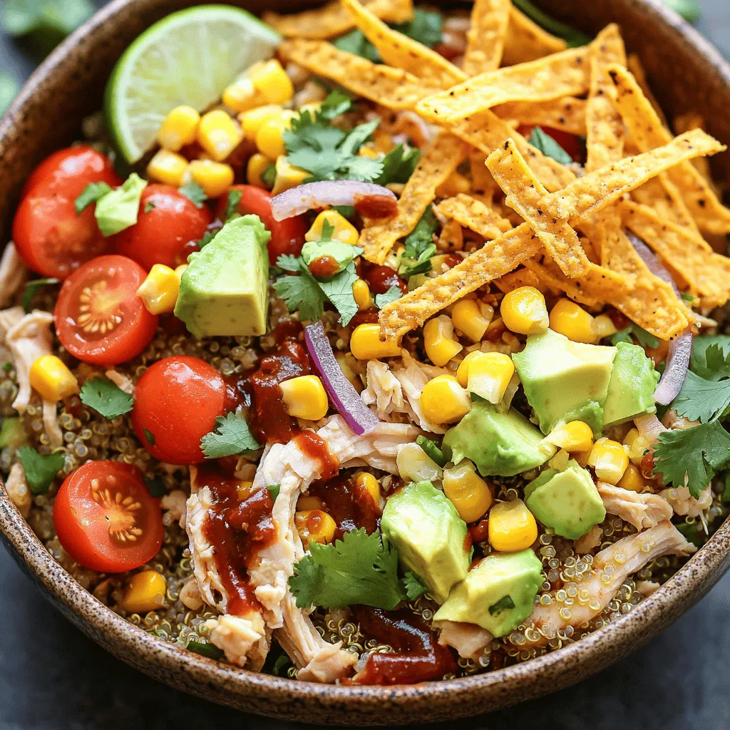 To make a tasty High Protein BBQ Chicken Salad, you need fresh and healthy ingredients. Here’s what you will need: - 2 cups cooked chicken breast, shredded - 1 cup cooked quinoa - 1 cup cherry tomatoes, halved - 1 cup corn (fresh, frozen, or canned) - 1 avocado, diced - ½ red onion, finely chopped - ½ cup black beans, rinsed and drained - ½ cup BBQ sauce (choose a low-sugar variety for a healthier option) - 2 tablespoons lime juice - ¼ cup cilantro, chopped - Salt and pepper to taste - Optional: Crispy tortilla strips for garnish These ingredients blend well to give you a filling meal that is rich in protein. The shredded chicken adds lean protein, while quinoa offers a complete protein source. The beans and corn also boost protein content and add fiber. If you have allergies or want to change things up, you can easily swap some ingredients: - Instead of chicken, try shredded turkey or grilled tofu for a vegetarian option. - If you don’t like quinoa, you can use brown rice or farro. - For a different taste, substitute cherry tomatoes with diced bell peppers. - Swap lime juice with lemon juice if you prefer a different citrus flavor. - Use any beans you have on hand, like kidney beans or chickpeas. These substitutions keep the salad enjoyable and nutritious. This salad is not just tasty; it packs a protein punch. Here’s the breakdown: - Protein Content: Approximately 30 grams per serving. - Calories: Around 400 calories per serving, depending on portion sizes. - Fats: Healthy fats from the avocado and beans. - Fiber: A good source of fiber, thanks to the beans and quinoa. This High Protein BBQ Chicken Salad is perfect for a quick lunch or dinner. You get a balanced meal that fuels your body while being easy to prepare. For the complete recipe, check out the [Full Recipe]. Start by gathering your ingredients. You will need cooked chicken, quinoa, tomatoes, corn, avocado, onion, and black beans. In a large mixing bowl, add the shredded chicken. Next, add the cooked quinoa. Toss in the halved cherry tomatoes and corn. Then, add the diced avocado, finely chopped red onion, and rinsed black beans. Mix everything well. It should look colorful and fresh. In a separate small bowl, mix the BBQ sauce and lime juice. Use a whisk to blend them together. This sauce adds flavor and moisture to your salad. Make sure it's well combined. It should have a nice, smooth texture. You can choose a low-sugar BBQ sauce for a healthier dish. This choice helps keep your meal light and tasty. Pour the BBQ sauce over the chicken and vegetable mix. Gently toss the ingredients to coat them evenly. Add salt and pepper to taste. Don’t forget to fold in the chopped cilantro for extra flavor. Let the salad sit for about 10 minutes. This waiting time helps the flavors mix well. Serve the salad in bowls or on a large platter. For some crunch, add crispy tortilla strips on top. This gives your dish a fun twist! For the full recipe, check out the details above. Cooking chicken breast can be tricky. Start with fresh or thawed chicken. You want it to be juicy, not dry. Here’s my method: - Brine the chicken: Soak the chicken in saltwater for 30 minutes. This helps to keep it moist. - Use medium heat: Cook on medium heat in a skillet. This prevents burning while keeping it tender. - Check the temperature: Use a meat thermometer. Chicken should reach 165°F (75°C) for safe eating. - Rest the chicken: Let it sit for 5 minutes before shredding. This step locks in moisture. Following these steps will give you perfect chicken for your BBQ salad. This salad is all about you! Feel free to mix it up. Here are some ideas: - Add different veggies: Try bell peppers, cucumbers, or radishes for crunch. - Change the protein: Swap chicken for turkey, shrimp, or even tofu for a veggie twist. - Experiment with grains: Substitute quinoa with brown rice or farro for a different texture. - Include fruits: Add diced apples or peaches for a sweet touch. Customizing your salad makes it fun and unique to your taste. Dressing is key to flavor. Here’s how to make it shine: - Dress it at the right time: Add dressing just before serving. This keeps your salad crisp. - Use a light hand: Start with a small amount of dressing. You can always add more if needed. - Mix well: Toss the salad gently to coat all ingredients without crushing them. - Taste before serving: Make sure it’s just right. Adjust seasoning as needed. These tips will help you create a salad that bursts with flavor and freshness. For the complete recipe, check the [Full Recipe]. {{image_2}} You can switch up the protein in this salad for variety. Tofu is a great choice for a plant-based option. It soaks up flavors well. Just make sure to press the tofu first to remove excess water. Shrimp is another tasty alternative. Cook shrimp quickly in a pan until they turn pink. Each option keeps the salad high in protein while adding unique flavors. While I love using romaine lettuce, you can try other greens too. Spinach adds a mild flavor and great nutrients. Arugula brings a peppery kick that pairs well with BBQ. Kale is hearty and adds a nice crunch. Use any mix of greens you like. This keeps your salad exciting and fresh. You can enhance the flavor of your BBQ chicken salad easily. Try adding diced bell peppers for a sweet crunch. Jalapeños can spice things up if you like heat. For a creamy texture, add Greek yogurt or a dollop of sour cream. Nuts and seeds, like sunflower seeds or walnuts, add crunch and healthy fats. These simple tweaks can make your meal even more delicious. For the full recipe, check the High Protein BBQ Chicken Salad. To store leftovers, first let the salad cool. Use a clean, airtight container. Make sure to keep the BBQ chicken salad in the fridge. It stays fresh longer when sealed well. Avoid leaving it out for more than two hours. This helps keep it safe to eat later. When you’re ready to eat, you can reheat the chicken. Place it in a microwave-safe bowl. Heat it in short bursts, around 30 seconds. Stir in between to heat evenly. You can also warm it in a pan over low heat. Add a splash of water to keep it moist. The cooked chicken lasts about three to four days in the fridge. Quinoa can stay fresh for about a week. Fresh veggies like tomatoes and avocado are best eaten within two days. Black beans and corn can last up to five days if stored properly. Always check for signs of spoilage before eating. Yes, you can make this salad ahead of time. It stays fresh in the fridge for up to three days. Just keep the dressing separate until you are ready to eat. This keeps the salad crisp and tasty. If you don’t have quinoa, you can use brown rice or farro. Both add a nice texture and flavor. You can also try using couscous for a quicker option. Each choice brings its own taste but keeps the salad filling. Absolutely! This salad is great for meal prep. You can pack it in containers for easy lunches or dinners. Just remember to store the dressing separately. This way, your salad stays fresh and crunchy all week. For the full recipe, check the earlier sections. This blog covered everything you need for a tasty BBQ chicken salad. We explored key ingredients, substitutions, and nutritional benefits. Then, I provided step-by-step instructions for making your salad. You learned tips for cooking chicken, customizing flavors, and storing leftovers. There are also great variations for proteins and greens. Enjoy making this salad. Try it your way and have fun! Your meals can be healthy and delicious.