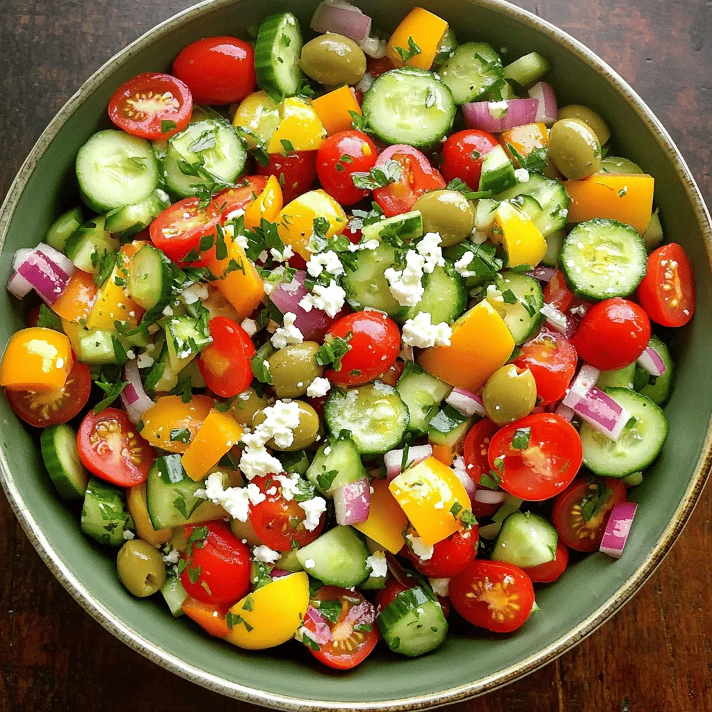 - Cherry tomatoes - Cucumber - Bell pepper - Red onion - Kalamata olives - Feta cheese - Fresh parsley - Extra virgin olive oil - Lemon juice - Dried oregano - Salt and pepper These ingredients create a bright and tasty salad. Each one adds color and flavor. Cherry tomatoes burst with sweetness. Crisp cucumber provides a refreshing crunch. Bell pepper adds a nice crunch and sweetness, while red onion gives a little bite. Kalamata olives bring a salty depth. Feta cheese adds creaminess and tang. Fresh parsley brightens up the dish. The dressing is simple yet flavorful. Extra virgin olive oil gives richness. Lemon juice adds a zesty kick. Dried oregano offers an earthy note. Salt and pepper enhance all the flavors. - Avocado - Roasted red peppers - Artichoke hearts These add-ins are fun ways to customize your salad. Creamy avocado makes it rich. Roasted red peppers bring a sweet smokiness. Artichoke hearts add a unique texture. You can mix and match to find your favorite combo! - Large mixing bowl - Small whisk or fork - Measuring cups and spoons Having the right tools makes cooking easier. A large bowl holds all your fresh ingredients. A small whisk or fork helps mix the dressing well. Measuring cups and spoons ensure you get the right amounts. For the full recipe, check out the Mediterranean Bliss Salad! To start, wash all your vegetables well. For the cherry tomatoes, cut them in half. Use a sharp knife for clean cuts. Dice the cucumber into small pieces. A good tip is to cut the cucumber in half lengthwise first, then chop it into cubes. For the bell pepper, remove the seeds and cut it into strips, then chop those into smaller pieces. Thinly slice the red onion. Remember, uniform sizes help the salad look nice and taste balanced. In a large bowl, combine all the chopped ingredients. Start with the tomatoes, cucumber, bell pepper, and onion. Next, add the Kalamata olives and crumbled feta cheese. Use a gentle folding technique. This helps prevent breaking the feta. You want a mix of colors and textures. Don’t rush this step; it’s key to a pretty salad. For the dressing, grab a small bowl. Add the extra virgin olive oil, lemon juice, dried oregano, salt, and pepper. Whisk these together until they blend well. If you prefer a stronger flavor, add more lemon juice or herbs. Drizzle the dressing over the salad mixture. Toss gently to coat everything evenly. This step ensures every bite is packed with flavor. Enjoy the fresh and vibrant taste of your Mediterranean salad! To boost the taste of your Mediterranean salad, spices work wonders. Try adding a pinch of red pepper flakes for some heat. A sprinkle of smoked paprika can bring a smoky note. These spices add depth and make each bite exciting. For pairing options, consider serving the salad with grilled chicken or shrimp. The protein complements the salad's fresh flavors. You can also serve it with pita bread and hummus for a complete meal. Layering your salad makes it look beautiful. Start with the greens at the bottom, then add the colorful veggies. This way, you create an eye-catching dish that invites everyone to dig in. When adding the dressing, drizzle it evenly over the salad. Gently toss the salad to coat all the ingredients. This ensures every bite is bursting with flavor and balance. One common mistake is overmixing the salad. This can make the ingredients mushy. Instead, use a light hand when mixing to keep everything crisp. Another mistake is using wilted ingredients. Always choose fresh, vibrant veggies for the best taste and texture. Check your ingredients before you start to ensure your salad shines with freshness. {{image_2}} You can easily make this salad fit your tastes. For vegetarian options, skip the feta cheese and use avocado instead. This adds creaminess and healthy fats. If you want a vegan version, use tofu or chickpeas for protein. They give your salad a hearty boost. The Mediterranean is full of unique ingredients. You can try swapping Kalamata olives for green olives. Each type offers a different flavor. You can also use local cheeses if feta is hard to find. Goat cheese or ricotta can add a nice touch too. The best ingredients change with the seasons. In summer, add juicy peaches or berries for sweetness. In the colder months, roasted vegetables like sweet potatoes can warm up your salad. For a winter Mediterranean salad, consider adding some roasted butternut squash and kale for extra nutrients and flavor. To store leftover salad, place it in an airtight container. This keeps air out and helps maintain freshness. If you have leftover dressing, store it separately. This prevents the salad from getting soggy. To keep different components fresh, store items like tomatoes and cucumbers in their own containers. Keep feta cheese wrapped tightly to avoid drying out. Fresh herbs like parsley can be stored in a glass of water, covered with a plastic bag. The salad lasts about 3 to 4 days in the fridge. After this time, the freshness declines. Keep an eye on the ingredients. Signs of spoilage include wilting greens, off smells, and slimy textures. If you notice these, it’s best to toss the salad. When meal prepping, prepare components in advance. Chop your vegetables and store them in containers. You can also mix the dressing ahead of time. This saves time on busy days. Combine all ingredients just before serving. This keeps everything crisp and fresh. Enjoy each bite of your Mediterranean bliss salad! For the full recipe, check out the Mediterranean Bliss Salad . Kalamata olives work best for Mediterranean salad. They are dark, rich, and tangy. Other olives, like green olives, can taste milder. Kalamata olives add depth and a bold flavor that enhances the salad. You can mix different types if you like variety. Just make sure they are pitted for easy eating. Yes, you can make the salad ahead of time. Prepare the salad and store it in the fridge. Keep the dressing separate until you are ready to serve. This keeps the salad fresh and crunchy. If you mix it too soon, the veggies might get soggy. If you want a dairy-free option, try using tofu. Crumble it for a similar texture. You can also use nutritional yeast for a cheesy flavor. Another option is to use vegan cheese. These alternatives will still give your salad a tasty touch. To add spice, try sliced jalapeños or crushed red pepper flakes. You can also mix in a bit of hot sauce. If you like a smoky flavor, smoked paprika works well too. Just add a little at a time. You can always add more, but it’s hard to take spice away. This blog post covered how to make a bright and fresh Mediterranean salad. You learned about essential ingredients, preparation steps, and serving tips. I emphasized the importance of personalizing your salad and shared storage advice, too. Remember, the best salads are fresh and tailored to your taste. Enjoy experimenting with flavors and ingredients. Your next Mediterranean salad can be a delicious adventure!