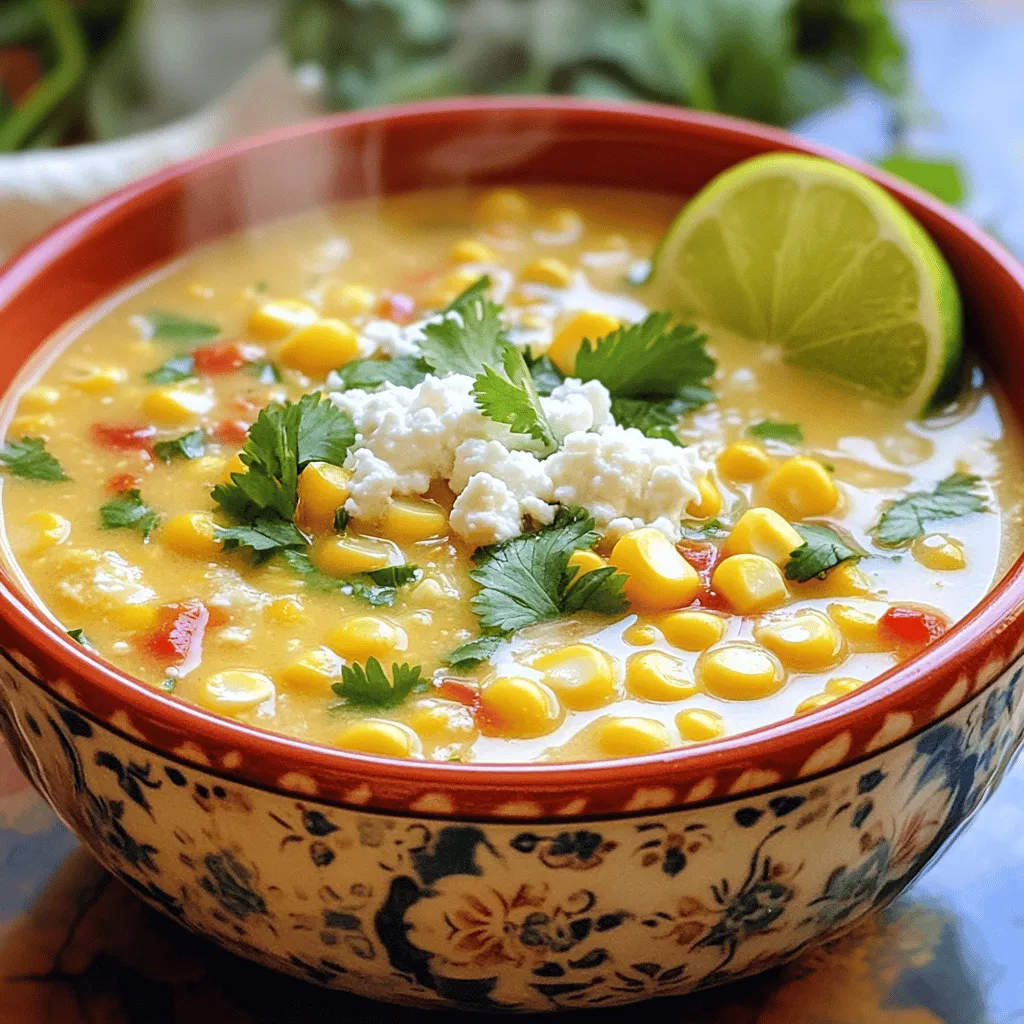 - 4 ears of fresh corn, husked and kernels removed - 1 tablespoon olive oil - 1 small onion, diced - 2 cloves garlic, minced - 1 red bell pepper, diced Fresh corn is the star of this soup. It gives a sweet, juicy taste. I love using corn right off the cob. It adds freshness that frozen corn can't match. Olive oil helps to sauté the veggies, bringing out their flavors. Onions, garlic, and red bell pepper add depth and richness to the soup. The sweet pepper balances the corn's sweetness. - 1 jalapeño, seeds removed and diced (optional for spice) - 1 cup coconut milk If you like heat, add a jalapeño. It gives the soup a nice kick. If you prefer it mild, skip the jalapeño. Coconut milk makes the soup creamy. It adds a touch of sweetness and a hint of tropical flavor. You can also use cream if you want a richer taste. - 1/2 cup crumbled queso fresco or feta cheese (for garnish) - 1/4 cup freshly chopped cilantro (for garnish) - Juice of 1 lime Garnishes make this dish pop. Crumbled queso fresco or feta cheese adds a salty bite. Fresh cilantro gives a burst of color and flavor. Lime juice adds acidity, balancing the sweetness of the corn. These toppings are not just pretty; they enhance the soup's taste. For the full recipe, check out the Mexican Street Corn Soup section. Preparing the Vegetables Start by husking the corn. Use a sharp knife to remove the kernels from the cob. You need about four ears. Next, dice one small onion and two cloves of garlic. If you like spice, dice one jalapeño, removing the seeds. Chop one red bell pepper into small pieces as well. Heating the Olive Oil In a large pot, heat one tablespoon of olive oil over medium heat. This oil adds flavor and helps cook the veggies. Sautéing the Onion and Garlic Once the oil is hot, add the diced onion. Sauté for about three to four minutes until it turns soft and translucent. Add the minced garlic next. Keep stirring for about one minute. This brings out the garlic’s great flavor. Adding Corn and Spices Now, stir in your corn kernels, diced red bell pepper, and jalapeño if using. Add one teaspoon of smoked paprika, one teaspoon of cumin, salt, and pepper. Let this cook for two to three minutes. This step helps the corn caramelize a bit. Blending the Soup Pour in four cups of vegetable broth and bring the mix to a boil. Reduce the heat and let it simmer for about 10 to 15 minutes. Once it’s ready, use an immersion blender to make the soup smooth. If you don’t have one, you can blend it in batches using a regular blender. Incorporating Coconut Milk Return the soup to the pot and stir in one cup of coconut milk. Let it simmer for another five minutes. This adds creaminess to the soup. Don’t forget to add the juice of one lime for a fresh kick. Enjoy your delicious Mexican Street Corn Soup! For the full recipe, check out the recipe section above. Fresh corn is key to great flavor. Visit local farmers' markets or grocery stores. Look for ears with bright green husks. The kernels should feel plump and firm. If the silk is brown and sticky, it's fresh. Spices make your soup shine. Use smoked paprika for a warm flavor. Cumin adds a nice earthiness. Always check the freshness of your spices. Old spices lose their punch. To get the best texture, sauté your veggies well. Cook them until they soften. This step builds flavor. When blending, stop when it’s smooth but still has some chunks. This gives a nice bite. Taste your soup as you cook. Adjust salt and pepper as needed. If it’s too spicy, add coconut milk to tone it down. If it lacks flavor, a squeeze of lime can brighten it up. Serve your soup with salsa or tortilla chips. This adds crunch and flavor. You can even mix in corn salsa for extra texture. It's a fun way to elevate your dish! Garnish with crumbled queso fresco or feta cheese. Fresh cilantro adds a bright touch. A squeeze of lime juice gives it a fresh kick. These small touches make a big difference! For the full recipe, check out the [Full Recipe]. {{image_2}} Vegan Version To make this soup vegan, simply skip the cheese and use vegetable broth. The coconut milk adds creaminess without any dairy. You still enjoy a rich taste. This version is just as delicious and satisfying. Gluten-Free Options Great news! This soup is naturally gluten-free. Just confirm that your vegetable broth is gluten-free. Making this soup safe for everyone at your table is easy. You can serve it without worry. Adding Different Peppers Want to spice things up? Try using different peppers. You can add poblano for a smoky taste or serrano for more heat. Each pepper gives a unique twist to your soup. Mix and match to find your favorite flavor. Incorporating Other Vegetables Feel free to add other veggies. Some great options are zucchini, carrots, or even tomatoes. These will add color and nutrition. Plus, they enhance the flavor of your Mexican street corn soup. Get creative with what you have on hand! Chilled Version In warm weather, a chilled version is refreshing. Just let the soup cool completely, then chill in the fridge. Serve it cold with fresh cilantro and lime. It’s a perfect summer treat! Creamy vs. Brothy Some like their soup creamy, while others prefer it brothy. If you want a creamier soup, add more coconut milk. For a brothier version, add extra vegetable broth. Adjust to your taste for the best experience. For the full recipe, check out the details above. To store leftover soup, let it cool first. Pour it into an airtight container. Store it in the fridge. This keeps the soup fresh for later meals. Best practices for keeping freshness include keeping the soup covered. Use it within three to four days for the best taste. If you notice a change in smell or color, it’s time to toss it. For freezing instructions, use a freezer-safe container. Leave some space at the top for expansion. The soup can last up to three months in the freezer. Reheating tips are simple. Thaw it in the fridge overnight before reheating. Heat it on the stove over medium heat, stirring often. You can add a splash of broth to restore its creaminess. In the fridge, expect the soup to last about three to four days. After that, it may spoil. Signs of spoilage include a sour smell or visible mold. If you see either, do not eat it. Always trust your senses when checking food. Mexican Street Corn Soup is a warm and creamy dish inspired by elote, a popular street food. This soup combines sweet corn, spices, and creamy coconut milk. You enjoy the flavors of grilled corn, lime, and cheese in every bite. The fresh corn gives it a sweet taste, while the spices add warmth. It's a delicious way to celebrate the vibrant flavors of Mexico. Yes, you can make this soup ahead of time. Cook the soup as directed, then let it cool completely. Store it in an airtight container in the fridge for up to three days. When you're ready to eat, simply reheat it on the stove over low heat. Stir well to combine, and it will taste fresh again. To change the spice level, you can add or remove jalapeños. If you want a mild soup, skip the jalapeño. For a spicier kick, add more diced jalapeños or include red pepper flakes. Tasting as you go helps you find the perfect balance for your palate. Absolutely! Frozen corn works well in this recipe. It saves time and is often sweeter than canned corn. Just add the frozen corn directly to the pot when you cook the soup. There’s no need to thaw it first. The cooking time may be a little longer, but it will taste great. If you need a substitute for coconut milk, try heavy cream or almond milk. For a non-dairy option, use oat milk or cashew milk. Each option will change the flavor slightly, but the soup will still be delicious. Choose what fits your taste or dietary needs best. To thicken the soup, you have a few options. You can blend in more corn until it reaches your desired texture. Adding a cornstarch slurry is another method; mix equal parts cornstarch and water, then stir it into the soup. Let it simmer for a few minutes, and it will thicken nicely. This blog post covered how to make a delicious Mexican Street Corn Soup. We explored key ingredients, like fresh corn and spices. You learned step-by-step instructions for cooking and blending your soup perfectly. We shared tips on sourcing ingredients and offered variations to suit different diets. As you prepare this dish, remember that fresh flavors make a big difference. Enjoy the cooking process and have fun experimenting with your own twists. Your soup will be a hit every time!