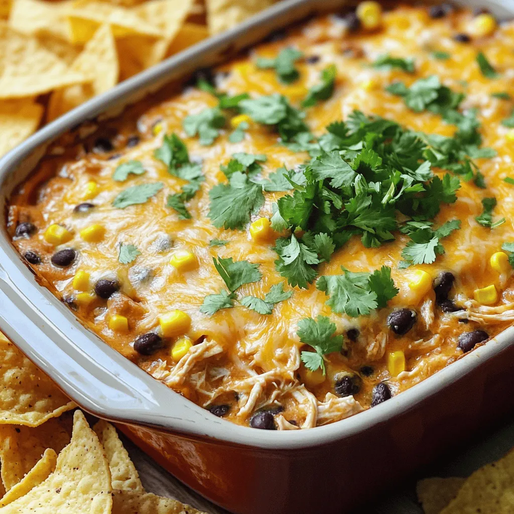 - 2 cups cooked chicken, shredded - 1 can (15 oz) black beans, drained and rinsed - 1 cup corn kernels - 1 cup cream cheese, softened - 1 cup sour cream - 1 cup shredded cheddar cheese - 1 cup salsa - Seasonings: - 1 teaspoon chili powder - 1 teaspoon garlic powder - 1 teaspoon cumin - Salt and pepper to taste - Fresh cilantro, chopped (for garnish) - Tortilla chips (for serving) To make chicken taco dip flavorful and easy, gather these fresh ingredients. I love using cooked chicken, as it adds great taste and texture. The black beans offer protein and fiber, while corn gives it a slight sweetness. The cream cheese and sour cream create a rich base that makes every bite creamy. Salsa adds a zesty kick, and the cheddar cheese melts beautifully on top. For seasonings, chili powder, garlic powder, and cumin deepen the flavor. Don’t forget salt and pepper to enhance the taste. A sprinkle of fresh cilantro brings everything to life. You’ll also need tortilla chips for dipping. With these simple ingredients, you can create a dip that everyone will enjoy. For more details, check the Full Recipe. Preheat your oven to 350°F (175°C). This step is key for even cooking. In a large bowl, combine 1 cup of softened cream cheese and 1 cup of sour cream. Use a hand mixer or a spatula to blend until smooth. The mixture should be creamy and well combined. Next, add 1 teaspoon of chili powder, 1 teaspoon of garlic powder, and 1 teaspoon of cumin. Season with salt and pepper to taste. Mix well to ensure all flavors combine. Gently fold in 2 cups of shredded chicken, 1 can of drained black beans, 1 cup of corn, and 1 cup of salsa. Also, add half of the 1 cup of shredded cheddar cheese. Make sure everything is evenly mixed without over-stirring. Transfer the mixture into a baking dish, spreading it out evenly. Top it with the remaining cheddar cheese. Bake for 25-30 minutes, or until the dip is bubbling and the cheese is melted and golden. For the full recipe, see above. To make your dip smooth and creamy, start with softened cream cheese. If it’s cold, it will not mix well. You can let it sit out or microwave it for a few seconds. Once it’s soft, mix it with the sour cream until you get a creamy blend. Be careful not to overmix after adding the other ingredients. Overmixing can make your dip too thin. Serve your dip warm with tortilla chips or fresh veggies. Warmth brings out the flavors. You can also try it with pita chips or crunchy crackers for a fun twist. Enjoying it fresh will make your dish a hit at any gathering. To make your dip spicier, adjust the salsa. You can choose mild or spicy salsa based on your taste. If you want more heat, consider adding jalapeños. Freshly chopped ones will kick the flavor up a notch! Play around with spices like chili powder or cumin to find your perfect blend. {{image_2}} If you want a veggie twist, swap out the chicken. You can use extra beans or tofu instead. Black beans add fiber and protein. Tofu can soak up all the tasty flavors. This way, everyone can enjoy a delicious dip. Cheese is key for a tasty dip. For a bit of heat, try pepper jack cheese. Its spice gives your dip an extra kick. You can mix it with cheddar cheese for depth. Feel free to experiment to find your perfect blend. Want to boost the flavor? Add diced green chilis or olives. Green chilis bring a nice warmth. Olives add a salty bite that complements the dip well. You can also mix in some diced tomatoes for freshness. Each addition makes your dip unique and even more delicious. Store any leftover dip in an airtight container. It will stay fresh for up to 3 days. Make sure to let it cool before sealing. This helps keep it flavorful and safe to eat. You can freeze the dip before baking. This will let you enjoy it later. Just place it in a freezer-safe dish. It can last up to 2 months. When you are ready, thaw it in the fridge overnight and then bake as usual. When it's time to eat again, reheat the dip. You can use the oven or microwave. If using the oven, bake until warmed through and bubbly. If using a microwave, heat in short bursts, stirring in between. This ensures it warms evenly. Yes, prepare the ingredient mixture, refrigerate, and bake when ready to serve. I love serving it with: - Traditional tortilla chips - Fresh veggies like carrots and bell peppers - Pita chips for a tasty twist You can add more jalapeños or use a spicier salsa. This step really boosts the heat. Yes, it serves 6-8 and can easily be doubled for larger gatherings. Perfect for parties! In this blog post, we explored a simple and delicious Chicken Taco Dip recipe. We covered essential ingredients, step-by-step instructions, and helpful tips for making it creamy and flavorful. You can also adjust the recipe to fit your taste or dietary needs. Whether for a party or a family snack, this dip is sure to please everyone. Enjoy making and sharing it!