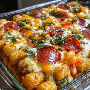 To make a delicious Pizza Tater Tot Casserole, you need to gather some key ingredients. Here’s what you will need: - Frozen tater tots - Ground beef or turkey - Chopped onion - Diced bell pepper - Minced garlic - Pizza sauce - Seasonings (Italian, garlic powder, salt, pepper) - Shredded mozzarella and cheddar cheese - Sliced pepperoni - Fresh basil or parsley for garnish Each ingredient plays a role in making this dish tasty and fun. The frozen tater tots provide a crispy base. Ground beef or turkey adds protein and heartiness. Chopped onion, diced bell pepper, and minced garlic give a fresh flavor. The pizza sauce ties it all together with tomato goodness. Seasonings like Italian seasoning and garlic powder boost the taste. The mixture of mozzarella and cheddar cheese creates a melty top. Sliced pepperoni adds classic pizza flair. Finally, fresh basil or parsley gives a bright finish. These ingredients come together for a fun family dinner. You can find the complete details in the Full Recipe. - Preheat the oven to 425°F (220°C). - In a large skillet, cook the ground meat with the chopped onion, diced bell pepper, and minced garlic. Stir until the meat is brown and the vegetables are soft. Drain any excess fat. - Mix in the pizza sauce, Italian seasoning, garlic powder, salt, and pepper. Stir until well combined. - Spread the meat mixture evenly in a greased 9x13 inch baking dish. - Layer the frozen tater tots over the meat mixture, making sure to cover it completely. - Sprinkle the shredded mozzarella and cheddar cheeses on top of the tater tots. Add the sliced pepperoni evenly across the cheese. - Bake in the preheated oven for 25-30 minutes. Look for golden brown tater tots and bubbling cheese. - After baking, let the casserole cool for a few minutes. Garnish with fresh basil or parsley before serving. You can find the full recipe for this tasty dish elsewhere in the article. Enjoy your cooking! - How to ensure crispy tater tots: Start by baking the tater tots directly from the freezer. Do not thaw them. This helps them get crispy. Place them in a single layer on top of your casserole. This way, they cook evenly and get that perfect crunch. - Choosing the right ground meat: You can use ground beef or turkey. Ground beef gives a rich flavor. Turkey is a leaner choice. Both work well. Choose what fits your taste and health goals. - Importance of seasoning: Always season your meat. Use salt and pepper as a base. Italian seasoning adds depth. Garlic powder enhances the flavor. Good seasoning makes your dish stand out. - Best sides to serve with casserole: A simple green salad works great. It adds freshness to your meal. Garlic bread is another fun option. It complements the cheesy casserole well. - Ideal beverages to pair with Pizza Tater Tot Casserole: You can enjoy this dish with a fizzy soda. A light beer also pairs nicely. For a non-alcoholic choice, try sparkling water with lemon. - Adding more vegetables: You can sneak in more veggies. Try adding mushrooms, spinach, or zucchini. This adds flavor and nutrition. You can chop them finely and mix them into the meat. - Spicing it up with different toppings: Feel free to get creative! Add jalapeños for heat. Black olives can bring a nice briny flavor. Experiment with different cheese types, like pepper jack or gouda, for a twist. For the full recipe, check out the details above. Happy cooking! {{image_2}} You can make a tasty meatless version of this casserole. Just swap the ground beef or turkey for plant-based ground meat. This option keeps the dish hearty while being friendly for vegetarians. You can also use beans or lentils for a protein boost. They add texture and flavor, making your casserole filling and nutritious. For those avoiding gluten, choose gluten-free tater tots. Many brands offer delicious, crispy options that taste great. You can also find gluten-free pizza sauces to keep the flavors intact. This way, everyone can enjoy a slice of this dish without worry. Want to spice things up? Add jalapeños for a kick! They bring heat and flavor to the casserole. Alternatively, you can mix in BBQ sauce for a sweet and smoky twist. Both options create unique taste experiences that keep dinner exciting. You can easily switch up the toppings based on what your family enjoys. Let your creativity shine! To keep your Pizza Tater Tot Casserole fresh, place leftovers in an airtight container. Make sure to cool it to room temperature first. Store it in the fridge for up to four days. When you reheat it, use the oven to maintain that crispy texture. Set the temperature to 350°F (175°C) and heat for about 15 minutes. This method keeps the tater tots crunchy and the cheese gooey. If you want to save some for later, you can freeze the casserole. Allow it to cool completely, then wrap it tightly in plastic wrap. After that, cover it with foil for extra protection. This prevents freezer burn. You can freeze it for up to three months. To thaw, move it to the fridge overnight before reheating. For reheating, bake it at 350°F (175°C) for about 30 minutes. This will ensure it heats evenly. In the fridge, your casserole will last about four days. If you freeze it, it will stay good for about three months. After that, the quality may drop, but it should still be safe to eat. Always check for any off smells or changes in texture before eating leftovers. Enjoy every last bite of your tasty casserole! Yes, you can prepare this casserole ahead. Cook the meat and mix it with the sauce. Layer it in the baking dish without the tater tots and cheese. Cover it tightly and store it in the fridge for up to 24 hours. When ready to bake, add the tater tots and cheese on top. Bake as directed. For best results, reheat it slowly in the oven. This keeps the tater tots crispy and the cheese bubbly. You can use other bases for your casserole if you want. Some good options are frozen hash browns or even cooked pasta. For a healthier choice, try using roasted vegetables or sweet potato cubes. These alternatives bring new flavors and textures. They also can make your meal a bit lighter. Customization is fun with this casserole! You can change the cheese by mixing mozzarella, cheddar, or even pepper jack. For meats, you can add sausage, ham, or cooked chicken. Adding veggies like mushrooms, spinach, or olives gives vibrant flavors. Feel free to get creative with your toppings to suit your family’s taste! This blog post covered how to create a delicious Pizza Tater Tot Casserole. We went through the key ingredients, step-by-step preparation, and tips for perfecting each layer. You learned about variations and storage methods to keep your leftovers fresh. In the end, this recipe is fun and easy to make. It's perfect for family meals or gatherings. Enjoy creating your own take on this tasty dish!