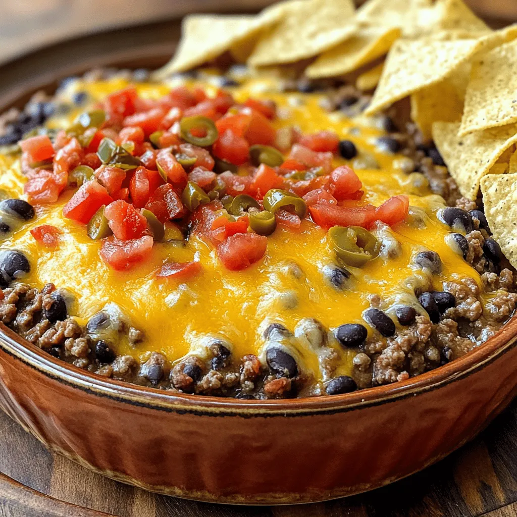 - 1 pound ground beef - 1 can (15 oz) black beans, drained and rinsed - 1 can (15 oz) refried beans - 1 cup cream cheese, softened - 1 cup sour cream - 1 cup shredded cheddar cheese - 1 cup diced tomatoes with green chilies (canned) - 1 teaspoon garlic powder - 1 teaspoon onion powder - 1 teaspoon chili powder - 1/2 teaspoon cumin - Salt and pepper, to taste - Tortilla chips, for serving When measuring ingredients, precision matters. Use a kitchen scale for the beef. For canned goods, check if they are standard sizes. Use measuring cups for the cream cheese and sour cream. Level off the cups for accuracy. Measure spices using standard teaspoons for the best flavor balance. You can swap ground beef for ground turkey or chicken. They work great and are leaner. If you want a plant-based option, use lentils or a veggie ground mix. For cream cheese, try a vegan cream cheese. You can use Greek yogurt instead of sour cream for a tangy twist. If you don't have canned tomatoes with green chilies, fresh tomatoes with jalapeños work well too. To make Meaty Texas Trash Dip, start by cooking the ground beef. Use a large skillet over medium heat. Brown the beef until it is no longer pink. Use a spatula to break the beef into small pieces as it cooks. Once fully cooked, drain any extra grease from the skillet. Next, lower the heat to low. Add the cream cheese to the beef. Stir it in until it melts and mixes well. Then, add the sour cream. Mix until the mixture is smooth and creamy. Now, it’s time to add the beans and spices. Stir in the black beans, refried beans, and diced tomatoes with green chilies. Add the garlic powder, onion powder, chili powder, cumin, salt, and pepper. Mix everything together well. Cook the dip on low heat for about 5 minutes. This warms it through. Finally, stir in half a cup of the shredded cheddar cheese until it melts. Transfer the dip to a serving dish. Top with the remaining cheese. If you like, you can broil the dip for 3-5 minutes. Watch it closely to avoid burning. Serve warm with tortilla chips. When cooking ground beef, keep these tips in mind: - Use a non-stick skillet to prevent sticking. - Break the beef apart often to cook it evenly. - Use medium heat to avoid burning the meat. - Drain grease immediately to keep the dip from being too greasy. To get a smooth and creamy texture in your dip, follow these tips: - Use soft cream cheese; it blends easier. - Stir well when adding sour cream to avoid lumps. - Heat the mixture gently; too much heat can cause separation. - Mix in cheese while the dip is warm for better melting. - If it’s too thick, add a splash of milk or broth to loosen it up. For the complete step-by-step process, check out the Full Recipe. Serve Meaty Texas Trash Dip warm. It keeps the cheese melted and the flavors rich. Use a large bowl for easy sharing. Have plenty of tortilla chips nearby. You want everyone to dig in! Add a sprinkle of chopped green onions on top for color. This makes your dip look inviting and fresh. Meaty Texas Trash Dip pairs well with cold drinks. Try serving it with light beers or margaritas. The crisp taste cuts through the creamy dip. For a non-alcoholic option, serve soda or iced tea. These drinks refresh your palate between bites. Offer a mix to keep everyone happy. You can make this dip ahead of time. Just cover it and store it in the fridge. When you’re ready to serve, reheat it in the oven. Bake at 350°F for about 20 minutes. Stir it halfway for even heating. If you like, add more cheese before baking. This gives the top a nice, cheesy crust. {{image_2}} You can easily make a veggie version of Meaty Texas Trash Dip. Swap the ground beef for a mix of black beans and lentils. Both give a nice texture and boost in protein. Use vegan cream cheese and sour cream instead of dairy. This keeps the dip creamy and tasty. Add in some corn for sweetness and crunch. You can even throw in some diced bell peppers for extra flavor. Want to kick up the flavor? Try adding jalapeños for a spicy twist. Fresh cilantro can also add a nice touch. If you like it smoky, use smoked paprika instead of regular chili powder. You can mix in some diced onion or bell pepper for extra crunch. Consider adding a splash of lime juice for brightness. All these tweaks can make your dip even more delicious. Serving style can change the whole vibe of your dip. A fun way is to use a bread bowl. Just hollow out a round loaf of bread and fill it with the dip. The bread soaks up the flavors, making it even better. You can also serve it in mini cups for parties. This way, each guest gets their own serving. Pair the dip with colorful veggie sticks or pita chips for a fresh twist. You can find the Full Recipe above for all the details. After you enjoy the dip, store any leftovers in a clean, airtight container. Let the dip cool to room temperature. Cover it tightly with a lid or plastic wrap. This helps keep it fresh. It can stay in the fridge for up to three days. If you have a lot left, consider dividing it into smaller portions. This makes it easier to grab later. When you're ready to enjoy the dip again, take it out of the fridge. You can reheat it in the microwave or on the stove. For the microwave, place the dip in a safe bowl. Heat it in short bursts, stirring between each one. This ensures even heating. On the stove, warm the dip over low heat. Stir it often to prevent sticking. Heat until it’s hot, but don’t let it boil. You can freeze Meaty Texas Trash Dip for later use. To do this, let the dip cool completely. Place it in a freezer-safe container. Leave some space at the top for expansion. Seal it tightly and label it with the date. The dip can last in the freezer for up to three months. When you want to eat it, thaw it overnight in the fridge. Then, reheat it as mentioned above. Enjoy the flavors just like fresh! To spice up your Meaty Texas Trash Dip, add fresh jalapeños. You can chop them finely and mix them in with the other ingredients. If you like heat, use pickled jalapeños for extra flavor. You can also add cayenne pepper or hot sauce to the mix. Start with a small amount and taste as you go. Adjust until you reach your desired spice level. This dip should have a nice kick to please everyone. Yes, you can use different cheeses! Pepper jack cheese adds a nice spicy flavor. Monterey Jack melts well and gives a creamy texture. You can mix and match cheeses too. Try a blend of cheddar and mozzarella for a unique taste. Just make sure to keep the total cheese amount the same as in the recipe. This will help the dip stay creamy and smooth. Meaty Texas Trash Dip is perfect for many occasions. You can serve it at game days, parties, or family gatherings. It’s a great snack for movie nights or casual get-togethers. You can even make it for a potluck. Everyone loves a warm, cheesy dip with tortilla chips. It’s a crowd-pleaser that fits any fun event. This blog covers everything you need for Meaty Texas Trash Dip. We outlined the ingredients, cooking steps, and helpful tips. You learned about substitutions, prep tricks, and storage methods. Remember, you can customize this dip to fit your taste. Whether you want it spicy or vegetarian, the options are endless. Follow these steps to impress any crowd. Enjoy sharing this tasty dip at your next gathering!