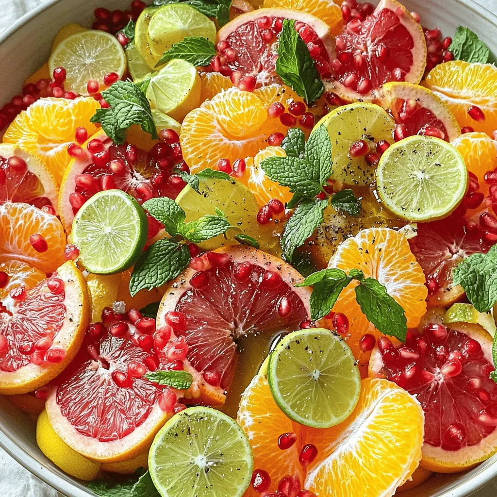 - 2 oranges, segmented - 1 grapefruit, segmented - 1 lemon, thinly sliced - 1 lime, thinly sliced Citrus fruits are the star of this salad. You need bright and juicy fruits. Oranges bring sweetness. Grapefruit adds a nice tang. Lemon and lime give a zesty kick. Their colors make the salad pop, too. - 1 cup pomegranate seeds - 1/4 cup fresh mint leaves, chopped - 2 tablespoons honey (or agave syrup for a vegan option) - 1 tablespoon olive oil Pomegranate seeds add crunch and color. Mint leaves bring a fresh taste. Honey or agave syrup sweetens the mix. Olive oil ties everything together, adding richness. - Pinch of salt - Freshly cracked black pepper to taste Salt enhances flavor. Black pepper adds a warm bite. These simple seasonings make your citrus salad even better. Use them to balance the sweetness and acidity. For the full recipe, check out the Zesty Citrus Delight section above. To start, prepare the citrus fruits. Slice the ends off the oranges and grapefruit. This gives you a flat surface. Next, cut the peel and pith away from the fruit. Start from the top and move down. Carefully pull out the segments and place them in a large bowl. Catch any juices to keep the flavor. Repeat this process for the lemon and lime. Thinly slice the lemon and lime. Their bright flavors will add a nice touch to the salad. Now it's time to mix. Add the pomegranate seeds to the bowl with the citrus segments. These seeds will add a burst of sweetness and crunch. In a small bowl, whisk together the honey and olive oil. This will be your dressing. Drizzle the dressing over the salad. Make sure to coat all the fruits evenly. Next, incorporate all the ingredients. Sprinkle the chopped mint, salt, and black pepper over the salad. Gently toss the salad. This helps mix the flavors well. Allow the salad to sit for about 10 minutes before serving. This resting time lets the flavors meld together. Enjoy your zesty citrus delight! For the full recipe, check the details above. To make a great citrus salad, start with ripe fruits. Look for oranges and grapefruits that feel heavy in your hand. This means they are juicy. Check for smooth skin without blemishes. When in season, citrus is at its best. Oranges peak in winter, while grapefruits are best from late fall to spring. Lemons and limes are available year-round, but summer brings the juiciest ones. You can boost the taste of your salad by adding herbs. Fresh mint is a perfect choice. You can also try basil or cilantro for a unique twist. Using flavored oils can bring depth to your dressing. Consider using lemon-infused olive oil for a bright touch. A dash of chili flakes can add heat if you want a kick. Make your citrus salad look special. Use a large, colorful bowl to catch the eye. Arrange the citrus segments in a circular pattern. This creates a beautiful display. You could also serve them in individual glass cups. This adds a personal touch and makes it fun. Garnish with extra mint leaves on top for a pop of green. Remember, you can find the full recipe for this citrus delight to guide you through the steps. {{image_2}} You can make your citrus salad even better. Add greens like spinach or arugula. They give a nice crunch and taste. You can also add nuts. Pecans or walnuts add a lovely texture. They bring a nutty flavor that pairs well with citrus. Dressings change the whole salad. A citrus-based vinaigrette works great. It adds brightness and ties the flavors together. You can also make a creamy dressing. A yogurt or avocado base can add richness while keeping it fresh. If you want a vegan option for honey, use agave syrup. It's sweet and works well in dressings. You can also swap out fruits. Try using kiwi, berries, or even apples. Each fruit brings its own twist to the salad. You can mix and match to find your favorite flavors. To keep your citrus salad fresh, store it in an airtight container. This helps stop air from getting in. Keep it in the fridge. If you have greens, like mint, add them right before eating. This keeps them from wilting. Your citrus salad will stay good in the fridge for about two days. After that, the fruits may lose some of their crunch and flavor. Look for signs of spoilage, like brown spots or mushy fruit. If you see these signs, it's best to toss it. You can freeze citrus salad, but it may change in texture. If you want to freeze it, use a freezer-safe container. Thaw it in the fridge overnight when you're ready to eat. However, the fresh flavor might not be the same. Enjoy your salad fresh for the best taste! The best citrus fruits for salads are oranges, grapefruits, lemons, and limes. These fruits add a bright flavor. They also provide a nice mix of sweetness and tartness. You can use any combination of these fruits. Try different types for unique tastes. Blood oranges or mandarins can also be fun to add. Yes, you can prepare citrus salad in advance. Just keep it in the fridge. However, I recommend adding the dressing just before serving. This helps keep the salad fresh and prevents wilting. You can slice the fruits ahead of time. Store them in an airtight container to keep them juicy. To make a citrus salad dressing, mix honey, olive oil, salt, and pepper. Whisk these ingredients in a small bowl. You can also add fresh juice from citrus fruits for more flavor. This dressing complements the citrus fruits well. It brings all the flavors together in a delicious way. - What nuts can I add to my citrus salad? You can add nuts like walnuts, almonds, or pecans. These nuts give a nice crunch. They also boost the salad's protein content. Toasting the nuts before adding them can enhance their flavor. - Is citrus salad healthy? Yes, citrus salad is very healthy. It is low in calories and high in vitamins. Citrus fruits are rich in vitamin C and antioxidants. The salad also includes pomegranate seeds and mint, which add fiber and nutrients. This makes it a great choice for a light meal or snack. Try the Full Recipe for a refreshing treat! In this blog post, I shared the best ways to make a citrus salad. We started with key ingredients like fresh citrus fruits, pomegranate seeds, and herbs. Then, we discussed preparation steps and tips to enhance flavors. I also covered variations for different tastes and how to store your salad. Remember, enjoying a bright and fresh citrus salad can be simple and fun. Experiment with ingredients to craft your perfect dish! Keep your salads crisp, creative, and colorful. Happy cooking!