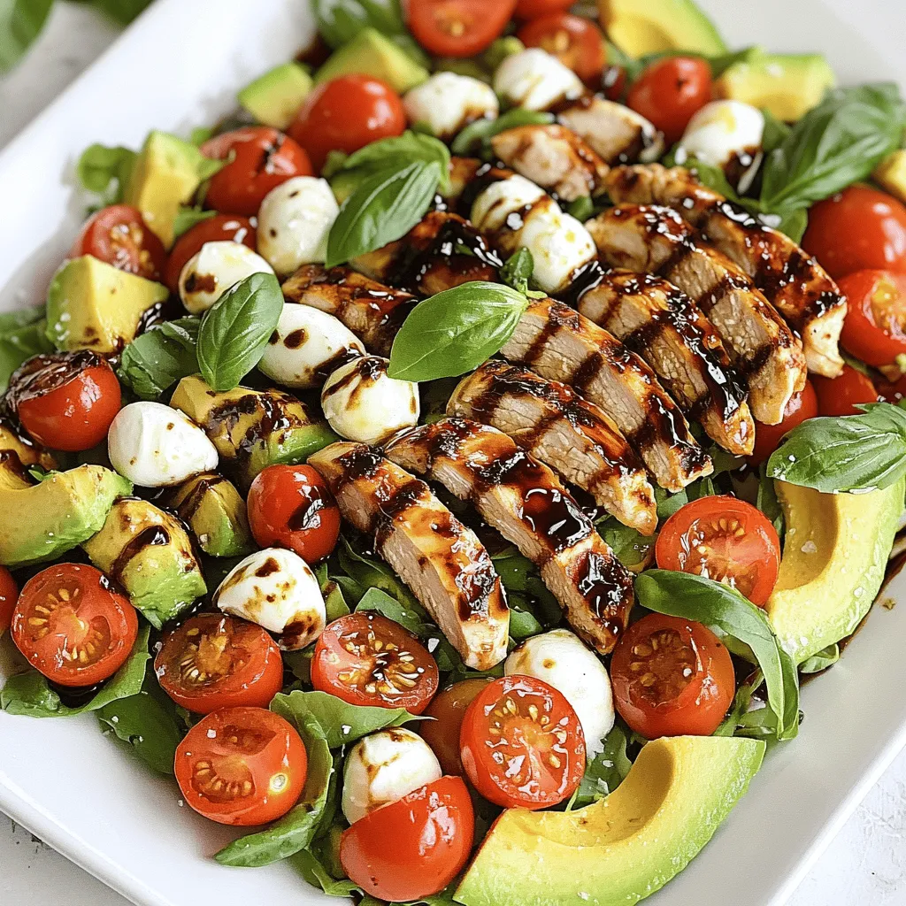 - 2 boneless, skinless chicken breasts - 2 tablespoons balsamic vinegar - 1 tablespoon olive oil - Salt and pepper, to taste - 1 teaspoon garlic powder - 2 large ripe avocados, diced - 2 cups cherry tomatoes, halved - 8 ounces fresh mozzarella balls, halved - 1 cup fresh basil leaves - 2 tablespoons balsamic glaze (for drizzling) I love the simplicity of this dish. The main ingredients create a great base. Chicken breasts marinated in balsamic vinegar and olive oil are tender and juicy. Garlic powder adds a nice kick of flavor. Salt and pepper balance everything out. The salad components bring freshness and color. Ripe avocados give creaminess. Cherry tomatoes add sweetness and a burst of flavor. Fresh mozzarella balls bring a soft, chewy texture. The basil leaves add a lovely herbal note. As you prepare this dish, keep everything fresh and ripe. Choose the best ingredients for a delicious result. You can find the full recipe later in this section. Remember, using high-quality balsamic glaze makes all the difference when drizzling over the top! First, I whisk together these ingredients for the marinade: - 2 tablespoons balsamic vinegar - 1 tablespoon olive oil - Salt and pepper, to taste - 1 teaspoon garlic powder Then, I coat the chicken breasts in the mixture. It’s best to let them marinate for at least 30 minutes. This time helps the flavors soak in. You can also marinate them for up to 2 hours in the fridge for even more taste. Next, I preheat my grill or grill pan over medium-high heat. Once hot, I take the chicken out of the marinade. I grill each side for about 6-7 minutes. The chicken is ready when its internal temperature hits 165°F (75°C). After cooking, I let the chicken rest for 5 minutes. This helps keep it juicy. While the chicken rests, I prepare the salad. In a large bowl, I combine: - 2 large ripe avocados, diced - 2 cups cherry tomatoes, halved - 8 ounces fresh mozzarella balls, halved I gently toss these ingredients together. After that, I slice the grilled chicken into thin strips. I add these strips to the salad mix along with fresh basil leaves. I tear the basil before adding it for better flavor. Finally, I drizzle balsamic glaze over the salad and toss it gently to combine. For the full recipe, look below. To cook chicken perfectly, aim for an internal temperature of 165°F (75°C). This ensures the chicken is safe to eat and juicy. After cooking, let the chicken rest for about 5 minutes. This helps keep the juices in, making your chicken tender and flavorful. When assembling your salad, aim for balance in each bite. Start with the diced avocados, then add the halved cherry tomatoes and mozzarella balls. This mix creates a lovely color contrast. For a beautiful presentation, serve the salad on a large platter. Place the salad in the center and arrange the chicken strips on top. Garnish with fresh basil leaves and a sprinkle of salt. Drizzle with balsamic glaze just before serving for a glossy finish. For the complete recipe, check out the [Full Recipe]. {{image_2}} You can switch the chicken for other proteins. Shrimp is a great choice. It cooks fast and adds a nice flavor. Just grill shrimp for about 2-3 minutes on each side. Tofu is another option. It soaks up flavors well. Use firm tofu, cut it into cubes, and follow the same marinating steps. Both options create a tasty twist. While balsamic dressing is classic, you can try different dressings. A lemon vinaigrette gives a fresh zest. Combine olive oil, lemon juice, and a pinch of salt. For a creamy touch, use ranch dressing. It pairs well with the salad's ingredients. You can also try a honey mustard dressing for sweetness. Each dressing changes the flavor profile nicely. Incorporating seasonal vegetables keeps the salad fresh and exciting. In spring, you can add peas or asparagus. In summer, try fresh corn or bell peppers. Fall brings great options like roasted butternut squash. In winter, add roasted root veggies for warmth. Each season offers unique flavors and colors, making your salad vibrant and nutritious. To store leftovers, keep the salad in an airtight container. Make sure it is cool before sealing. This way, it stays fresh for up to three days. If you want to save the chicken separately, store it in a different container. This helps maintain its texture and flavor. Can you freeze Balsamic Chicken? Yes, you can freeze the chicken. Wrap it tightly in plastic wrap or foil. Then, place it in a freezer bag. It can last up to three months. However, avoid freezing the salad with avocados and tomatoes. They do not freeze well and can become mushy. When you reheat the chicken, use a microwave or a skillet. For the microwave, heat in short intervals to avoid drying it out. In a skillet, add a splash of water and cover it. This will help keep it moist. Enjoy your Balsamic Chicken Avocado Caprese Salad Delight fresh and tasty! Remember, flavor is key. You can serve this salad with many tasty side dishes. Here are some great options: - Grilled vegetables for a smoky flavor. - Garlic bread for a crunchy, warm bite. - Quinoa or rice for a hearty side. - A light soup, like tomato or minestrone, for warmth. These sides add variety and balance to your meal. Yes, you can prepare this salad in advance. Here are some tips: - Prepare the chicken and store it in the fridge. - Dice the avocados just before serving to keep them fresh. - Combine the other salad ingredients ahead of time. - Dress the salad right before you eat. This way, the flavors stay bright and fresh. Making balsamic glaze at home is easy and quick. Here’s a simple recipe: 1. In a small saucepan, pour in one cup of balsamic vinegar. 2. Heat over medium heat until it starts to simmer. 3. Reduce the heat to low and let it simmer for about 10-15 minutes. 4. Stir often until it thickens. 5. Let it cool before using. This simple glaze adds a nice touch to your dishes. For the full recipe, check out the detailed instructions above. This blog post covered a delicious Balsamic Chicken Avocado Caprese Salad. We discussed the main ingredients and how to prepare them. You learned how to marinate and cook the chicken perfectly. We explored tips for assembling the salad and ideas for variations. Proper storage methods help keep leftovers fresh. Cooking should be fun and easy. I hope this recipe inspires you to try new flavors! Enjoy your cooking adventure!