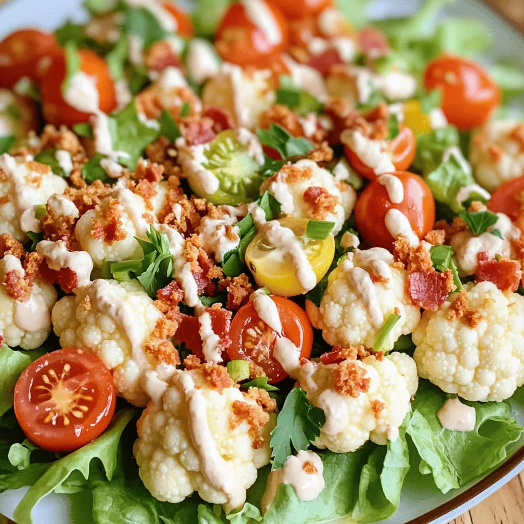 - 1 medium head of cauliflower, cut into small florets - 4 slices of turkey bacon, cooked until crispy and crumbled - 1 cup cherry tomatoes, halved The star of this salad is definitely cauliflower. It adds a great crunch and absorbs flavors well. I love using fresh cauliflower for its crispness. Turkey bacon gives this dish that smoky taste, making it feel like a classic BLT. The cherry tomatoes add a burst of sweetness and color. - 1/4 cup mayonnaise - 1 tablespoon apple cider vinegar - 1 teaspoon Dijon mustard The dressing ties everything together. Mayonnaise gives it creaminess, while apple cider vinegar adds a tangy kick. Dijon mustard enhances the flavor, making it more exciting. This blend is simple yet so tasty. - 1/2 cup green onions, finely chopped - 1/2 cup shredded lettuce (iceberg or romaine) - Fresh parsley for garnish (optional) Garnishes are fun and add freshness. Green onions bring a mild onion flavor, and shredded lettuce adds more crunch. Fresh parsley is great for a pop of color and extra flavor. You can choose any or all of these to make your salad even better. For the full recipe, just follow the steps, and you’ll have a delicious dish ready to enjoy! Blanching the Cauliflower Start with a large pot of salted water. Heat it until it boils. Add the cauliflower florets. Cook them for 3-4 minutes. They should be tender but still crunchy. Drain the florets and rinse them with cold water. This stops the cooking. Pat them dry with a paper towel. Cooking the Turkey Bacon Next, take your turkey bacon. Cook it in a pan over medium heat. Crisp it up until it’s golden brown. Then, remove it from the heat and let it cool. Once cool, crumble the bacon into small pieces. Combining Salad Components In a big mixing bowl, add the blanched cauliflower, crumbled turkey bacon, halved cherry tomatoes, green onions, and shredded lettuce. Mix these ingredients well to blend the flavors. Preparing the Dressing For the dressing, grab a separate bowl. Whisk together the mayonnaise, apple cider vinegar, Dijon mustard, salt, and pepper. Keep whisking until it's smooth and creamy. Tossing the Salad Now, pour the dressing over the salad mix. Toss everything gently to coat all the ingredients. This ensures that every bite is full of flavor. Allowing Flavors to Meld Taste the salad and adjust the seasoning if needed. Let it sit for 10-15 minutes before serving. This resting time helps the flavors meld together beautifully. You can garnish with fresh parsley if you want. For the full recipe, check out the section above. - Cooking Time Recommendations To get the best crunch, cook the cauliflower for 3-4 minutes. You want it tender, not mushy. Overcooking will ruin the salad's texture. - Cooling Techniques After cooking, rinse the cauliflower in cold water. This stops the cooking process. Then, pat it dry with a paper towel to remove excess water. - Adjusting Seasoning Taste the salad after mixing. You may need to add more salt or pepper. Each ingredient has its own flavor. Adjust to your liking. - Adding Extra Ingredients Try adding diced avocado for creaminess or jalapeños for heat. These can make your salad more exciting and full of flavor. - Ideal Dish Pairings This salad pairs well with grilled chicken or fish. It makes a great side for summer barbecues. Try it with a cold drink for a refreshing meal. - Presentation Tips Serve in a clear bowl to show off the bright colors. Garnish with fresh parsley or extra cherry tomatoes. This makes the dish look more appealing and fun. For the full recipe, check out the BLT Cauliflower Salad section above. {{image_2}} Substituting Bacon Options You can easily make this salad vegetarian. Instead of turkey bacon, use crispy tempeh or smoked coconut. Both options add that nice crunch and flavor. They keep the spirit of a classic BLT alive. Adding Protein Alternatives If you want more protein, try adding chickpeas or black beans. These beans give a hearty feel to the salad. They also pack a punch of nutrients. You can also toss in some diced avocado for creaminess. Different Dressings to Try Feel free to switch up the dressing. A tangy ranch dressing works great. You can also use a lemon vinaigrette for a fresh taste. Experimenting with flavors keeps the dish exciting. Adding Nuts or Seeds Adding nuts or seeds can enhance the crunch. Sliced almonds or sunflower seeds are great choices. They add both texture and healthy fats. Just sprinkle them on top before serving. Incorporating Seasonal Vegetables Use seasonal veggies to change the salad vibe. In spring, add peas or asparagus for a fresh twist. In the summer, you might include bell peppers or cucumbers. These additions bring color and flavor. Adjustments for Different Holidays For holidays, think about festive flavors. In the fall, add roasted butternut squash. In winter, try pomegranate seeds for a pop of color. These variations give the salad a unique touch for any occasion. Check out the Full Recipe to create your own delicious BLT Cauliflower Salad! To keep your BLT cauliflower salad fresh, use airtight containers. Glass containers work best. They help reduce odors and keep the salad crisp. Make sure to let the salad cool before sealing. This prevents moisture build-up, which can make the salad soggy. Store it in the fridge right after serving. Eating this salad cold is best, but you can heat it if you want. Use the microwave for a quick warm-up. Heat it in short bursts of 20 seconds. This helps keep the texture nice. Check it often to avoid overcooking. You want the bacon to stay crunchy and the cauliflower firm. Your salad can last up to four days in the fridge. After that, it may spoil. Signs of spoilage include a sour smell, wilted greens, or slimy texture. If you notice any of these, it’s best to throw it away. Always trust your nose and eyes when checking for freshness. Enjoy your BLT cauliflower salad while it’s still delicious! You can use Greek yogurt or avocado instead of mayo. Both options add creaminess. Greek yogurt gives a tangy taste, while avocado adds a rich flavor. For a lighter choice, try hummus. It works well and adds a nice texture. You can also blend silken tofu for a vegan option. Each substitute makes the salad creamy and delicious. Yes, you can make this salad ahead of time. Prepare it a few hours before serving. Just keep the dressing separate until you are ready to eat. This helps the salad stay crisp and fresh. If you want to make it a day ahead, store it in the fridge. Just mix it well before serving. Yes, this recipe is gluten-free. The main ingredients, like cauliflower and turkey bacon, do not contain gluten. Always check the labels on any packaged items, like the bacon. Some brands may add gluten ingredients. If you want extra safety, choose gluten-free mayonnaise to keep it safe and tasty. This blog post covered a tasty BLT Cauliflower Salad. We discussed the essential ingredients like cauliflower, turkey bacon, and cherry tomatoes. I shared step-by-step instructions for making the salad, tips for perfect texture, and ideas for variations. You can even adapt it to make it vegetarian. Remember, store leftovers properly to keep them fresh. Try this salad for a fresh meal that suits many diets. Enjoy the burst of flavor while keeping it healthy and fun!