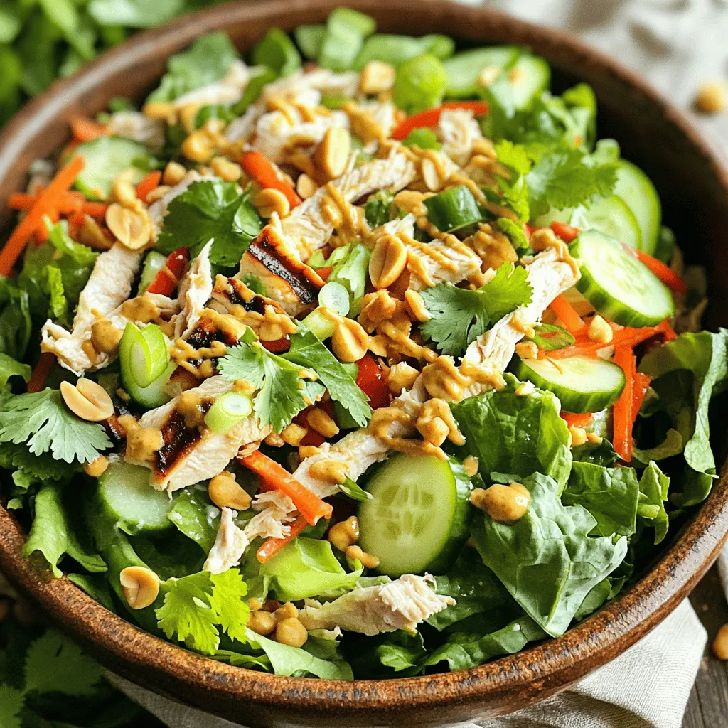 To make a Thai chicken salad, gather these main ingredients: - 2 chicken breasts, grilled and shredded - 4 cups mixed salad greens (romaine, spinach, and arugula) - 1 cup shredded carrots - 1 red bell pepper, julienned - 1 cup cucumber, thinly sliced - 1/2 cup fresh cilantro, chopped - 1/2 cup green onions, sliced - 1/4 cup unsalted roasted peanuts, chopped - Juice of 1 lime - Salt and pepper to taste These ingredients create a bright and fresh taste. The mix of greens adds crunch. The chicken provides protein. Each veggie adds flavor and color. You can enhance your salad with optional garnishes or add-ins: - Sliced avocado for creaminess - Chopped mint for extra freshness - Edamame for a protein boost - A sprinkle of sesame seeds for texture Feel free to get creative. Each add-in brings a new twist to the dish. For the dressing, you have two main choices. You can buy Thai peanut dressing at the store. It’s quick and easy. Or, you can make your own for a personal touch. A simple homemade dressing can include peanut butter, soy sauce, lime juice, and a bit of honey. This option allows you to customize flavors to your liking. The dressing ties all the ingredients together. It adds a burst of flavor that makes the salad shine. Remember, you can find the full recipe to guide you in making this delightful dish! First, gather your ingredients. You need: - 2 chicken breasts, grilled and shredded - 4 cups mixed salad greens (romaine, spinach, and arugula) - 1 cup shredded carrots - 1 red bell pepper, julienned - 1 cup cucumber, thinly sliced - 1/2 cup fresh cilantro, chopped - 1/2 cup green onions, sliced - 1/4 cup unsalted roasted peanuts, chopped - 1/4 cup Thai peanut dressing (store-bought or homemade) - Juice of 1 lime - Salt and pepper to taste Wash and dry all your veggies. Shred the carrots and slice the cucumber. Cut the red bell pepper into thin strips. Chop the cilantro and green onions. Grilling the chicken adds flavor. After grilling, let it cool before shredding. This step makes handling easy. In a large mixing bowl, combine the salad greens, shredded carrots, red bell pepper, and cucumber. Gently toss the veggies together. Now, add the grilled chicken on top. Mix it in well so every bite has chicken and veggies. Drizzle the Thai peanut dressing over the salad. Squeeze the lime juice on top. Toss everything together until well-coated. Taste it and add salt and pepper as needed. Finally, top with cilantro, green onions, and chopped peanuts. This adds crunch and more flavor. Serve it right away, or chill for 15 minutes. This lets the flavors blend. Enjoy this fresh and tasty Thai chicken salad! For the full recipe, check out the earlier section. Grilling chicken can be easy and fun. Start with two chicken breasts. Make sure they are even in size. This helps them cook evenly. Marinate the chicken for at least 30 minutes. Use simple ingredients like lime juice, garlic, and soy sauce for flavor. Preheat your grill to medium heat. Place the chicken on the grill once it’s hot. Cook each side for about 6-7 minutes. Use a meat thermometer to check for doneness. The chicken should reach 165°F. Let the chicken rest for 5 minutes before shredding. This keeps the meat juicy. Your dressing can make or break the salad. Start with a base of Thai peanut dressing. You can use store-bought or homemade. For a simple homemade version, mix peanut butter, soy sauce, lime juice, and sugar. To boost the flavor, add a bit of grated ginger or minced garlic. For extra heat, toss in some red chili flakes. Taste the dressing before adding it to the salad. Adjust the sweetness or saltiness to match your taste. How you serve the salad matters. For a beautiful presentation, use a large platter or individual bowls. Start with a bed of greens, then layer the colorful veggies. Top the salad with shredded chicken and drizzle the dressing. Add fresh cilantro and green onions for color. Finish with a sprinkle of chopped peanuts for crunch. This makes your dish look appealing and inviting. Enjoy how vibrant your Thai chicken salad looks! {{image_2}} You can easily swap chicken for tofu or chickpeas. Tofu works great when you press and grill it first. It adds a nice texture. Chickpeas offer protein and a different flavor. You can use either in the same way as chicken. Just toss them into the salad with the other veggies. For a low-carb option, skip the carrots and bell peppers. Instead, add more leafy greens like kale or romaine. You can also use grilled shrimp or chicken thighs for extra flavor. A low-carb dressing is key; look for ones with less sugar. This keeps your meal satisfying and healthy. Want more heat? Add sliced fresh chili peppers or a splash of hot sauce. If you prefer it milder, skip any spicy toppings. You can also use sweet chili sauce for a hint of spice without too much heat. Adjusting spice levels makes the salad fit your taste perfectly. Refer to the Full Recipe to get started on this bright and tasty dish! To store your Thai Chicken Salad, place it in an airtight container. Make sure the salad cools down first. You can layer the ingredients to keep them fresh. Keep the dressing separate if you plan to eat it later. This way, it won’t make the salad soggy. The salad lasts about three days in the fridge. After that, the veggies may lose their crunch. For the best taste, eat it within two days. Always smell and look at your leftovers before eating. If anything seems off, it's best to throw it away. You should not reheat the salad. It tastes best cold and fresh. If you want to enjoy it later, just chill it. If you follow the storage tips, the flavors will blend nicely. Enjoy the freshness in every bite! For the complete recipe, check out the Full Recipe. Yes, you can make this salad ahead of time. I recommend preparing the salad in the morning. Keep the chicken and dressing separate until serving. This keeps the greens fresh and crisp. If you mix it too early, the salad may get soggy. If you want a different flavor, try these options: - Soy sauce with sesame oil - A mix of lime juice and honey - A simple vinaigrette with rice vinegar These choices still give a tasty twist to your salad. They also fit well with the fresh ingredients. Yes, this salad can be gluten-free. Just check your dressing. Many store-bought dressings contain gluten. Look for gluten-free labels on your Thai peanut dressing. If you use homemade dressing, you will control the ingredients. Using fresh, whole foods ensures you enjoy a gluten-free meal. In this blog post, I shared how to create a tasty Thai chicken salad. We explored key ingredients, step-by-step assembly, and various dressing options. I included tips for grilling and dressing enhancements along with presentation ideas. There are also great variations like vegetarian and low-carb options. Lastly, I covered safe storage methods and common questions about the salad. Enjoy making this fresh dish that you can customize to fit your taste and needs.