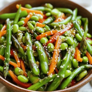 To make a fresh asparagus salad, you need high-quality ingredients. Here’s what you should gather: - 1 bunch of fresh asparagus, trimmed - 1 cup of snap peas, trimmed - 1 medium carrot, julienned - 1 red bell pepper, thinly sliced - ½ cup of edamame (shelled and cooked) - 3 green onions, chopped - ¼ cup sunflower seeds These fresh ingredients bring a crisp texture and bright colors to your salad. Asparagus is the star here, adding a tender crunch. The snap peas and carrot add a nice snap and sweetness. Red bell pepper brings a hint of tang, while edamame adds protein. A good dressing can take your salad to the next level. Here’s what you need: - 3 tablespoons sesame oil - 2 tablespoons rice vinegar - 1 tablespoon soy sauce (or tamari for gluten-free) - 1 teaspoon honey or maple syrup - Salt and pepper to taste This dressing balances flavors perfectly. The sesame oil adds richness, while rice vinegar gives a light tang. The soy sauce brings umami, and honey adds a hint of sweetness. This salad isn’t just tasty; it’s also healthy. Here are some benefits: - Asparagus is high in fiber and vitamins A, C, and K. - Edamame provides plant-based protein and iron. - The vegetables add antioxidants, which help your body. - Sunflower seeds offer healthy fats and vitamin E. Eating this salad gives your body essential nutrients. It’s a great choice for a light meal or side dish. For the full recipe, check out Crunchy Asian Asparagus Salad 🥬. To start, we need to blanch the asparagus. First, bring a pot of salted water to a boil. Add the trimmed asparagus and cook for just 2-3 minutes. This helps keep the bright green color. After that, quickly move the asparagus to a bowl of ice water. This stops the cooking. Drain the asparagus and pat it dry. Now, it’s ready to join the salad. In a large mixing bowl, combine the blanched asparagus, snap peas, julienned carrot, thinly sliced red bell pepper, cooked edamame, and chopped green onions. Each of these ingredients adds great crunch and color. Next, we make the dressing. In a small bowl, whisk together sesame oil, rice vinegar, soy sauce, honey, salt, and pepper. Make sure it’s well mixed. Then, drizzle this dressing over the vegetable mix. Gently toss everything to coat the veggies evenly. To add some crunch, sprinkle sunflower seeds on top. Give the salad a gentle toss again. This brings all the flavors together. Now, transfer the salad to a serving dish or individual bowls. For the final touch, garnish with sesame seeds. This adds flavor and makes the salad look beautiful. Enjoy your fresh asparagus salad! For the full recipe, feel free to check back for all the steps and tips. To make a great salad, you need fresh asparagus. Look for bright green stalks. They should feel firm and straight. Avoid any that are wilted or have soft spots. The tips should be tightly closed and not mushy. When you find a bunch, smell the ends. They should have a fresh, earthy scent. This means they are fresh and ready to eat. The dressing can make or break your salad. For this recipe, I love a mix of sesame oil, rice vinegar, and soy sauce. This combination gives a nice balance of flavors. Use honey or maple syrup for a hint of sweetness. Whisk all the ingredients well until they blend smoothly. Taste it! Adjust the salt and pepper to your liking. Remember, a little goes a long way. To add more crunch, sprinkle sunflower seeds on top. They add a nutty flavor that pairs well with the veggies. You can also include sesame seeds for an extra pop. If you want more color, try adding diced bell peppers or grated carrots. These not only boost flavor but also make the dish look stunning. Finally, serve the salad cold for the best taste. For the full recipe, check out the Crunchy Asian Asparagus Salad. {{image_2}} You can easily change this salad with seasonal veggies. Try adding cherry tomatoes for a sweet touch. Radishes add a nice crunch. In summer, fresh corn kernels bring sweetness. In fall, roasted butternut squash makes it hearty. These add-ins keep the salad fresh and exciting. While the sesame dressing is great, you can mix it up. A lemon vinaigrette adds brightness. Just whisk olive oil, lemon juice, salt, and pepper. A creamy dressing, like yogurt-based ranch, can be tasty too. Experiment with flavors to find what you love best. Want to make the salad more filling? Add protein! Grilled chicken or shrimp works well. For a vegetarian option, toss in chickpeas or tofu. These additions turn the salad into a complete meal. You’ll have a healthy dish packed with flavor and nutrition. For more ideas, check out the Full Recipe for Crunchy Asian Asparagus Salad. To keep your salad fresh, store it in a sealed container. This helps keep out air and moisture. Place the salad in the fridge right after serving. If you know you have leftovers, do not add the dressing until you are ready to eat. This keeps the salad crisp and tasty. When stored properly, your asparagus salad can last for about 3 days in the fridge. After that, the veggies may start to lose their crunch. If you notice any sogginess, it's best to toss it out. Always check the smell and look of the salad before eating. For this salad, reheating is not needed. Enjoy it cold for the best flavor. If you want to warm it up, do so gently in a pan. Avoid cooking it too long, as this can make the veggies mushy. You can also add fresh greens or extra veggies to liven it up. For a tasty twist, try adding a sprinkle of fresh herbs before serving. For the full recipe, refer to the section above. To prepare asparagus, first wash it well. Next, trim the tough ends. You can snap them off or cut them with a knife. Blanch the asparagus in boiling water for 2-3 minutes. This keeps the green color bright and makes it tender. After boiling, place the asparagus in ice water. This stops the cooking. Finally, drain and pat the asparagus dry before adding it to your salad. Yes, you can make this salad in advance! Prepare the dressing and chop the vegetables ahead of time. Store them separately in the fridge. When you are ready to serve, combine everything with the dressing. This keeps the vegetables fresh and crunchy. If you don’t have sesame oil, you can use olive oil or avocado oil. These oils add a nice flavor, too. You can also try toasted walnut oil for a unique taste. Just remember, the flavor will change a bit, but it will still be delicious! Absolutely! Asparagus is low in calories and high in nutrients. It is rich in vitamins A, C, E, and K. Plus, it has fiber, which is great for digestion. The other veggies and seeds in this salad also add vitamins and healthy fats. This salad is not only tasty but also very nutritious. Yes, you can use frozen asparagus, but fresh is best. If using frozen, thaw it first and drain excess water. Blanching frozen asparagus is not necessary since it’s already cooked. Keep in mind that the texture may be softer than fresh asparagus. This blog post covered how to make a fresh asparagus salad. We discussed choosing fresh ingredients, making delicious dressings, and ensuring your salad is packed with nutrients. I shared step-by-step instructions and helpful tips for selecting and preparing asparagus. You learned about fun variations to customize your salad and storage tips for leftovers. In conclusion, making a fresh asparagus salad can be easy and fun. By following these steps, you can create a tasty and healthy dish every time. Enjoy experimenting with flavors and making it your own!