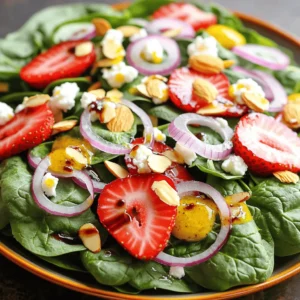 - 4 cups fresh baby spinach, rinsed and dried - 1 cup strawberries, hulled and sliced - ½ cup crumbled goat cheese - ¼ cup sliced almonds, toasted - ¼ red onion, thinly sliced - 3 tablespoons balsamic vinegar - 2 tablespoons olive oil - 1 teaspoon honey - Salt and pepper to taste To create a tasty Spinach Strawberry Salad, you need fresh, vibrant ingredients. Start with baby spinach. I love using four cups of fresh spinach. Rinse it well and dry it gently. This keeps the leaves crisp and clean. Next, let's talk about strawberries. Use one cup of fresh, hulled, and sliced strawberries. Their sweet flavor pairs perfectly with the spinach. The bright red color adds a lovely touch to your salad, making it visually appealing. Now, we need some cheese and nuts for that creamy and crunchy texture. I recommend half a cup of crumbled goat cheese. Its tangy taste enhances the salad. For a nice crunch, add a quarter cup of toasted sliced almonds. Toasting brings out their nutty flavor. Lastly, we will make a balanced dressing. For this, we need a quarter of a red onion, thinly sliced. The onion adds a sharp bite that contrasts the sweet strawberries. Combine it with three tablespoons of balsamic vinegar and two tablespoons of olive oil. Add one teaspoon of honey for sweetness, and season with salt and pepper to taste. For the full recipe, be sure to check out the detailed instructions. Enjoy crafting this fresh and flavorful delight! - Step 1: Add fresh baby spinach to a large salad bowl. - Step 2: Layer with sliced strawberries, goat cheese, almonds, and onion. First, take the fresh baby spinach and place it in a big bowl. Make sure the spinach is clean and dried. This keeps the salad crisp and fresh. Then, add the sliced strawberries on top of the spinach. Their sweetness adds a nice touch. Next, sprinkle the crumbled goat cheese over the strawberries. The creamy cheese balances the fruity taste. After that, add the sliced almonds for a crunchy texture. Finally, toss in the thinly sliced red onion for a sharp flavor kick. - Step 3: Whisk together balsamic vinegar, olive oil, honey, salt, and pepper. In a small bowl, combine the balsamic vinegar, olive oil, honey, salt, and pepper. Use a whisk to mix them well. This dressing ties all the flavors together. The vinegar gives a tangy taste, while the honey adds sweetness. Make sure it is smooth and creamy. - Step 4: Drizzle dressing over the salad. - Step 5: Toss gently and serve immediately. Just before serving, drizzle the dressing over the salad. Then, toss the salad gently with tongs or spoons. This way, all the ingredients get coated in the tasty dressing. Serve the salad right away to enjoy the fresh flavors. For more details, check out the Full Recipe. When I make this salad, I always look for bright green spinach. It should feel crisp and fresh. The strawberries must be vibrant and sweet. I prefer to use fresh goat cheese for the best flavor. It adds a creamy texture that pairs well with the fruit. For the dressing, I like to experiment. Apple cider vinegar can be a fun twist. It adds a tangy taste that enhances the salad. You can also consider adding herbs like basil or mint. They bring an extra depth of flavor that makes each bite special. Presentation makes a big difference. I arrange the salad ingredients in layers. It creates a beautiful display that is hard to resist. Serving in clear bowls showcases the colorful ingredients well. The bright colors of spinach and strawberries invite everyone to dig in. If you want the full recipe, don’t forget to check it out! {{image_2}} For a fun twist on the Spinach Strawberry Salad, try these easy variations. You can make it more filling or switch up the flavors to keep things interesting. - Add grilled chicken or shrimp for a heartier salad. - Incorporate chickpeas for a vegetarian option. Adding protein can help you feel full longer. Grilled chicken works well with the fresh flavors. Shrimp adds a nice touch and cooks fast. Chickpeas bring fiber and make the salad vegan-friendly. - Replace strawberries with blueberries or mandarin oranges. - Add slices of avocado for creaminess. Different fruits can change the taste and texture of your salad. Blueberries add a sweet burst. Mandarins bring a bright citrus note. Avocado adds a creamy feel that balances the crisp greens. - Try feta or blue cheese for a different taste profile. - Use shredded Parmesan for a salty kick. The cheese you choose can change the whole salad. Feta adds a tangy bite, while blue cheese gives a stronger flavor. Parmesan offers a salty crunch that pairs well with the sweet fruits. Feel free to mix and match these ideas to make your salad unique. For the full recipe, check the details above! You should serve this salad fresh for the best taste. However, if you have leftovers, you can store it in the fridge for up to one day. Make sure to keep the dressing separate. This keeps the salad crisp and fresh until you are ready to eat. Freezing this salad is not a good idea. The ingredients do not thaw well and can become soggy. Instead, prep the individual parts in advance. You can wash and dry the spinach, slice the strawberries, and toast the almonds ahead of time. This way, you can assemble the salad easily later. If you have leftover salad, don’t throw it away! You can use it in wraps or sandwiches for a tasty lunch. You can also add it to a grain bowl the next day. Just mix it with some quinoa or rice for a filling meal. Yes, but add dressing just before serving for freshness. This keeps the greens crisp. If you mix the salad too early, the spinach may wilt. Feta cheese or ricotta can be great alternatives. Both give a lovely flavor. Feta adds a salty bite, while ricotta brings creaminess. Use a plant-based cheese and a vegan dressing substitute. You can find many options in stores today. This way, you enjoy the same taste without dairy. Yes, it’s packed with vitamins, antioxidants, and healthy fats. Spinach offers iron and fiber. Strawberries provide vitamin C, while nuts add healthy oils. Enjoy this salad knowing it’s good for you! This blog post detailed how to create a fresh and vibrant Spinach Strawberry Salad. We covered the key ingredients, from greens and fruit to cheese and nuts. I also shared step-by-step instructions, tips for choosing and storing ingredients, and various ways to customize the salad. In conclusion, making this salad allows for creativity while enjoying healthy flavors. Keep it fresh, and don’t shy away from experimenting with different ingredients. Enjoy this delightful dish and its many variations!