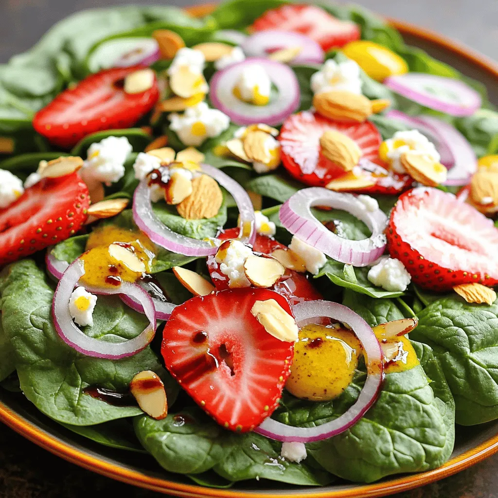 - 4 cups fresh baby spinach, rinsed and dried - 1 cup strawberries, hulled and sliced - ½ cup crumbled goat cheese - ¼ cup sliced almonds, toasted - ¼ red onion, thinly sliced - 3 tablespoons balsamic vinegar - 2 tablespoons olive oil - 1 teaspoon honey - Salt and pepper to taste To create a tasty Spinach Strawberry Salad, you need fresh, vibrant ingredients. Start with baby spinach. I love using four cups of fresh spinach. Rinse it well and dry it gently. This keeps the leaves crisp and clean. Next, let's talk about strawberries. Use one cup of fresh, hulled, and sliced strawberries. Their sweet flavor pairs perfectly with the spinach. The bright red color adds a lovely touch to your salad, making it visually appealing. Now, we need some cheese and nuts for that creamy and crunchy texture. I recommend half a cup of crumbled goat cheese. Its tangy taste enhances the salad. For a nice crunch, add a quarter cup of toasted sliced almonds. Toasting brings out their nutty flavor. Lastly, we will make a balanced dressing. For this, we need a quarter of a red onion, thinly sliced. The onion adds a sharp bite that contrasts the sweet strawberries. Combine it with three tablespoons of balsamic vinegar and two tablespoons of olive oil. Add one teaspoon of honey for sweetness, and season with salt and pepper to taste. For the full recipe, be sure to check out the detailed instructions. Enjoy crafting this fresh and flavorful delight! - Step 1: Add fresh baby spinach to a large salad bowl. - Step 2: Layer with sliced strawberries, goat cheese, almonds, and onion. First, take the fresh baby spinach and place it in a big bowl. Make sure the spinach is clean and dried. This keeps the salad crisp and fresh. Then, add the sliced strawberries on top of the spinach. Their sweetness adds a nice touch. Next, sprinkle the crumbled goat cheese over the strawberries. The creamy cheese balances the fruity taste. After that, add the sliced almonds for a crunchy texture. Finally, toss in the thinly sliced red onion for a sharp flavor kick. - Step 3: Whisk together balsamic vinegar, olive oil, honey, salt, and pepper. In a small bowl, combine the balsamic vinegar, olive oil, honey, salt, and pepper. Use a whisk to mix them well. This dressing ties all the flavors together. The vinegar gives a tangy taste, while the honey adds sweetness. Make sure it is smooth and creamy. - Step 4: Drizzle dressing over the salad. - Step 5: Toss gently and serve immediately. Just before serving, drizzle the dressing over the salad. Then, toss the salad gently with tongs or spoons. This way, all the ingredients get coated in the tasty dressing. Serve the salad right away to enjoy the fresh flavors. For more details, check out the Full Recipe. When I make this salad, I always look for bright green spinach. It should feel crisp and fresh. The strawberries must be vibrant and sweet. I prefer to use fresh goat cheese for the best flavor. It adds a creamy texture that pairs well with the fruit. For the dressing, I like to experiment. Apple cider vinegar can be a fun twist. It adds a tangy taste that enhances the salad. You can also consider adding herbs like basil or mint. They bring an extra depth of flavor that makes each bite special. Presentation makes a big difference. I arrange the salad ingredients in layers. It creates a beautiful display that is hard to resist. Serving in clear bowls showcases the colorful ingredients well. The bright colors of spinach and strawberries invite everyone to dig in. If you want the full recipe, don’t forget to check it out! {{image_2}} For a fun twist on the Spinach Strawberry Salad, try these easy variations. You can make it more filling or switch up the flavors to keep things interesting. - Add grilled chicken or shrimp for a heartier salad. - Incorporate chickpeas for a vegetarian option. Adding protein can help you feel full longer. Grilled chicken works well with the fresh flavors. Shrimp adds a nice touch and cooks fast. Chickpeas bring fiber and make the salad vegan-friendly. - Replace strawberries with blueberries or mandarin oranges. - Add slices of avocado for creaminess. Different fruits can change the taste and texture of your salad. Blueberries add a sweet burst. Mandarins bring a bright citrus note. Avocado adds a creamy feel that balances the crisp greens. - Try feta or blue cheese for a different taste profile. - Use shredded Parmesan for a salty kick. The cheese you choose can change the whole salad. Feta adds a tangy bite, while blue cheese gives a stronger flavor. Parmesan offers a salty crunch that pairs well with the sweet fruits. Feel free to mix and match these ideas to make your salad unique. For the full recipe, check the details above! You should serve this salad fresh for the best taste. However, if you have leftovers, you can store it in the fridge for up to one day. Make sure to keep the dressing separate. This keeps the salad crisp and fresh until you are ready to eat. Freezing this salad is not a good idea. The ingredients do not thaw well and can become soggy. Instead, prep the individual parts in advance. You can wash and dry the spinach, slice the strawberries, and toast the almonds ahead of time. This way, you can assemble the salad easily later. If you have leftover salad, don’t throw it away! You can use it in wraps or sandwiches for a tasty lunch. You can also add it to a grain bowl the next day. Just mix it with some quinoa or rice for a filling meal. Yes, but add dressing just before serving for freshness. This keeps the greens crisp. If you mix the salad too early, the spinach may wilt. Feta cheese or ricotta can be great alternatives. Both give a lovely flavor. Feta adds a salty bite, while ricotta brings creaminess. Use a plant-based cheese and a vegan dressing substitute. You can find many options in stores today. This way, you enjoy the same taste without dairy. Yes, it’s packed with vitamins, antioxidants, and healthy fats. Spinach offers iron and fiber. Strawberries provide vitamin C, while nuts add healthy oils. Enjoy this salad knowing it’s good for you! This blog post detailed how to create a fresh and vibrant Spinach Strawberry Salad. We covered the key ingredients, from greens and fruit to cheese and nuts. I also shared step-by-step instructions, tips for choosing and storing ingredients, and various ways to customize the salad. In conclusion, making this salad allows for creativity while enjoying healthy flavors. Keep it fresh, and don’t shy away from experimenting with different ingredients. Enjoy this delightful dish and its many variations!