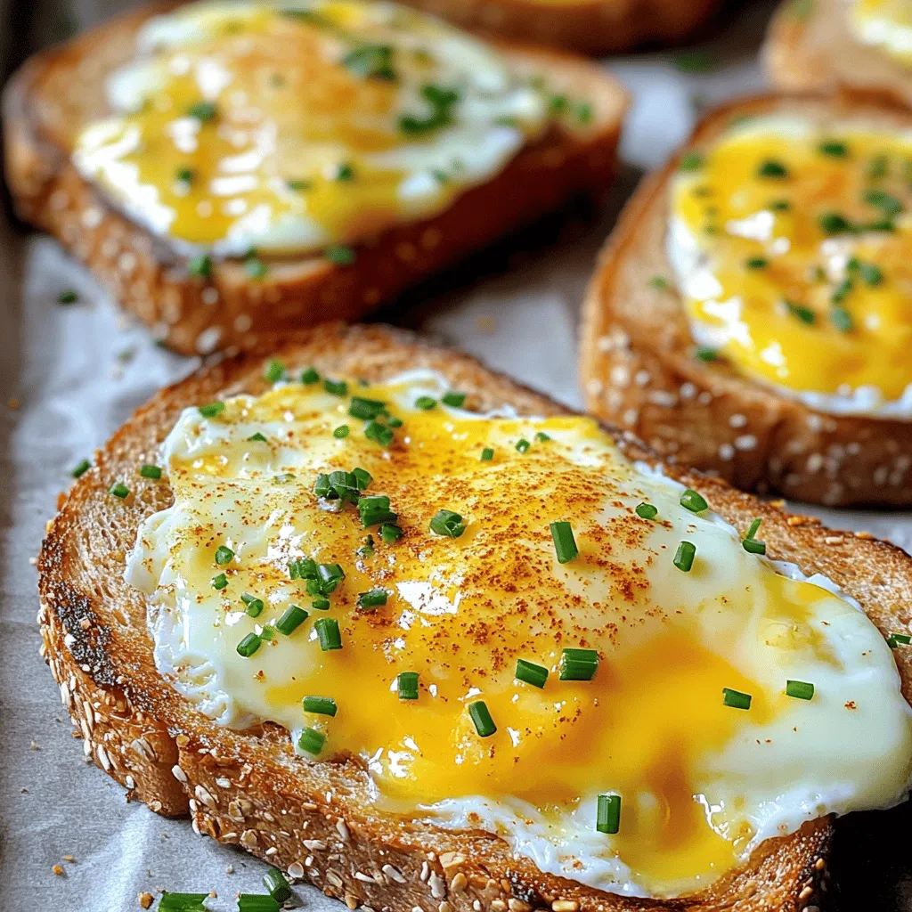 - Whole grain bread - Large eggs - Shredded cheddar cheese - Butter - Salt and pepper - Paprika - Fresh chives or parsley If you want to change things up, consider these options. For bread, try white or sourdough. Gluten-free bread works well too. For cheese, mozzarella or pepper jack can add a fun twist. You can also use egg substitutes like tofu or chickpea flour if you prefer. Add depth to your toast with herbs and spices. Try adding garlic powder, onion powder, or even a dash of hot sauce. For cheese blends, mix in gouda or feta for a unique flavor. These changes can make your dish really stand out! Preheating the air fryer Start by preheating your air fryer to 350°F (175°C). This step helps the toast cook evenly and get that nice crispy texture. Buttering the bread Take your 4 slices of whole grain bread and spread a thin layer of butter on one side of each slice. This will create a golden crust when you cook it. Make sure to cover the entire surface for the best results. Arranging bread in the air fryer Place the slices of bread, buttered side up, in the air fryer basket. Do not overcrowd the basket; you may need to cook in batches if your air fryer is small. Adding eggs and cheese Now crack an egg into the center of each slice of bread. Be gentle to keep the yolk intact. Season each egg with salt, pepper, and optional paprika. Then, sprinkle a generous amount of shredded cheddar cheese over the eggs. Monitoring cooking time for desired egg doneness Cook your egg and cheese toast for about 8 to 10 minutes. Check at the 8-minute mark. If you want a runny yolk, stop there. For a firmer yolk, cook longer. Tips for batch cooking If you have more bread to cook, keep the first batch warm in an oven set to low. This way, all your toast can be served hot at the same time. Enjoy your delicious meal! For the full recipe, check out the complete guide. To get the best eggs, check the yolk consistency. If you like runny yolks, pull the toast out at 8 minutes. For firmer yolks, let it cook longer. Keep an eye on the eggs as they cook to avoid overcooked eggs. Overcooked eggs can turn rubbery fast, so timing is key. You can enhance the flavor with fun toppings. Try adding diced tomatoes, spinach, or even crispy bacon. You can also use flavored butters, like garlic or herb butter, for an extra kick. This adds layers of taste to your toast and makes each bite exciting. To prevent sticking, use parchment paper in the air fryer basket. This makes cleanup easier too. After cooking, let the basket cool down before cleaning. Use warm, soapy water to clean it well. Keeping your air fryer clean helps it last longer and cook better. For the complete cooking process, check out the Full Recipe for the Cheesy Air Fryer Egg Toast. {{image_2}} You can use many types of bread for this toast. Whole grain bread gives a nice nutty flavor and a heartier bite. It adds fiber, too. If you prefer white bread, that works great as well. It gets crispy and soft in the air fryer. For those who need gluten-free options, look for gluten-free bread. Many brands offer tasty choices that still work well with this recipe. Want to boost the nutrition? Add some veggies! Spinach is a great option. Just toss a handful on the bread before adding the egg. Tomatoes also work well. They add a fresh taste and juiciness. If you are vegan or prefer plant-based options, try plant-based cheese. There are many good brands that melt nicely and taste great, too. Let’s talk about flavor! If you like a kick, add jalapeños. They bring heat and a fun crunch. You can also try a sweet twist. Spread some mashed avocado on the bread before the egg. For a unique taste, drizzle a little maple syrup on top after cooking. It adds a nice contrast to the savory cheese and egg. Feel free to mix and match these ideas to create your perfect bite! For the full recipe, check the link. To store your leftover air fryer egg and cheese toast, wait for it to cool. Place it in an airtight container. This keeps the toast fresh and prevents it from drying out. You can store it in the fridge for up to three days. If you want to keep it longer, consider freezing it. To reheat your toast, the air fryer is your best friend. Set it to 350°F (175°C) and warm the toast for about 3-5 minutes. This method keeps the bread crispy and the cheese melty. Avoid using the microwave, as it can make the toast soggy. You can freeze prepared egg and cheese toast for later use. Make sure the toast is completely cool before wrapping it tightly in plastic wrap. Then, place it in a freezer bag. It can stay fresh for up to a month. To thaw, place it in the fridge overnight. Reheat in the air fryer as mentioned earlier for best results. Cooking Air Fryer Egg and Cheese Toast takes about 8 to 10 minutes. You should preheat your air fryer to 350°F (175°C) before cooking. This time allows the eggs to cook to your desired doneness. Check around the 8-minute mark. If you like runny yolks, pull it out then. For firmer yolks, let it cook the full 10 minutes. Yes, you can use many types of cheese! Some great options are mozzarella, gouda, or pepper jack. Each cheese gives a unique flavor. You can mix and match cheeses for added taste. Just make sure the cheese melts well for that gooey texture we all love! This toast pairs well with fresh fruit or a simple salad. You can also add crispy bacon or sausage for extra protein. A side of sliced avocado adds creaminess too. These sides make for a balanced meal and keep things tasty! Absolutely! You can make a batch of these toast slices ahead of time. Just cook them and store in the fridge. When you're ready to eat, reheat them in the air fryer for a quick meal. This way, you save time and enjoy a delicious breakfast or lunch anytime. For a busy week, this is a perfect option. Check out the Full Recipe for more details! This blog post covered making Air Fryer Egg and Cheese Toast. You learned about key ingredients, prep steps, and cooking time. We discussed substitutes, flavor variations, and important tips for great results. Use these tips to enjoy a tasty meal that fits your needs. Experiment with different ingredients and flavors to find what works best for you. Discover your favorite version of this dish, and make it again and again!
