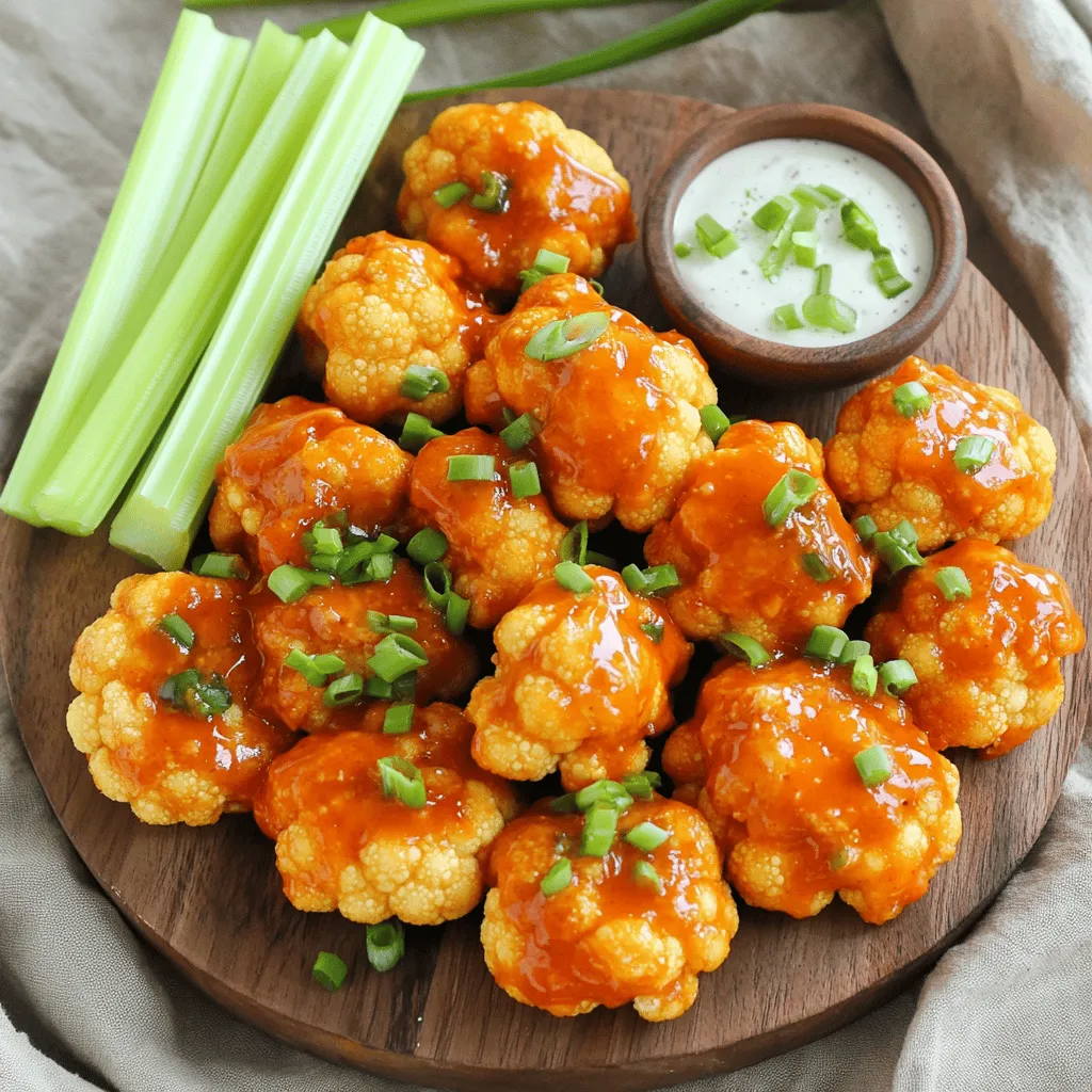 To make tasty Air Fryer Buffalo Cauliflower, you need these main ingredients: - 1 medium head of cauliflower, cut into bite-sized florets - 1 cup all-purpose flour - 1 cup water - 1 teaspoon garlic powder - 1 teaspoon onion powder - 1 teaspoon paprika - ½ teaspoon salt - ½ teaspoon black pepper - ½ cup buffalo sauce (mild or hot, based on preference) - 1 tablespoon olive oil These ingredients come together to create a crunchy and spicy snack. If you want to boost the flavor, consider adding: - 1 teaspoon smoked paprika for a smoky taste - 1 tablespoon nutritional yeast for a cheesy flavor - 1 tablespoon hot sauce for extra heat - Fresh herbs like parsley or chives for garnish These options can make your dish even more exciting! For the best flavor, I recommend using: - Frank's RedHot for buffalo sauce, as it gives a classic taste - King Arthur Flour for all-purpose flour, known for its quality These brands help ensure your Air Fryer Buffalo Cauliflower turns out delicious every time. For the full recipe, check out the details above. First, wash and dry your cauliflower. This step is key to getting crispy bites. Cut the cauliflower into bite-sized florets. Aim for even sizes so they cook well. Smaller pieces will cook faster, while larger ones may take longer. In a large bowl, mix the flour, garlic powder, onion powder, paprika, salt, and black pepper. Use a whisk to blend these dry ingredients. Now, slowly add water while whisking. Keep mixing until you have a smooth, thick batter. This batter will coat the cauliflower and give it a crunchy texture. Dip each floret into the batter. Make sure they’re fully coated. Let the excess batter drip off before placing them in the air fryer basket. Preheat your air fryer to 375°F (190°C) for about 5 minutes. Arrange the coated cauliflower in a single layer. Avoid overcrowding for even cooking. Lightly spray with olive oil to enhance crispiness. Air fry for about 15 minutes. Shake the basket halfway through cooking. After the first cook, toss the cauliflower in buffalo sauce until evenly coated. Return them to the air fryer for an extra 5 minutes. This final cook helps the sauce stick and adds crunch. For the full details, check out the [Full Recipe]. To get the best results, cut your cauliflower into uniform pieces. Aim for bite-sized florets. This way, they cook evenly and finish at the same time. When you fill the air fryer, arrange the florets in a single layer. This helps hot air circulate around them. If you crowd the basket, some will cook slower than others. Crispy bites are the goal! To achieve this, make sure you coat the florets well. After you coat them in batter, let any excess dribble off. Lightly spray them with olive oil before air frying. This creates a golden and crispy texture. Remember to shake the basket halfway through cooking. This helps all sides crisp up nicely. Buffalo sauce can be mild or hot. Choose your heat level based on your taste. If you want a milder flavor, use less sauce or opt for a milder brand. For extra heat, add more sauce after cooking. Toss the cooked cauliflower in the sauce for a great flavor boost. You can always serve extra sauce on the side for dipping too. {{image_2}} To make this dish vegan, you can easily swap the all-purpose flour with a chickpea flour blend. Mix chickpea flour and water in the same way. This will give you a nice, thick batter. You can also use any plant-based buffalo sauce. Look for brands that do not use dairy. This keeps your snack dairy-free and just as tasty. For a gluten-free version, replace all-purpose flour with a gluten-free blend. Many brands offer a 1:1 ratio for baking. You can also use almond flour or coconut flour. Just remember that these flours may change the texture slightly. Mix in the same way as with regular flour. The outcome will still be crunchy and full of flavor. While buffalo sauce is classic, don't be afraid to get creative. Try a honey mustard sauce for a sweet kick. You can also use sriracha for a spicy twist. Barbecue sauce will add a smoky flavor. Experiment with your favorite sauces to find your best combination. Each option brings its unique taste to the cauliflower bites. To keep your leftover buffalo cauliflower fresh, place it in an airtight container. Store it in the fridge for up to three days. Make sure it cools down completely before sealing. This helps keep the bites crispy and tasty. When reheating, use the air fryer for best results. Set it to 350°F (175°C). Heat for about 5 to 7 minutes. This keeps the cauliflower crunchy. You can also use a regular oven, but the air fryer is quicker. You can freeze buffalo cauliflower for up to a month. Place the cooled bites in a single layer on a baking sheet. Freeze them for about an hour. Once frozen, transfer to a freezer bag. This method prevents them from sticking together. To enjoy, just reheat them in the air fryer straight from the freezer. It takes about 30 minutes to cook Air Fryer Buffalo Cauliflower. You spend 10 minutes prepping and about 20 minutes cooking. You air fry the cauliflower for 15 minutes, then toss it with sauce and cook for 5 more minutes. This makes the bites crispy and full of flavor. Yes, you can make Air Fryer Buffalo Cauliflower in advance. You can prepare the cauliflower and batter earlier in the day. Just keep them in the fridge until you are ready to cook. This way, you save time when you want a quick snack or side dish. Buffalo Cauliflower pairs well with many foods. Here are some great options: - Celery sticks - Carrot sticks - Ranch dressing - Blue cheese dressing - Fresh herbs like parsley or green onions These sides add crunch and balance the heat of the cauliflower. You can also serve it with your favorite dip for extra flavor. For the full recipe, check out the provided link. In this post, we covered how to make Air Fryer Buffalo Cauliflower from scratch. We discussed the main and optional ingredients needed for great flavor. I shared step-by-step instructions, helpful tips for cooking, and variations for different diets. Lastly, we addressed how to store and reheat leftovers. Buffalo cauliflower is easy and fun to make. You can enjoy it as a snack or side dish. With these tips, you’ll serve up crispy, tasty bites in no time.
