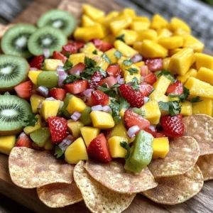 - Strawberries - Kiwis - Pineapple - Mango I love using fresh fruits for this salsa. Strawberries add sweetness, while kiwis bring a tang. Pineapple contributes a juicy burst, and mango gives a smooth texture. Each fruit creates a colorful mix that brightens up the dish. - Red Onion - Fresh Cilantro - Lime Juice - Honey (optional) - Pinch of Salt Adding red onion gives a nice crunch and sharp flavor. Fresh cilantro adds a hint of earthiness. Lime juice brightens everything up. If you want more sweetness, honey is a tasty choice. A pinch of salt helps balance the flavors. - Flour Tortillas - Sugar - Ground Cinnamon - Melted Butter For the chips, flour tortillas are perfect. They bake up crispy and light. Mixing sugar and ground cinnamon creates a sweet topping. Brushing the tortillas with melted butter makes everything stick together and taste divine. For the full recipe, check out the detailed instructions below! To start, gather your fresh fruits. You will need strawberries, kiwis, pineapple, and mango. Dice them into small pieces. In a large bowl, combine all the diced fruits. Next, finely chop the red onion and cilantro. Gently fold these into the fruit mixture. Now, it’s time to dress the salsa. Squeeze fresh lime juice over the fruits. If you like, add honey for sweetness. Don’t forget a pinch of salt to enhance the flavors. Mix everything gently. Cover the bowl and let it chill in the refrigerator for about 30 minutes. This helps the flavors blend beautifully. First, preheat your oven to 350°F (175°C). While it heats, grab your flour tortillas. Use a sharp knife or kitchen scissors to cut each tortilla into sixths. This will create triangle shapes that are perfect for dipping. In a small bowl, mix together the sugar and ground cinnamon. This is your cinnamon sugar mixture. Brush the melted butter on each tortilla triangle. Then, sprinkle the cinnamon sugar on both sides of the triangles. Make sure they are well-coated for the best flavor. Now, arrange the coated tortilla triangles on a baking sheet. Lay them out in a single layer. This helps them bake evenly. Place the baking sheet in the oven and bake for 8-10 minutes. Watch closely to avoid burning. When they turn golden and crispy, they are ready. Once baked, take them out and let them cool for a few minutes. They will be warm and crunchy, ready to serve with your chilled fruit salsa. Enjoy this delightful treat! For the complete recipe, refer to the Full Recipe section above. Select ripe fruits for your salsa. Ripe fruits have better taste and sweetness. Look for strawberries that are bright red. Choose kiwis that feel slightly soft. Pineapples should smell sweet and have a golden hue. Mangoes should yield slightly when pressed. You can use seasonal fruits too. In summer, try peaches or cherries. In fall, apples or pears can work well. To avoid burning your chips, watch them closely while baking. The oven can be tricky, and they can burn fast. Bake them until they look golden. For crispiness, make sure you coat them well with butter. Spread them out in a single layer on the baking sheet. This helps them cook evenly and stay crisp. Pair your fruit salsa with other snacks. It goes well with cheese platters or yogurt dips. For special occasions, serve it at parties or picnics. It’s a refreshing treat on hot days. You can even use it as a topping for desserts. This adds a burst of flavor and color. Enjoy it with friends and family for a fun time! {{image_2}} You can mix many fruits for your salsa. Here are some fun ideas: - Tropical twist options: Try adding diced mango, coconut, and papaya. These fruits bring a sunny vibe to your salsa. - Berry blast variations: Use blueberries, raspberries, and blackberries for a berry-filled delight. This adds a sweet and tart flavor. You can change the flavor of your cinnamon sugar chips easily. Consider these ideas: - Adding different spices: Try adding nutmeg or cardamom to the cinnamon sugar. These spices give a different twist. - Sweet vs. savory options: For a savory chip, skip the sugar. Instead, sprinkle salt, garlic powder, or chili powder. Want a healthier snack? Here are some options to consider: - Using whole grain tortillas: These tortillas add fiber and nutrients. They still taste great with cinnamon sugar. - Reducing sugar in chips: Use less sugar or substitute with a sugar alternative. You can still enjoy flavorful chips without all the sugar. Explore the Full Recipe to create your perfect fruit salsa and chips! Keep your fruit salsa in a tight container. This helps keep it fresh. Store it in the fridge. It will stay good for about 3 days. After that, the fruits may get mushy. The flavors blend better if you let it chill for a bit. But, eat it sooner for the best taste. For the chips, use an airtight container. This keeps them crispy and fresh. If they get soft, don’t worry! You can make them crunchy again. Just bake them in the oven at 350°F for a few minutes. This will revive their crispiness. Can you freeze the salsa? Yes, but it's best to eat it fresh. If you want to freeze it, place it in a freezer bag. Remove as much air as possible. It can last up to 2 months this way. When you’re ready to eat, thaw it in the fridge overnight. For the chips, it's simple to freeze them too. Place them in a freezer bag. When you want to enjoy them, just bake from frozen. This makes them crunchy and tasty again. Check out the Full Recipe for more details! Yes, you can make fruit salsa ahead of time. It tastes better after some time in the fridge. I suggest making it a few hours before serving. This way, the flavors mix well. Just cover it tightly to keep it fresh. The best fruits for this recipe are strawberries, kiwis, pineapple, and mango. They add bright colors and sweet flavors. You can also try blueberries, peaches, or even apples. Use fruits that you love for a personal touch. You can make the chips in a skillet. Heat a non-stick skillet over medium heat. Fry each tortilla triangle for 1-2 minutes on each side until golden. Then, sprinkle with cinnamon sugar. It’s a quick way to make them crispy! Absolutely! This snack offers fresh fruits full of vitamins. The cinnamon sugar chips add a fun crunch. If you want to make it even healthier, use whole grain tortillas. It’s a great balance of flavors and nutrition. You can add spice by including jalapeños or chili powder. Start with a little and taste it. This way, you can control the heat level. If you like it mild, skip the spicy ingredients. This blog post covered how to make a fresh fruit salsa and tasty cinnamon sugar chips. You learned about the best ingredients to use and how to combine them for max flavor. I shared helpful tips for choosing fruits and making crunchy chips. Plus, I offered ways to customize the salsa and chips for your taste. Now, you can impress your friends with this fun snack. Enjoy your sweet and fruity creation!