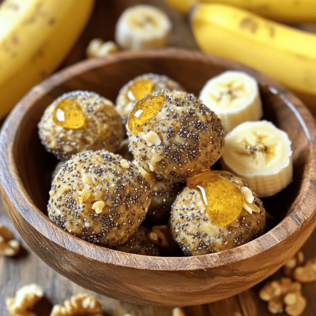 To make these tasty energy bites, you need a few key ingredients. Here’s what you need: - 2 ripe bananas, mashed - 1 cup rolled oats - ¼ cup almond butter (or any nut butter) - 2 tablespoons chia seeds - 1 teaspoon vanilla extract - ½ teaspoon cinnamon - 1 tablespoon honey or maple syrup (optional, for sweetness) - ¼ cup chopped walnuts (or pecans) - Pinch of salt These ingredients bring together flavor and nutrition. The bananas give natural sweetness, while chia seeds add fiber and healthy fats. You can make these bites your own. Here are some fun options: - Chocolate chips for a sweet treat - Dried fruits like raisins or cranberries - Different nuts for varied crunch - Nutmeg for a warm spice twist - Shredded coconut for extra texture Feel free to mix and match. This way, you can create a bite that suits your taste! If you lack an ingredient, don’t worry. Here are some swaps: - Use peanut butter instead of almond butter. - Swap walnuts for sunflower seeds for a nut-free option. - You can use any sweetener in place of honey or maple syrup. - For gluten-free bites, make sure to choose certified gluten-free oats. These substitutions keep the bites tasty while fitting your needs. Enjoy experimenting and finding your perfect mix! Start by peeling and mashing two ripe bananas in a large bowl. Use a fork to mash them until smooth. Next, add ¼ cup of almond butter and 1 teaspoon of vanilla extract. Mix these until they blend well. This creates a creamy base for the energy bites. In the same bowl, add 1 cup of rolled oats, 2 tablespoons of chia seeds, ½ teaspoon of cinnamon, and a pinch of salt. Stir everything together until well mixed. This step adds texture and flavor to your energy bites. If you like them sweeter, you can add 1 tablespoon of honey or maple syrup at this point. Finally, fold in ¼ cup of chopped walnuts or pecans for a nice crunch. Once your mixture is ready, cover the bowl and put it in the fridge for 20-30 minutes. This helps it firm up. After chilling, take small portions of the mixture and roll them into balls, about 1 inch in size. Place these on a lined baking sheet. For extra flavor, you can roll them in chia seeds or shredded coconut. Chill the bites again for at least 30 minutes before you enjoy them. For the full recipe, check out the earlier section. To get the best texture for your chia banana bread energy bites, focus on the bananas. Use ripe bananas as they add natural sweetness and moisture. Mash them well so there are no big lumps. The oats should be rolled oats, not instant. They give a chewy texture. Mixing the ingredients gently helps keep the bites from becoming too dense. You can adjust the sweetness to fit your taste. The ripe bananas already add sweetness. If you want it sweeter, add honey or maple syrup. Use only a tablespoon to start. Taste the mixture before you chill it. You can always add more if needed. This way, you control the sweetness level. Serving your energy bites can be fun! Place them in a small bowl and sprinkle some chia seeds on top. You can also drizzle a little honey for extra flair. These bites are perfect for snacks or a quick breakfast. Try pairing them with yogurt or fruit for a balanced meal. They are great for kids and adults alike! {{image_2}} You can make a nut-free version of these energy bites. Just swap out the nut butter for sunflower seed butter. This keeps the bites creamy and tasty without nuts. It’s a great choice if you have allergies. The flavor still shines through, and you won't miss the nuts! Want to mix things up? Add chocolate chips or dried fruit. Both options boost flavor and fun. Dark chocolate chips add sweetness and a rich taste. Dried fruit, like raisins or cranberries, adds chewiness and natural sweetness. You can also use coconut flakes for a tropical twist. Just fold these extras in with the other ingredients. You can try other nut butters for different tastes. Peanut butter gives a classic flavor. Cashew butter is smooth and mild. Each nut butter brings its unique taste and texture. This allows you to customize the bites to suit your mood. Just remember, if you switch the nut butter, the flavor will change, too! For the complete recipe, check out the Full Recipe. To keep your Chia Banana Bread Energy Bites fresh, store them in an airtight container. Place a sheet of parchment paper between layers if stacking them. This helps prevent sticking. Keep the container in the fridge. This will keep the bites firm and tasty. When stored correctly, these energy bites last up to one week in the fridge. If you notice any change in smell or texture, it's best to toss them. Always check for freshness before grabbing a bite! You can freeze these energy bites for longer storage. Place them on a baking sheet in a single layer. Freeze for about two hours, then transfer them to a freezer-safe bag. They can last up to three months in the freezer. When ready to eat, just take out a few and let them thaw in the fridge. Enjoy them anytime! Chia Banana Bread Energy Bites are packed with nutrients. Each bite has about 100 calories. They contain healthy fats, fiber, and protein. You get around 3 grams of protein and 2 grams of fiber per bite. The chia seeds add omega-3 fatty acids, which are good for your heart. Bananas provide potassium and natural sweetness. This snack is not only tasty but also healthy. Yes, you can easily make these energy bites vegan. Just replace honey with maple syrup. This swap keeps the sweetness without using animal products. All other ingredients, like oats and chia seeds, are already vegan. Using nut butter, like almond or peanut butter, also keeps it plant-based. Enjoy a simple, vegan snack that fuels your day. Making these energy bites gluten-free is simple. Just use certified gluten-free oats instead of regular oats. Most nut butters are gluten-free, so check the label. This way, you avoid gluten while still enjoying the bites. It’s a great option for those with gluten allergies or sensitivities. You can add many ingredients to make these bites more exciting. Consider mixing in chocolate chips or dried fruit for added flavor. You can also use different nuts or seeds for texture. Try adding a scoop of protein powder for an extra boost. Customize to your liking while keeping the base flavors intact. Check the Full Recipe for more ideas! These Chia Banana Bread Energy Bites are simple and fun to make. You’ve learned about key ingredients, preparation steps, and ways to customize your bites. Use the tips to get the best texture and flavor. Remember, storing them right helps keep them fresh. With various options, you can make these bites suit your taste and diet needs. Experiment and enjoy your healthy snacks!