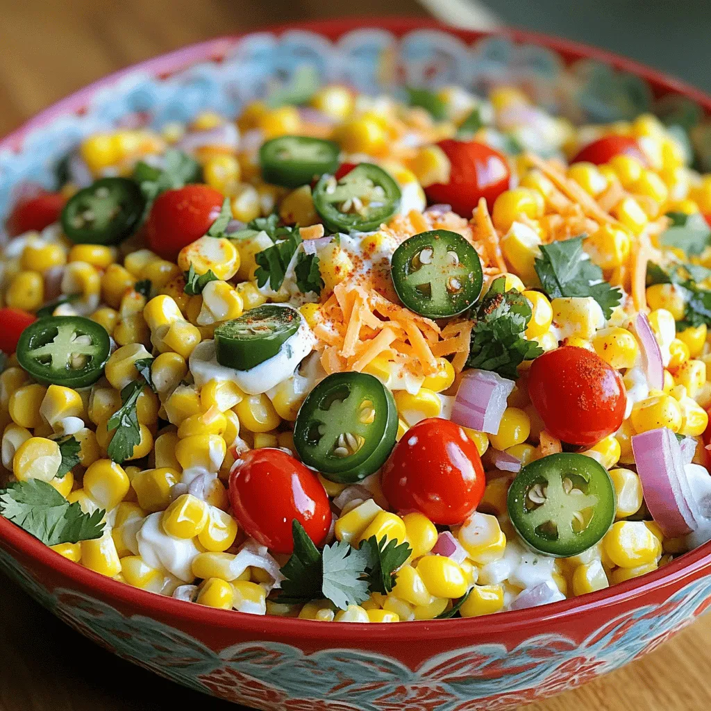 - 4 cups fresh corn kernels (or 2 cans of corn, drained) - 2 jalapeños, diced and seeds removed for mildness - 1 cup cherry tomatoes, halved - 1/2 cup red onion, finely chopped - 1 cup cream cheese, softened - 1/2 cup sour cream - 1 cup shredded cheddar cheese - 1 tablespoon lime juice - 1 teaspoon garlic powder - 1 teaspoon smoked paprika - Salt and pepper to taste Gathering fresh ingredients is key for this salad. I love using sweet corn. You can use fresh corn or canned. Fresh corn tastes better, but canned works great too. Jalapeños add heat. If you want it milder, remove the seeds. Cherry tomatoes bring color and sweetness. They also add a juicy burst with every bite. Red onion gives a nice crunch and a mild bite. For the creamy part, I use cream cheese and sour cream. They create a rich base. Cheddar cheese adds a sharp flavor that makes this dish shine. The seasonings are simple but powerful. Lime juice brightens the flavors. Garlic powder gives a nice depth. Smoked paprika adds a smoky touch. Finally, salt and pepper balance everything out. These ingredients come together for a fresh and tasty salad. You can find the full recipe above to make your own Jalapeno Popper Corn Salad. To start, you can use fresh corn or canned corn. Fresh corn gives a sweet and crisp bite. If you choose fresh corn, bring a pot of water to a boil. Add the corn and cook for about 5-7 minutes. Drain the corn and let it cool. For canned corn, just drain and rinse it well. This removes extra salt and makes it fresh. Next, mix the fresh ingredients in a large bowl. Add the cooked corn, diced jalapeños, halved cherry tomatoes, and chopped red onion. It’s key to remove the seeds from the jalapeños. This step helps keep the salad mild and tasty. If you want more heat, feel free to leave some seeds in. Now, let’s whip up the cream cheese mixture. In a small bowl, combine softened cream cheese, sour cream, lime juice, garlic powder, smoked paprika, salt, and pepper. Mix until smooth. A smooth consistency helps the cream cheese blend perfectly with the salad. Pour the cream cheese mixture over the corn and veggies. Gently fold everything together until all the ingredients are coated. This ensures each bite is full of flavor. Then, fold in the shredded cheddar cheese and cilantro, if you’re using it. Taste and adjust the seasoning as needed. You may want more lime juice or salt. Chilling is important for the flavors to meld. Place the salad in the fridge for at least 30 minutes before serving. This wait makes the salad even better. It’s like letting a fine wine breathe! Serve it cold for the best taste. For the full recipe, check the main section. You can adjust the spiciness of your Jalapeno Popper Corn Salad by using fresh jalapeños. For a milder taste, simply remove the seeds and white membranes before dicing. If you want more heat, leave some seeds in. You can also try using pickled jalapeños for a tangy twist. If cream cheese or sour cream isn’t your favorite, you can swap them out. Try Greek yogurt for a tangy flavor and creamy texture. For dairy-free options, use cashew cream or coconut yogurt. These alternatives still keep the salad rich and tasty. To serve your salad, pick a big, colorful bowl. This makes the bright colors pop and invites people to dig in. You can also layer the salad in individual cups for a fun touch. Garnish with extra cheddar cheese and fresh cilantro on top for a beautiful look. Adding lime wedges on the side gives an extra burst of flavor. Each serving of this salad has about 300 calories. It packs a good amount of fiber, protein, and healthy fats. To make it even healthier, consider using low-fat cream cheese and sour cream. You can also add more veggies like bell peppers or corn to boost nutrients without adding many calories. This way, you enjoy a tasty dish that fits into your healthy eating plan. {{image_2}} You can swap out fresh corn for frozen corn. Just thaw it before mixing. If you cannot find fresh jalapeños, use pickled jalapeños for a tangy twist. For a dairy-free option, substitute cream cheese with cashew cream. You can also use coconut yogurt instead of sour cream. In summer, add fresh bell peppers or cucumbers for a crunchy bite. In fall, consider mixing in diced apples or pears for sweetness. This salad works well with seasonal veggies, so feel free to experiment. You can also toss in fruits like mango or pineapple for a fun flavor change. To spice things up, add chili powder or cayenne pepper. Fresh herbs like dill or basil can brighten the salad. For extra protein, mix in cooked chicken or crispy bacon. These additions can make the salad a filling meal on its own. You can find the Full Recipe to guide you through these variations. To keep your Jalapeno Popper Corn Salad fresh, store it in the fridge. Use an airtight container. This helps stop air from spoiling the flavors. The salad stays good for 3 to 5 days. I like to cover it with plastic wrap or a lid. This keeps it moist and tasty. You can freeze this salad, but it may change texture. If you want to freeze it, scoop out the cream cheese mixture. Freeze the corn and veggies separately. When you want to eat it, let it thaw in the fridge overnight. Mix in the cream cheese mixture fresh when ready to serve. This makes it taste better. To make day-old salad taste new, add fresh ingredients. Chopped cilantro or extra tomatoes work great. You can also squeeze in more lime juice for a zesty kick. Taste and adjust the salt or pepper as needed. This brings back the flavors and makes the salad enjoyable again. For an extra touch, serve with a sprinkle of cheese on top. Enjoy your refreshed dish! Yes, you can make this salad ahead of time. It tastes even better after sitting. To do this, prepare the salad and chill it in the fridge. I suggest making it a few hours before serving. This time lets the flavors mix well. Just remember to stir it again before you serve. The spice level depends on how you prepare the jalapeños. If you want less heat, remove the seeds and ribs. This part holds most of the spice. You can also use fewer jalapeños or swap them for mild peppers. This salad can fit anyone's spice preference. This salad pairs well with many dishes. You can serve it with grilled chicken or fish. It also goes great with burgers or tacos. Try it with some tortilla chips for extra crunch. This salad adds a fresh touch to any meal. Yes, all the ingredients in this salad are gluten-free. The corn, vegetables, and dairy do not contain gluten. This makes it a safe choice for anyone with gluten allergies. Always check the labels if you use packaged ingredients. Enjoy this dish worry-free! In this article, we explored how to make a tasty Jalapeno Popper Corn Salad. We covered fresh ingredients like corn and tomatoes, creamy dairy additions, and the right spices. You learned how to mix, assemble, and chill the salad for the best flavor. I shared tips for customizing your dish and storing leftovers. Enjoy your salad, and don’t forget to make it your own! Happy cooking!