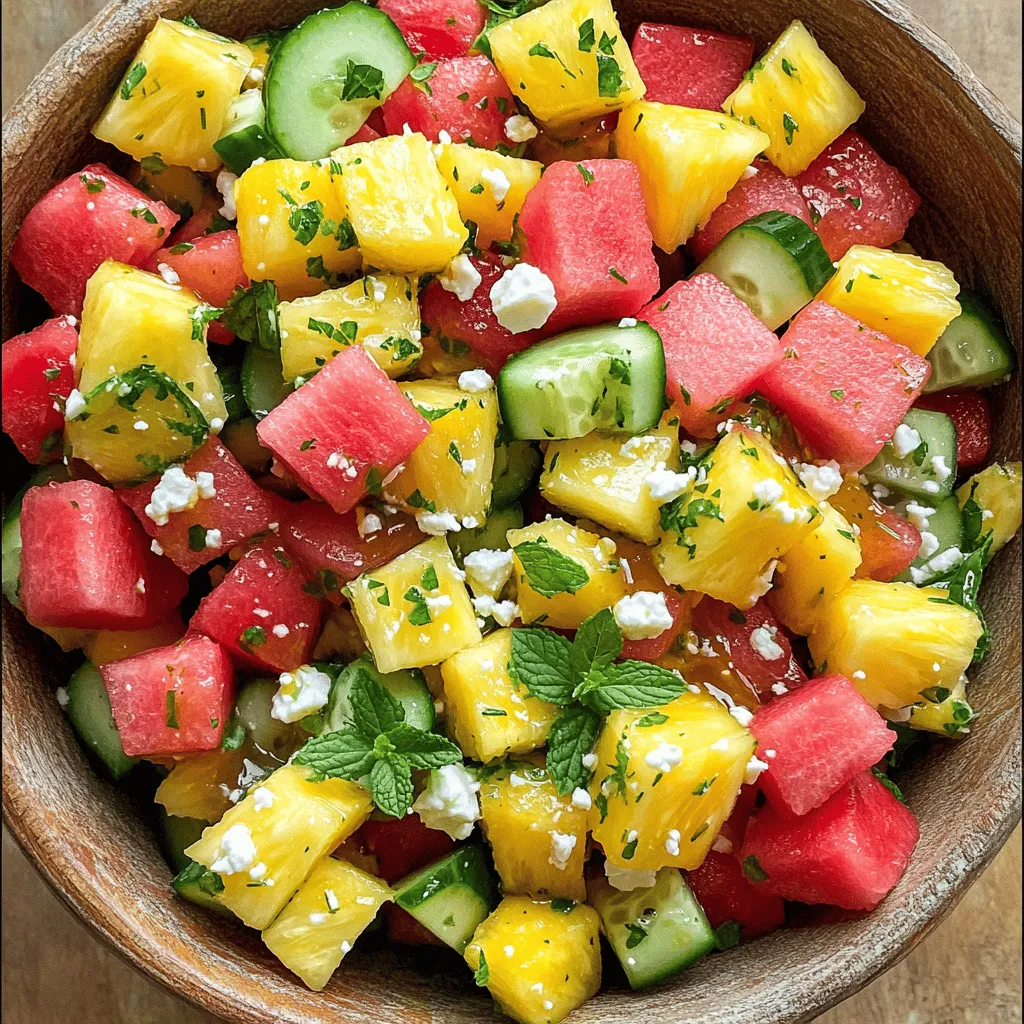 To make a fresh and tasty watermelon pineapple salad, you need: - 2 cups seedless watermelon, cubed - 2 cups pineapple, cubed - 1 cup cucumber, diced - 1/4 cup fresh mint leaves, chopped - 1/4 cup feta cheese, crumbled (optional) - 2 tablespoons lime juice - 1 tablespoon honey - Pinch of salt and pepper to taste Choosing ripe fruits is key to a great salad. For watermelon, look for a firm, heavy fruit with a smooth rind. The spot where it rested on the ground should be yellow, indicating ripeness. For pineapple, choose one that smells sweet at the base. The leaves should be green and fresh, not brown. Press the fruit gently; it should yield slightly but not feel mushy. This salad is not just delicious; it’s healthy too. Watermelon is high in vitamins A and C. It keeps you hydrated and supports skin health. Pineapple has bromelain, which aids digestion. Cucumber adds crunch and hydration. Mint is refreshing, and feta cheese adds protein and calcium. This mix makes for a nutritious dish that’s perfect for summer. Feel free to check the Full Recipe for more details on how to prepare this delightful dish! First, gather all your ingredients. You need: - 2 cups seedless watermelon, cubed - 2 cups pineapple, cubed - 1 cup cucumber, diced - 1/4 cup fresh mint leaves, chopped - 1/4 cup feta cheese, crumbled (optional) - 2 tablespoons lime juice - 1 tablespoon honey - Pinch of salt and pepper to taste Next, peel the pineapple and cube it. Cut the watermelon into bite-sized pieces. If there are seeds, make sure to remove them. Dice the cucumber into small chunks. Then, chop the fresh mint leaves finely. In a large mixing bowl, combine the cubed watermelon, pineapple, and diced cucumber. In a smaller bowl, whisk together the lime juice, honey, and a pinch of salt and pepper. Make sure everything blends well. Once the dressing is ready, pour it over the fruit mixture. Gently toss everything together. You want all the ingredients to be coated without crushing them. After that, sprinkle the chopped mint and optional feta cheese on top. For a fun presentation, serve the salad in a large, shallow bowl. You can also use individual cups for each guest. This makes it easy to grab a serving. For an extra special touch, consider using a watermelon shell as your bowl. It adds a pop of color and fun to the table! To boost the taste of your Watermelon Pineapple Salad, add fresh herbs. Mint works great with the fruity flavors. You can also try basil or cilantro for a twist. For a spicy kick, sprinkle in some chili flakes. These herbs and spices add depth and make each bite exciting. Making your salad look great is easy. Serve it in a large, shallow bowl. Add extra mint leaves on top for color. You can also use a watermelon shell as a bowl. This fun touch will wow your guests. Consider layering the fruits for a colorful display. Bright colors make your dish more inviting. Balance your salad's sweetness and acidity to fit your taste. If you like it sweeter, add more honey. For a tangy flavor, increase the lime juice. Taste as you mix to find your perfect balance. A pinch of salt can also enhance the overall flavor. Adjusting these elements lets you create a salad that matches your cravings. {{image_2}} You can make this salad even better by adding more fruits. Try berries like strawberries or blueberries for a sweet touch. Citrus fruits like oranges or mandarins add a fresh zing. Each fruit adds its own color and flavor. Mix and match until you find your favorite combo. Want a different taste? Change the dressing! A honey-lime mix makes it sweeter and tangy. For a bolder flavor, try balsamic vinaigrette. Both dressings bring new life to the salad. You can even experiment with yogurt or a spicy vinaigrette. If you want a fuller meal, add proteins. Grilled chicken makes the salad hearty and tasty. Shrimp is another great option that pairs well with the fruits. You can also use chickpeas for a plant-based twist. Adding protein makes it more filling and nutritious. This refreshing watermelon pineapple salad is versatile and fun to customize. For the full recipe, check out the [Full Recipe]. To keep your watermelon pineapple salad fresh, store it in an airtight container. This will help prevent air from getting in and drying it out. If you use a bowl, cover it tightly with plastic wrap. Always place the salad in the fridge right after serving. The cooler temperature helps keep the fruit crisp and tasty. Your salad will stay fresh for about 2 to 3 days in the fridge. After that, the fruits may start to release moisture and lose their crunch. If you notice any off smells or slimy textures, it's best to throw it away. Use your senses to check for freshness before eating. While you can freeze some fruits, I do not recommend freezing this salad. Watermelon and pineapple have high water content. When frozen, they become mushy after thawing. If you want to freeze components, consider freezing just the pineapple. Cut it into pieces and freeze them on a baking sheet before placing them in a bag. This way, you can add frozen pineapple to smoothies later. Enjoy the full recipe for more details! Yes, you can make this salad ahead of time. To prepare in advance, chop the fruits and mix them in a bowl. Keep the dressing separate until you are ready to serve. This keeps the salad fresh and prevents sogginess. If you need to store it, use an airtight container in the fridge. Serve it within a day or two for the best taste. Watermelon is hydrating and low in calories. It contains vitamins A and C, which support skin health. Pineapple is rich in bromelain, an enzyme that aids digestion. It also has vitamin C and manganese, which help with immune function. Together, they boost hydration and provide essential nutrients. Yes, you can easily make this salad vegan. Simply swap the feta cheese for a plant-based option. You can use vegan feta or even some avocado for creaminess. This keeps the salad full of flavor while catering to plant-based diets. Enjoy a tasty and vibrant dish! This blog post covered how to make a tasty Watermelon Pineapple Salad. You learned about the key ingredients, tips for picking ripe fruits, and health benefits. We also shared detailed prep steps and fun serving ideas. Remember to add herbs for flavor and adjust sweetness to your liking. You can even change up the fruits or dressings. This salad stores well, making it easy to enjoy later. Try these tips to make your salad fun and fresh!