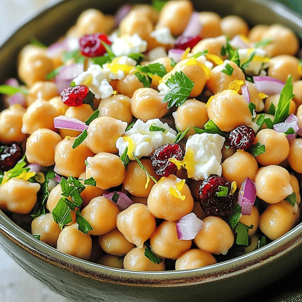 - 1 can (15 oz) chickpeas, drained and rinsed - 1 cup feta cheese, crumbled - 1/2 cup dried cranberries Chickpeas are the star of this dish. They add protein and fiber. I love using canned chickpeas for ease, but you can cook dried ones too. Feta cheese contributes a creamy, salty touch. It balances the sweetness of dried cranberries, giving a nice contrast. This mix makes every bite exciting. - 1/4 cup red onion, finely chopped - 1/4 cup fresh parsley, chopped - 1/4 cup olive oil Red onion adds a sharp crunch. It brightens the taste of the salad. Fresh parsley gives a pop of green and freshness. Olive oil is key for the vinaigrette. It coats the ingredients and adds richness. - 2 tablespoons lemon juice - 1 teaspoon Dijon mustard - 1/2 teaspoon garlic powder Lemon juice brings zesty brightness. It lifts the dish and makes it refreshing. Dijon mustard adds a hint of tang and depth. Garlic powder gives a subtle warmth without overpowering the other flavors. These simple ingredients make the dressing vibrant and delicious. You can find the full recipe for this delightful dish to explore more about the preparation! Mixing the Salad Ingredients Start by taking a large mixing bowl. Add 1 can of drained and rinsed chickpeas. Then, toss in 1 cup of crumbled feta cheese. Next, mix in 1/2 cup of dried cranberries, along with 1/4 cup of finely chopped red onion. Finally, add 1/4 cup of freshly chopped parsley. Stir gently to combine all the ingredients without breaking the feta. Preparing the Zesty Lemon Vinaigrette In a smaller bowl, whisk together 1/4 cup of olive oil with 2 tablespoons of fresh lemon juice. Add 1 teaspoon of Dijon mustard and 1/2 teaspoon of garlic powder for flavor. Season with salt and pepper to taste. Mix well until the vinaigrette is smooth and creamy. This zesty dressing will elevate the salad. Tossing the Salad Mixture Pour the zesty lemon vinaigrette over the chickpea mixture. Gently toss everything together. Make sure the chickpeas are well coated in the dressing. Mixing well ensures that every bite is full of flavor. Allowing Flavors to Meld Let the salad sit for about 10-15 minutes. This resting time helps the flavors blend. The chickpeas will soak in the delicious dressing, creating a flavorful dish. Chilling vs. Room Temperature You can serve the salad chilled or at room temperature. If you prefer a refreshing bite, chill it in the fridge for a while. Both ways taste great! Garnishing Tips Before serving, consider adding more parsley on top. This adds a fresh touch and looks appealing. You can also sprinkle some extra feta for a lovely finish. For the complete recipe, check out the Full Recipe link above. When making Feta & Cranberry Chickpeas, quality matters. You can choose between fresh or canned chickpeas. Fresh chickpeas may taste better, but canned ones save you time. If you pick canned, make sure to rinse them well. This removes excess salt and makes them tastier. Feta cheese also comes in different types. You can find it made from sheep's milk, goat's milk, or cow's milk. Sheep's milk feta is creamy and tangy. Goat's milk feta is also tangy but has a stronger flavor. Cow's milk feta is mild and soft. Pick the one you love most for your salad. Adding spices or herbs can take this dish to the next level. Try mixing in a pinch of cumin or paprika for warmth. Fresh herbs like basil or mint can add a burst of flavor. Don't be afraid to experiment with what you have at home! The dressing's consistency is also key. If you like it thinner, add a little more lemon juice or olive oil. If you want it thicker, whisk in extra Dijon mustard. Adjusting the dressing helps balance the dish's flavors uniquely. Feta & Cranberry Chickpeas pair well with many dishes. Serve it alongside grilled chicken or fish for a complete meal. You can also enjoy it with crusty bread or pita chips for a light lunch. This dish shines at gatherings and potlucks. Its bright colors and fresh taste make it a favorite. You can serve it chilled or at room temperature. Just let it sit for a few minutes before serving to let the flavors mingle. For a nice touch, add extra parsley on top for a pop of color. For the full recipe, check out the detailed instructions above! {{image_2}} You can change ingredients to suit your taste. Here are some ideas: - Different Cheeses: If you want to swap feta, try goat cheese or ricotta. Both add a creamy texture. Each cheese brings its own flavor, so choose what you like best. - Alternative Dried Fruits: Instead of cranberries, use raisins or chopped apricots. They give sweetness and a different taste. Dried cherries also work well for a tart kick. This salad can fit different diets easily. Here’s how: - Vegan Version: To make it vegan, skip the feta and use tofu instead. Crumble firm tofu and season it with lemon juice and herbs. This keeps the salad fresh and adds protein. - Gluten-Free Considerations: This dish is naturally gluten-free. Just ensure your Dijon mustard is gluten-free. Always check labels to avoid hidden gluten. You can enhance the flavors in this salad with simple changes: - Spicing it Up: Want more heat? Add red pepper flakes or chopped jalapeños. These will give your salad a spicy twist. Start with a little and adjust to your taste. - Adding Crunchy Toppings: For extra texture, sprinkle nuts like walnuts or almonds. Toast them for added flavor. Seeds, like pumpkin or sunflower, are also great options. They add crunch and nutrition. This salad is flexible, so don't hesitate to play around with flavors! For the full recipe, check the original instructions. To keep your feta and cranberry chickpeas fresh, store them in an airtight container. This helps prevent the salad from drying out or absorbing other smells from the fridge. The salad stays good for about 3 to 5 days. Always check for any signs of spoilage before serving. Freezing this salad is not the best choice. The texture of the chickpeas and feta changes when frozen. If you must freeze it, separate the dressing from the salad. You can freeze the chickpeas and cranberries, but they might lose some crunch. When you're ready to eat, thaw the salad overnight in the fridge. You can serve the salad cold or at room temperature. If you prefer it warm, reheat gently in a skillet over low heat. Do not microwave, as it can make the chickpeas mushy. After storage, let it sit for a few minutes. This helps the flavors come back to life. Enjoy it as a side dish or a light meal! For the full recipe, check out the details above. If you can't find feta cheese, don't worry! Here are some great options: - Vegan Alternatives: Try using tofu mixed with lemon juice and herbs. This creates a creamy and tangy option. You can also use cashew cheese for a rich flavor. - Other Cheese Options: Goat cheese works well if you like a strong taste. Ricotta is another choice, offering a softer texture. This salad will stay fresh in the fridge for about 3 to 5 days. Make sure to store it in an airtight container. - Shelf Life and Signs of Spoilage: Look for changes in color or smell. If it smells sour or looks slimy, it's best to toss it. Yes, you can prepare this salad a day in advance. It actually tastes better after marinating. - Prep Tips for Meal Planning: Chop your veggies and mix the dressing ahead of time. Keep the salad and dressing separate until you're ready to serve. - Serving Suggestions for Pre-Made Salad: Serve it cold or at room temperature. You can add fresh herbs and a squeeze of lemon just before serving for extra flavor. For the complete recipe, check out the Full Recipe! This blog post explored a tasty salad featuring chickpeas, feta cheese, and dried cranberries. You learned how to mix fresh ingredients, create a zesty lemon dressing, and toss everything together. I shared tips on choosing the best ingredients and ways to adjust flavors. You can also explore variations for different diets. Remember, this salad tastes great fresh or stored. Enjoy experimenting with the recipe to match your taste. Eating healthy can be fun and delicious!