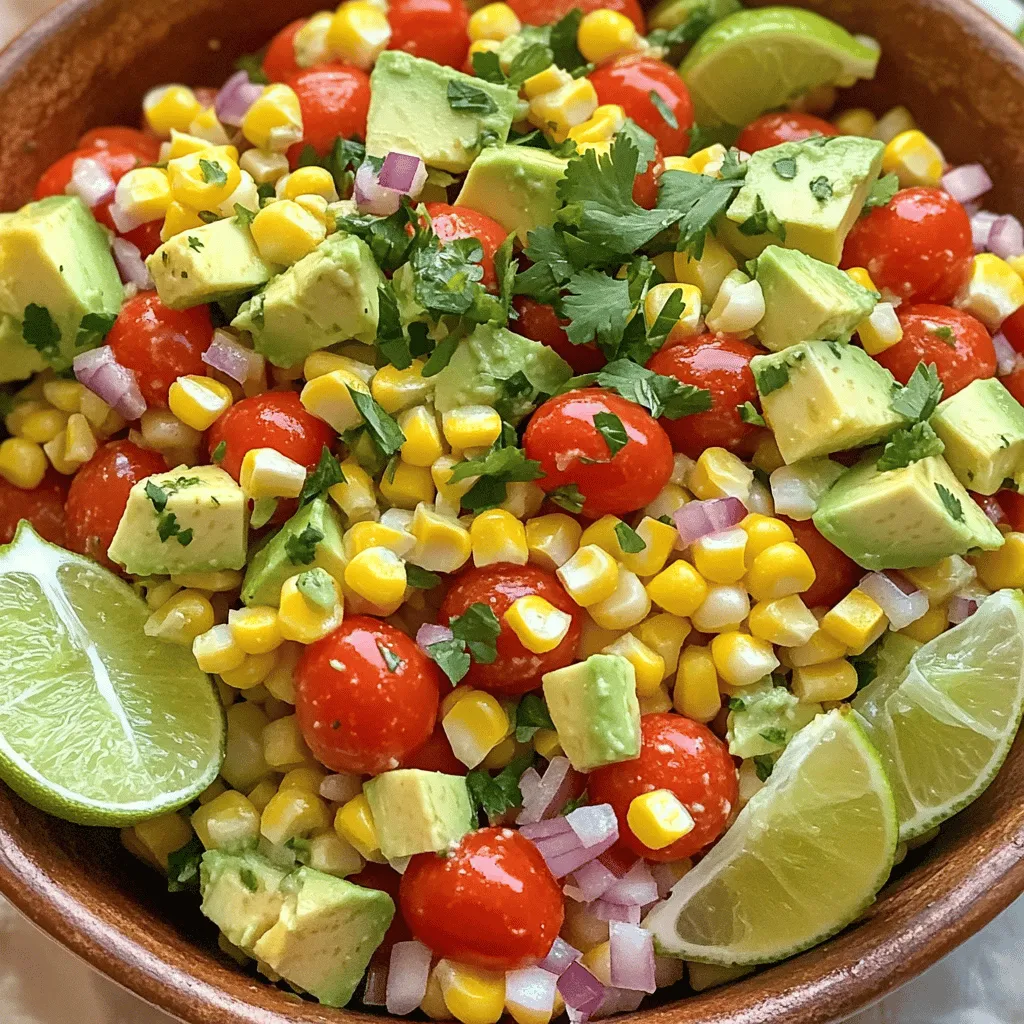 To make a tasty corn salad, you need fresh, colorful ingredients. Here is what you'll need: - 4 cups fresh corn kernels (about 6 ears of corn) - 1 cup cherry tomatoes, halved - 1 small red onion, finely chopped - 1 bell pepper (red, yellow, or orange), diced - 1 avocado, diced - 1/4 cup fresh cilantro, chopped - 2 tablespoons lime juice - 2 tablespoons olive oil - 1 teaspoon cumin powder - Salt and pepper to taste - Optional: 1/2 cup black beans, rinsed and drained These simple ingredients blend well together. They create a dish that is bright and fresh. I prefer fresh corn for this salad. Fresh corn has a sweet crunch that makes the dish shine. You can use frozen corn, but it may lose some texture. If you choose frozen corn, make sure to thaw it first. You can run it under warm water for a few minutes. This helps to remove extra moisture. After that, pat it dry with a towel. Both types work, but fresh corn is the star. For a twist, you can add optional ingredients. Black beans are a great choice. They add protein and texture. You can also toss in jalapeños for heat. Chopped cucumber gives a cool crunch. Fresh herbs like parsley or mint can enhance the flavor too. Feel free to mix and match these add-ins to make the salad your own. To make the corn salad, start with fresh corn. Bring a large pot of water to a boil. Add 6 ears of corn and blanch them for about 5 minutes. This step helps to keep the corn sweet and crisp. After boiling, transfer the corn to an ice bath. This process stops the cooking and keeps the color bright. Once the corn cools, cut the kernels off the cob and set them aside. Next, grab a large mixing bowl. Add the corn kernels, 1 cup of halved cherry tomatoes, chopped red onion, and diced bell pepper. If you want more texture, toss in 1/2 cup of rinsed black beans. They add protein and flavor. Want that perfect bite? Use fresh corn if you can. It tastes sweeter and has a better crunch. Blanching helps to lock in that freshness. Make sure not to overcook the corn. Five minutes is just right. If you use frozen corn, thaw it and drain well before adding it to your salad. Now it’s time to make the dressing. In a small bowl, whisk together 2 tablespoons of lime juice, 2 tablespoons of olive oil, 1 teaspoon of cumin powder, and salt and pepper to taste. Pour this dressing over your salad mixture and toss gently. This step is key to ensuring each ingredient gets coated. Just before serving, add 1 diced avocado and 1/4 cup of chopped cilantro. Fold gently to keep the avocado intact. For more detailed steps, check the Full Recipe. Enjoy your fresh corn salad! Choosing the right ingredients makes a big difference in flavor. I recommend fresh corn for the best taste. Look for bright yellow kernels that are plump and juicy. If fresh corn isn’t available, frozen corn can work too. Just make sure to thaw it fully before use. Cherry tomatoes add a sweet pop. They should be ripe and firm. Red onion gives a nice crunch and a bit of sharpness. You can swap it for green onions for a milder flavor. Bell peppers add color and sweetness. Seasoning is key to a tasty corn salad. Lime juice brightens the dish. It adds a zesty kick that pairs well with corn. Olive oil adds richness and helps blend the flavors. Cumin powder gives an earthy touch that enhances the corn's natural sweetness. Don’t forget to add salt and pepper to taste. Feel free to experiment with other herbs too. Fresh cilantro adds freshness. If you want a little heat, try adding diced jalapeños or a pinch of chili powder. How you serve the salad can elevate the meal. I love using a large, rustic bowl. It gives a warm, inviting feel. Garnish with extra cilantro leaves for a pop of color. Lime wedges on the side add a fresh touch and let guests add more lime juice if they want. For a fun twist, serve the salad in mason jars. This makes it easy for picnics or outdoor gatherings. Each jar looks cute and is easy to grab. You can layer the ingredients for a colorful effect too. Try these tips to make your corn salad not only tasty but also a feast for the eyes. For the full recipe, check out Sunny Zesty Corn Salad . {{image_2}} Corn salad adapts well to many local tastes. In Mexico, add fresh jalapeños for heat. Try adding crumbled queso fresco for a creamy twist. In the Southern U.S., incorporate diced cucumbers for crunch. In Asian cuisine, mix in sesame oil and rice vinegar for a unique flavor. Each region gives corn salad a fresh spin. Corn salad shines as a vegetarian dish. To make it vegan, simply skip any cheese. This salad is full of plant-based goodness. Add chickpeas for protein and texture. You can also mix in shredded carrots for color and sweetness. This keeps your meal light and healthy. Get creative with your corn salad! Swap out the bell pepper for diced mango. This adds sweetness and a tropical vibe. You can also try different herbs like basil or mint instead of cilantro. For a spicy kick, add diced chipotle peppers in adobo sauce. These twists keep your corn salad exciting and new. This corn salad recipe is adaptable and fun. Explore flavors to make it your own. For the full experience, check out the Full Recipe. When you have leftover corn salad, store it in a sealed container. Keep it in the fridge. This keeps the salad fresh and crisp. I suggest eating it within three days for the best taste. If you want to keep the avocado intact, store it separately. This helps prevent browning. Corn salad lasts about three days in the fridge. After that, it can lose its crunch and flavor. Always check for any signs of spoilage. If it looks or smells off, it's best to toss it. Remember, fresh ingredients like tomatoes and avocado can spoil faster. You can freeze some ingredients for later use. Corn kernels freeze very well. Just blanch them first and then cool in ice water. After that, pack them in a freezer bag. Remove as much air as possible to avoid freezer burn. Other ingredients like diced bell peppers can also be frozen. However, avoid freezing tomatoes and avocado as their texture changes when thawed. For more details, check the Full Recipe. Corn salad has roots in many cultures. It likely began in the Americas, where corn is a staple. Different regions make their own versions. Some use beans, while others add spices. The dish grew in popularity for its fresh taste and vibrant colors. Today, it is a favorite in summer picnics and barbecues. Yes, you can make corn salad ahead of time. It tastes great after chilling in the fridge. Prepare it a few hours before serving for the best flavor. Just be careful with the avocado. Add it right before you serve. This keeps it fresh and green. Corn salad is packed with nutrients. Corn is rich in fiber, which aids digestion. Tomatoes add vitamins A and C, great for skin health. Avocado brings healthy fats to the mix. The salad is low in calories, making it a healthy choice. Eating this salad can help you stay full and satisfied. This blog post explored making delicious corn salad. We covered ingredient choices, from fresh to frozen corn. I shared step-by-step cooking tips for perfect kernels and flavor-packed combinations. You learned about enhancing taste with seasonings and optional add-ins. We also looked at variations like vegetarian options and regional flavors. Lastly, I explained the best ways to store leftovers. Corn salad is simple, tasty, and flexible. You can easily customize it to fit your taste. Enjoy making your own corn salad today!