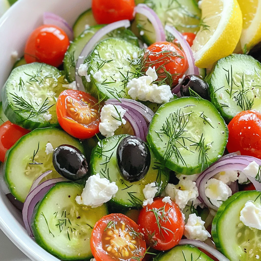 - 2 large cucumbers - 1 cup cherry tomatoes - 1 small red onion - 1/2 cup feta cheese - 1/4 cup black olives - 1/4 cup tahini - 2 tablespoons lemon juice - 1 tablespoon honey - Salt and pepper to taste - Fresh dill or parsley for garnish Caloric content per serving: The cucumber snack bowl has about 150 calories per serving. This makes it a light option. Breakdown of macronutrients: Each serving includes approximately 6 grams of protein, 10 grams of fat, and 12 grams of carbs. This balance keeps you feeling full without weighing you down. Health benefits of cucumbers: Cucumbers are low in calories and high in water. They help keep you hydrated. They also contain antioxidants that reduce inflammation. Eating cucumbers can support healthy skin and aid digestion. For the full experience, check out the Full Recipe for this delicious cucumber snack bowl. Start by washing the cucumbers under cold water. This step helps remove any dirt. Next, slice the cucumbers into 1/2-inch thick rounds. For even slices, use a sharp knife and take your time. Aim for uniformity, as this helps with presentation and texture. In a large bowl, add the cucumber slices. Then, toss in 1 cup of halved cherry tomatoes and the thinly sliced red onion. These ingredients add color and flavor. In a separate bowl, whisk together 1/4 cup tahini, 2 tablespoons lemon juice, 1 tablespoon honey, salt, and pepper. If the dressing is too thick, add a bit of water to get the right consistency. Drizzle the dressing over the cucumber mix and gently toss to coat everything well. Now it’s time to add some flair. Fold in 1/2 cup crumbled feta cheese and 1/4 cup sliced black olives. Mix carefully to keep the feta intact. Taste and adjust the salt and pepper if needed. Transfer your cucumber snack bowl to a colorful serving dish. For a beautiful finish, sprinkle fresh dill or parsley on top. You can serve this bowl with lemon wedges for a zesty kick. Enjoy your vibrant and healthy snack! For the full recipe, check out the section above. To keep cucumbers fresh, choose firm ones. Look for ones that feel heavy. Wash them just before you slice. If you want to avoid soggy cucumbers, sprinkle salt on the slices. Let them sit for ten minutes. This draws out excess water, keeping them crunchy. You can boost the taste by adding spices or herbs. Try a pinch of paprika for warmth. Fresh dill or cilantro adds a nice touch. For a spicy kick, mix in some red pepper flakes. If you prefer a tangy flavor, add a splash of vinegar or lime juice. Use bright, colorful dishes to serve your snack bowl. A clear glass bowl shows off the vibrant colors. For garnishing, sprinkle fresh herbs on top. Add lemon wedges for extra flair. Use toothpicks for easy snacking, and watch your guests enjoy! For a detailed recipe, check out the Full Recipe. {{image_2}} For a fun twist, make stuffed cucumber bowls. You need these ingredients: - 2 large cucumbers - 1 cup cooked quinoa - 1/2 cup black beans - 1/2 cup corn - 1/2 cup diced bell pepper - 1/4 cup cilantro, chopped - Juice of 1 lime - Salt and pepper to taste Steps for stuffing: 1. First, slice the cucumbers in half lengthwise. 2. Use a spoon to scoop out the seeds, creating a bowl. 3. In a bowl, mix quinoa, black beans, corn, bell pepper, cilantro, lime juice, salt, and pepper. 4. Fill each cucumber half with the mixture. 5. Serve cold for a refreshing snack. You can also create a quick cucumber salad bowl. Try these ingredients: - 2 large cucumbers, diced - 1 cup cherry tomatoes, halved - 1/2 cup feta cheese, crumbled - 1/4 cup red onion, diced - 1/4 cup olives, sliced - 1/4 cup olive oil - 2 tablespoons red wine vinegar - Salt and pepper to taste Quick salad bowl instructions: 1. In a large bowl, mix diced cucumbers, tomatoes, feta, onion, and olives. 2. In a small bowl, whisk olive oil, vinegar, salt, and pepper. 3. Pour the dressing over the salad and toss gently. 4. Serve chilled. Pair your cucumber snack bowl with tasty dips. Here are some recommended dips: - Hummus - Tzatziki - Guacamole - Salsa Pairing ideas: - Serve the snack bowl with toothpicks for easy dipping. - Offer a variety of dips to please all your guests. - Mixing dips can create unique flavors. For the full recipe, check out the Crispy Cucumber Snack Bowl! To keep your cucumbers fresh, store them in the fridge. Wrap each cucumber in a paper towel. This will absorb moisture and prevent sogginess. Keep them in a plastic bag to protect them. For leftovers, put them in an airtight container. This will help maintain their crunch and flavor. Freezing cucumbers is not a great idea. They lose their crispness when thawed. Instead, consider pickling them for long-term storage. Pickling adds flavor and extends their shelf life. You can also store cucumbers in vinegar or brine for a tasty treat. Fresh cucumbers last about one week in the fridge. Keep an eye on them for any signs of spoilage. If they feel mushy or have dark spots, it’s time to toss them. Cherry tomatoes last about five days, while feta cheese can last up to a week once opened. Always check for freshness to enjoy your cucumber snack bowl fully. To make a cucumber snack bowl, start with fresh cucumbers. Slice the cucumbers into rounds. Then, add halved cherry tomatoes and thinly sliced red onion to a bowl. In a separate bowl, mix tahini, lemon juice, honey, salt, and pepper. Drizzle this dressing over the veggies and toss gently. Finally, fold in crumbled feta and sliced olives. Garnish with dill or parsley. The full recipe will guide you through each step. Yes, you can swap in many different vegetables. Try bell peppers, carrots, or radishes. You can even add corn or zucchini for a new twist. Just remember to keep the crunch for the best texture. Mixing colors will also make your bowl look more appealing. You can find pre-made cucumber snack bowls at local grocery stores or health food shops. Many meal services offer fresh snack bowls, too. Check your favorite delivery apps for options. This is a great choice if you're short on time! This blog post covers how to make a fresh cucumber dish that’s easy and tasty. You learned about the key ingredients, like cucumbers, tomatoes, and feta, along with a simple dressing. We shared tips to keep your cucumbers fresh and ideas for fun variations. You can enjoy this dish as a snack or a side. Fresh ingredients and easy steps make healthy eating fun. Now, get in the kitchen and try these ideas yourself! Enjoy making your own cucumber dishes.