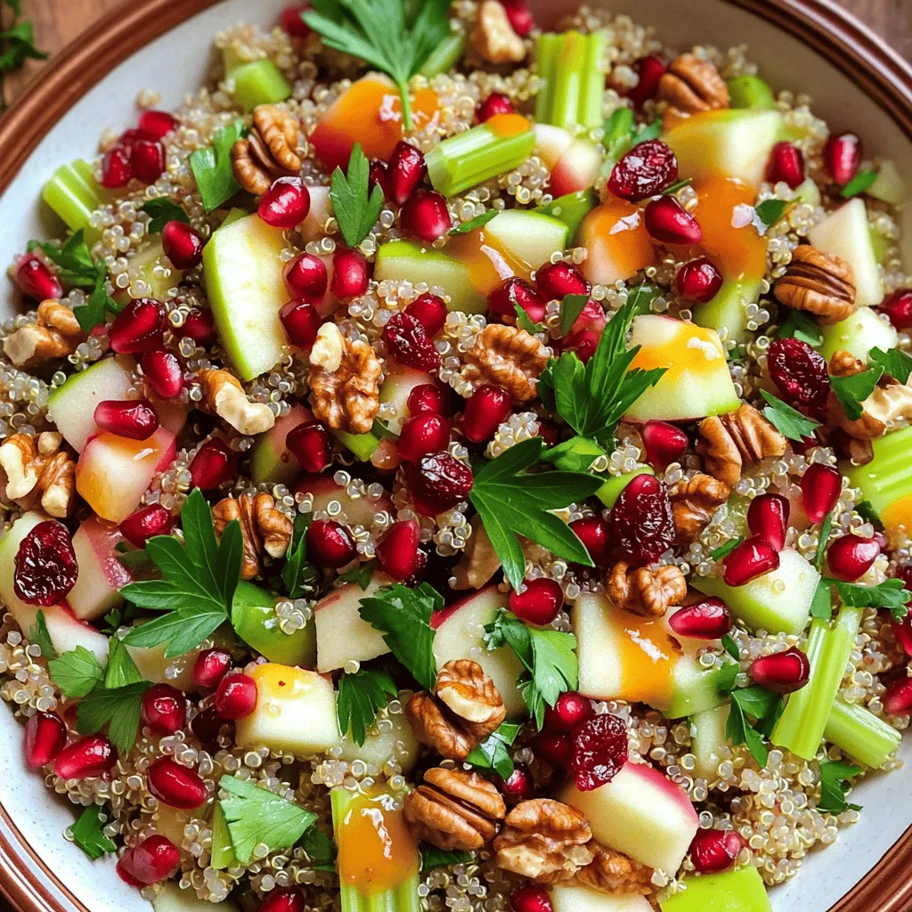 To make Ensalada Navideña, you need fresh and tasty ingredients. Here’s what you will need: - 2 cups cooked and cooled quinoa - 1 cup pomegranate seeds - 1 cup diced apples (preferably Granny Smith) - 1/2 cup diced celery - 1/2 cup chopped walnuts (or pecans) - 1/2 cup dried cranberries - 1/4 cup chopped fresh parsley - 1/4 cup orange juice - 2 tablespoons olive oil - 1 tablespoon honey (or maple syrup for a vegan option) - Salt and pepper to taste You can change this salad to fit your taste. Here are some fun ideas: - Add diced bell peppers for crunch. - Toss in shredded carrots for color. - Mix in feta cheese for creaminess. - Use fresh mint for a bright twist. - Substitute apples with pears for sweetness. Using high-quality ingredients makes a big difference. Choose ripe apples for sweetness. Opt for fresh pomegranate seeds for a burst of flavor. Select walnuts that are crunchy and fresh. This salad shines with the best ingredients. Always check for freshness in your produce. Quality makes this dish festive and delicious. For the best taste, use organic ingredients when possible. To start, gather all your ingredients. You need cooked quinoa, pomegranate seeds, diced apples, diced celery, chopped walnuts, dried cranberries, and fresh parsley. Make sure to measure each ingredient accurately. This keeps your flavors balanced. Wash your fruits and chop them up. Dice your apples into small cubes. The Granny Smith apples add a nice tart taste. In a large mixing bowl, combine the cooked quinoa and all the fruits and nuts. Add the pomegranate seeds, diced apples, celery, walnuts, cranberries, and parsley. You want to mix in a gentle way. This keeps the pomegranate seeds intact. Once everything is in the bowl, it’s time to make the dressing. For the dressing, whisk together orange juice, olive oil, honey, salt, and pepper. This mix adds a sweet and tangy flavor. Pour the dressing over your salad mixture. Toss gently to coat everything well. Taste it to see if it needs more salt or pepper. Let it chill in the fridge for at least 30 minutes. This helps all the flavors blend nicely. For a lovely touch, serve your Ensalada Navideña in a festive bowl. You can garnish it with extra pomegranate seeds and parsley. Enjoy your colorful and tasty salad! For the full recipe, check the details above. You can prepare Ensalada Navideña a day ahead. This makes busy holiday days easier. Just follow these steps: 1. Mix all the salad ingredients. 2. Whisk the dressing in a separate bowl. 3. Store everything in the fridge in airtight containers. 4. Combine the salad and dressing just before serving. Texture is key for a tasty salad. Here are helpful tips: - Use crunchy apples for a fresh bite. Granny Smith works best. - Add walnuts or pecans for a nice crunch. - Dried cranberries give a chewy texture that balances the crunch. - Make sure the quinoa is fully cooled to keep it fluffy. Ensalada Navideña pairs well with many dishes. Here are some great options: - Serve with roasted turkey or ham for a festive touch. - Try it alongside grilled fish for a lighter meal. - Offer slices of crusty bread to soak up any leftover dressing. - Enjoy with a glass of sparkling water or a light wine. These tips will help you create a beautiful and tasty salad for your holiday table. For the complete recipe, check the Full Recipe section. {{image_2}} If you want a vegan version, swap honey for maple syrup. This change keeps the sweetness but makes the dish fully plant-based. You can also add extra fruits like mango or kiwi. Both fruits add a sweet twist. For creaminess, try avocado instead of nuts. Different regions have unique takes on Ensalada Navideña. In Mexico, some people add jicama or carrots. These veggies give a nice crunch. Others might include beets for color and sweetness. If you visit Central America, you might find avocado in the mix. Each region adds local flavors, making this salad special. Don’t be afraid to get creative! Try adding roasted sweet potatoes for a hearty touch. Grating some cheese on top can add richness. You can also mix in herbs like mint or cilantro for fresh flavors. Want a spicy kick? Toss in some jalapeños or chili flakes. There’s no limit to what you can do! For the full recipe, check out the detailed instructions earlier. To keep your Ensalada Navideña fresh, store leftovers in an airtight container. Make sure the container seals well to prevent air from getting in. This helps keep the salad crisp. If you have dressing left over, store it separately. This keeps the salad from getting soggy. You can freeze Ensalada Navideña, but some ingredients may change in texture. If you want to freeze it, avoid freezing apples and pomegranate seeds. Instead, freeze the quinoa mix without these items. When you’re ready to eat, thaw it in the fridge overnight. Add fresh apples and pomegranate seeds before serving. Ensalada Navideña lasts about three to five days in the fridge. After that, it may lose its flavor. Always check for signs of spoilage, such as a strange smell or slimy texture. Trust your nose! For the best taste, eat it within the first couple of days. Enjoy this colorful salad fresh for a festive touch! Ensalada Navideña is a festive salad. It is full of vibrant flavors and colors. This salad has quinoa, pomegranate seeds, apples, celery, walnuts, cranberries, and parsley. The dressing includes orange juice, olive oil, honey, salt, and pepper. Each ingredient brings a unique taste. Together, they create a joyful mix perfect for celebrations. This dish is not just tasty; it also looks beautiful on your table. To spice up your Ensalada Navideña, add fresh jalapeños. You can finely chop them for a milder kick. If you want more heat, use cayenne pepper in the dressing. Another option is to mix in some diced red onion. This will add a nice bite and depth to the flavor. Start with a small amount and taste as you go. Adjust to your heat preference. This makes the salad fun and exciting! Yes, you can use different fruits! This salad is versatile and playful. Try swapping the apples for pears or oranges. You can even add grapes or kiwi for a twist. Each fruit will bring its own flavor and texture. Just make sure to balance sweetness and tartness. This way, your Ensalada Navideña remains fresh and lively. Feel free to get creative and use what you enjoy! For the full recipe, check out the earlier section. This article covered key ingredients of Ensalada Navideña, including quality notes and options. I provided step-by-step instructions, flavor tips, and ways to make it ahead. You learned helpful tricks for texture and pairing. Variations like vegan options and creative twists offer new tastes. I shared storage tips to keep leftovers fresh. Making delicious Ensalada Navideña is easy and fun. Enjoy the tasty treats you create!