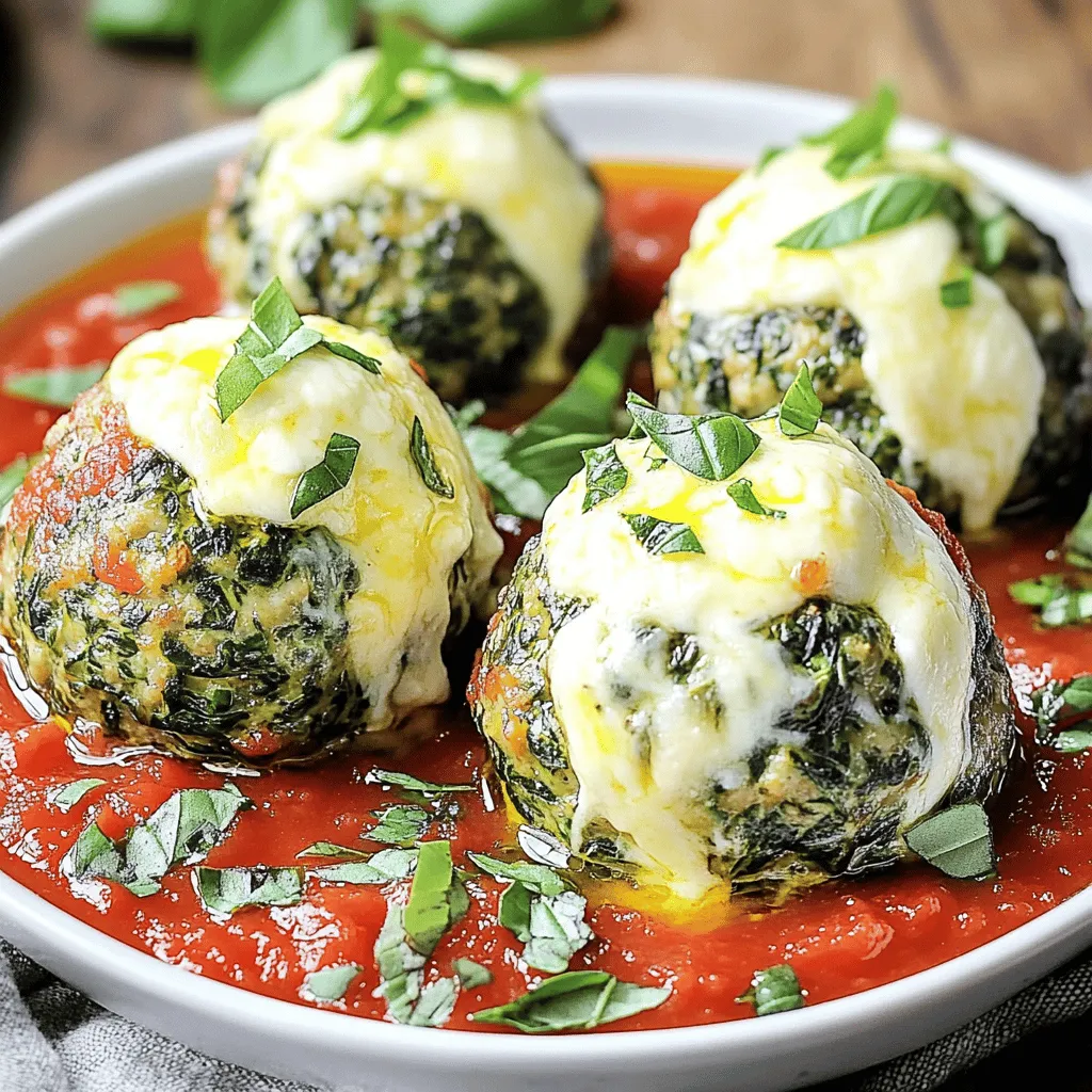 - 1 pound ground beef - 1 cup fresh spinach, chopped - 3 cloves garlic, minced - 1/2 cup breadcrumbs - 1/4 cup grated Parmesan cheese - 1/4 cup milk - 1 teaspoon Italian seasoning - Salt and pepper to taste - 8 oz mozzarella cheese, cut into small cubes - 1 egg, beaten - 1 tablespoon olive oil Gathering the right ingredients is key to making delicious spinach garlic meatballs stuffed with mozzarella. Start with good quality ground beef; it forms the base of your meatballs. Fresh spinach adds color and nutrition. Minced garlic gives a strong flavor that pairs well with the beef. You will need breadcrumbs for texture, and grated Parmesan cheese adds a nice cheesy touch. Milk keeps the mixture moist. Italian seasoning brings warmth and depth. Don't forget salt and pepper to enhance all the flavors. The star of the show is the mozzarella cheese. Cutting it into small cubes helps it melt beautifully inside the meatballs. An egg binds everything together, ensuring your meatballs hold their shape. Finally, a tablespoon of olive oil is essential for browning your meatballs, giving them that beautiful golden crust. For the full recipe, check out the detailed instructions to create this dish. - Preheat your oven to 400°F (200°C) and line a baking sheet with parchment paper. - In a large mixing bowl, combine the ground beef, chopped spinach, minced garlic, breadcrumbs, grated Parmesan cheese, milk, Italian seasoning, salt, and pepper. Mix until well combined. - Take a small portion of the meat mixture, about the size of a golf ball, and flatten it in your palm. - Place a cube of mozzarella in the center of the flattened meat and carefully fold the meat around the cheese, ensuring it is completely sealed. Repeat this process until all the meat mixture is used. - In a large skillet, heat the olive oil over medium heat. Add the meatballs and sear them for about 2-3 minutes on each side until they are browned. - Transfer the browned meatballs to the prepared baking sheet and bake in the preheated oven for 15-20 minutes, or until cooked through. - Once cooked, remove the meatballs from the oven and let them sit for a few minutes before serving. By following these steps, you will create delicious spinach garlic meatballs stuffed with mozzarella. Enjoy the process! To brown meatballs evenly, use a hot skillet with olive oil. Sear them for 2-3 minutes on each side. This helps lock in flavor. Make sure not to overcrowd the pan. Give each meatball space to cook properly. To prevent meatballs from breaking, do not overmix the meat mixture. Gently shape them with your hands. If you add breadcrumbs, they will hold together better. To elevate the flavor, consider adding a pinch of crushed red pepper or smoked paprika. These spices can bring a warm kick to your meatballs. For stuffing, try using different types of cheese like provolone or gouda. Each cheese offers a unique taste that can surprise your palate. For plating, serve the meatballs on a large platter. Drizzle them with marinara sauce for a pop of color. Garnish with fresh basil or parsley to add a fresh touch. This makes the dish look inviting. You can also sprinkle a bit of grated cheese on top before serving. It adds a nice finishing touch. For a side, consider garlic bread or a simple salad. They pair wonderfully with the meatballs. For a full recipe, check out the complete Spinach Garlic Meatballs Stuffed with Mozzarella recipe. {{image_2}} You can easily swap ground beef for turkey or chicken. This change makes the dish lighter without losing flavor. If you want a plant-based option, use lentils or chickpeas. These alternatives give a great texture and taste. Try different cheeses for stuffing. Cheddar or feta can add a fun twist. For more flavor, mix in herbs or spices. Adding basil or crushed red pepper can make the meatballs stand out. You can serve meatballs with marinara sauce or even a creamy sauce. Pair them with garlic bread or a fresh salad for balance. If you want a full meal, serve meatballs over pasta. It makes a hearty dish that everyone will love. For the complete Spinach Garlic Meatballs Stuffed with Mozzarella recipe, check the link above. To keep your meatballs fresh, store them in an airtight container. Place them in the fridge within two hours of cooking. If you want to freeze them, wrap each meatball in plastic wrap and place them in a freezer bag. This way, they stay moist and tasty. When reheating, use the oven or stovetop instead of the microwave. This helps prevent drying out the meatballs. Heat them gently over low heat until warm. Cooked meatballs can last about 3 to 4 days in the fridge. Uncooked meatballs stay fresh for 1 to 2 days. Always check for signs of spoilage. If the meatballs smell sour or have a slimy texture, discard them. Fresh meatballs should have a firm feel and a pleasant aroma. To simplify weeknight meals, make meatballs in advance. You can prepare them on the weekend and store them in the fridge. For freezing, place uncooked meatballs on a baking sheet to freeze them individually. Once frozen, transfer them to a freezer bag. This makes it easy to grab a few for quick dinners during the week. You can bake them straight from the freezer; just add a few extra minutes to the cooking time. For a full recipe, check out the complete Spinach Garlic Meatballs Stuffed with Mozzarella recipe. To check if your meatballs are done, use a meat thermometer. The safe internal temperature for beef is 160°F (71°C). Insert the thermometer into the center of a meatball. If it reads 160°F or higher, they are safe to eat. If not, return them to the oven for a few more minutes. Always double-check the temperature to ensure safety and avoid undercooked meat. Yes, you can make these meatballs ahead of time. Prepare the mixture and form the meatballs. Place them on a baking sheet and freeze them for later. Once frozen, transfer the meatballs to a freezer bag. When ready to cook, you can bake them straight from the freezer. Just add a few extra minutes to the cooking time. This method saves time and makes meal prep easier. These meatballs pair well with many sides. You can serve them with spaghetti and marinara sauce for a classic dish. A fresh salad or garlic bread makes a nice addition too. Roasted vegetables or a creamy polenta can also enhance the meal. Feel free to get creative with your sides and enjoy a well-rounded dinner. For the complete Spinach Garlic Meatballs Stuffed with Mozzarella recipe, check out the [Full Recipe](#). In this blog post, we explored making delicious Spinach Garlic Meatballs with mozzarella. You learned about the key ingredients like ground beef, spinach, and garlic. We walked through preparation, cooking steps, and tips to enhance flavor. I also shared variations and ways to store your leftovers effectively. Final thoughts: This recipe is fun to make and easy to adapt. Enjoy experimenting, and happy cooking!