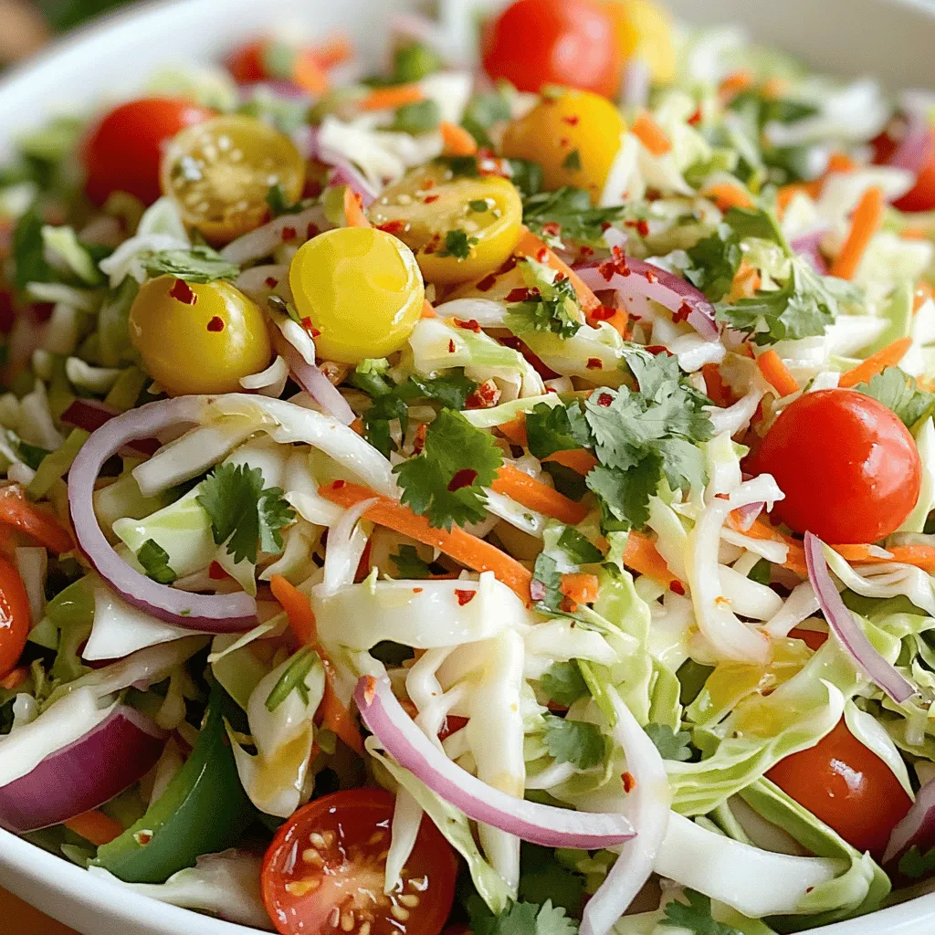 The main ingredients in this salad are fresh and vibrant. They provide crunch and flavor while being low in calories. Here’s what you need: - 4 cups green cabbage, finely shredded - 1 cup red cabbage, finely shredded - 1 large carrot, grated - 1 bell pepper (any color), diced - 1/2 cup cherry tomatoes, halved - 1/4 cup red onion, thinly sliced - 1/4 cup fresh cilantro, chopped The dressing adds a zesty kick. It balances the veggies and enhances the taste. For a delicious dressing, you will need: - 2 tablespoons olive oil - 2 tablespoons apple cider vinegar - 1 tablespoon honey (or agave syrup for a vegan option) - 1 teaspoon Dijon mustard - Salt and pepper to taste - A pinch of chili flakes (optional for heat) You can customize your salad by adding other ingredients. These optional add-ins boost nutrition and flavor. Consider these: - Roasted sunflower seeds or pumpkin seeds for crunch - Avocado for creaminess and healthy fats - Cooked beans or chickpeas for added protein Start by gathering your veggies. You will need green cabbage, red cabbage, carrots, bell peppers, cherry tomatoes, red onions, and fresh cilantro. Take a large bowl and add 4 cups of finely shredded green cabbage. Then, add 1 cup of finely shredded red cabbage. Next, grate 1 large carrot and add it to the bowl. Dice 1 bell pepper and halve 1/2 cup of cherry tomatoes. Thinly slice 1/4 cup of red onion. Finally, chop 1/4 cup of fresh cilantro. Mix all these colorful veggies well in the bowl. For the dressing, grab a small bowl. Add 2 tablespoons of olive oil, 2 tablespoons of apple cider vinegar, and 1 tablespoon of honey. If you want a vegan option, use agave syrup instead of honey. Then, add 1 teaspoon of Dijon mustard, along with salt and pepper to taste. Whisk everything together until it blends nicely. This dressing gives your salad a zesty kick. Now, pour the dressing over the mixed veggies. Toss them gently so that all the vegetables get a nice coating of the dressing. For an extra flavor boost, add a pinch of chili flakes if you like some heat. Toss again to mix everything well. Let the salad sit for about 10 minutes. This allows the flavors to blend. Serve it in a large bowl or on individual plates. You can add some extra cilantro on top for a fresh look. Enjoy your crisp and zesty cabbage salad as a tasty weight-loss option. For the full recipe, check out the recipe section above. To cut cabbage well, start with a sharp knife. First, slice the cabbage in half. Then, remove the core. Lay each half flat on the board for easy cutting. Cut thin slices across the cabbage. This makes fine shreds. You can also use a food processor for quick work. Just be careful not to over-process. Aim for nice, even pieces for a great salad texture. To amp up flavor, use fresh herbs like cilantro or parsley. They add taste without many calories. You can also use lemon or lime juice for a zesty kick. A splash of vinegar can help too. Consider adding spices like cumin or paprika to deepen flavor. Use salt and pepper wisely; they can boost taste with no added calories. Experiment with different herbs and spices to find your favorite mix. Serve your cabbage salad as a side dish with grilled chicken or fish. It can also work well as a light lunch with some whole grains. For a crunch, top it with seeds like sunflower or pumpkin. These add healthy fats and protein. Use a colorful plate to make the salad pop visually. This makes it more inviting and fun to eat. Enjoy it fresh, as the flavors are best when it's just made. Try the Full Recipe for more delicious ideas! {{image_2}} You can switch up the veggies in your cabbage salad. Try adding kale for a hearty bite or shredded broccoli for crunch. Radishes add a spicy kick, while cucumbers bring a refreshing crunch. You can mix in some shredded beet for a pop of color and sweetness. Just remember to keep the balance of flavors in mind. Dressings can change the whole taste of your salad. If you want a creamy option, mix Greek yogurt with lemon juice and garlic. For a tangy twist, use a vinaigrette made with balsamic vinegar and mustard. You can also try a sesame oil dressing for a nutty flavor. Always taste your dressing before adding it to the salad. To make your cabbage salad more filling, add proteins. Grilled chicken or shrimp gives a nice boost. For a plant-based option, toss in chickpeas or black beans. Tofu is a great choice, too. If you want something quick, sprinkle some nuts or seeds on top. They add crunch and healthy fats. Store your cabbage salad in an airtight container. This helps keep it fresh. Make sure to separate the dressing if you plan to keep it for more than a day. This way, the veggies stay crisp and tasty. You can use plastic wrap or a lid for the container. Cabbage salad lasts about 3 days in the fridge. If the salad gets soggy, it's best to toss it. You can enjoy it cold straight from the fridge. Avoid reheating, as it may lose its crunch and flavor. To keep your salad fresh, add the dressing just before serving. This prevents sogginess and maintains a crunchy texture. You can also store each ingredient separately. This way, you can mix what you need for a fresh meal. Always check the veggies for freshness before using them. Cabbage is low in calories and high in fiber. This helps you feel full. When you eat cabbage, you consume fewer calories overall. It also aids digestion and keeps your gut healthy. Eating cabbage regularly can support your weight loss goals. Yes, you can meal prep cabbage salad! It stays fresh in the fridge for days. Just mix the salad without the dressing first. Store it in an airtight container. Add the dressing just before eating. This keeps it crisp and tasty. Cabbage is packed with vitamins and minerals. It is rich in vitamin C, which boosts your immune system. It also provides vitamin K for strong bones. Cabbage has antioxidants that fight free radicals. Eating it can help reduce inflammation and improve heart health. To make my Crisp & Zesty Cabbage Salad, gather these ingredients: - 4 cups green cabbage, finely shredded - 1 cup red cabbage, finely shredded - 1 large carrot, grated - 1 bell pepper (any color), diced - 1/2 cup cherry tomatoes, halved - 1/4 cup red onion, thinly sliced - 1/4 cup fresh cilantro, chopped - 2 tablespoons olive oil - 2 tablespoons apple cider vinegar - 1 tablespoon honey (or agave syrup for a vegan option) - 1 teaspoon Dijon mustard - Salt and pepper to taste - A pinch of chili flakes (optional for heat) Follow the full recipe as listed above for a delicious and healthy dish! You now know how to make a tasty cabbage salad for weight loss. We covered the key ingredients, smooth dressing, and optional add-ins. You learned the steps to prep and combine everything perfectly. The tips showed you how to cut and serve while keeping calories low. Variations let you explore different flavors and filling options. Finally, you got storage advice for fresh leftovers. This salad is easy and healthy, making it great for your meals. Enjoy your journey to better eating!