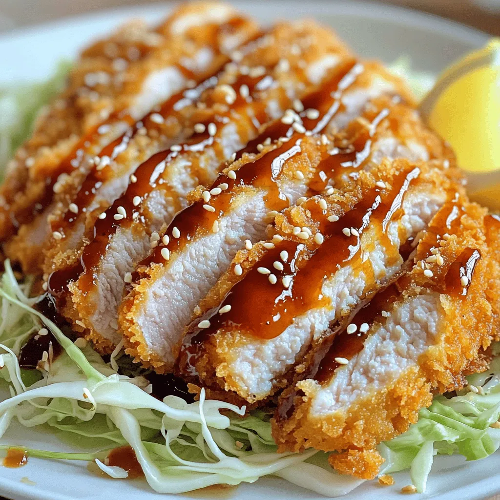 To make the best crispy chicken katsu, you need some simple ingredients. Here is what you will need: - 2 chicken breasts, boneless and skinless - 1 cup all-purpose flour - 2 large eggs, beaten - 1 ½ cups panko breadcrumbs - Vegetable oil, for frying These main ingredients create a crunchy and flavorful chicken dish that is hard to resist. Adding spices can take your chicken katsu to the next level. Here are the spices you will want to include: - ½ teaspoon salt - ½ teaspoon black pepper - ½ teaspoon garlic powder - ½ teaspoon onion powder - 1 teaspoon sesame oil These spices enhance the flavor while keeping it simple. The sesame oil also adds a lovely nutty taste. You will need some essential tools to make this dish. Here’s what I suggest: - Meat mallet or rolling pin for pounding the chicken - Three shallow dishes for breading - Large skillet for frying - Tongs or a slotted spoon for flipping the chicken Having the right tools will make your cooking experience smooth and enjoyable. Follow the Full Recipe for a step-by-step guide to making this delightful dish! Start with two chicken breasts. Place each breast between plastic wrap. Use a meat mallet to pound the chicken. Aim for a thickness of about ½ inch. This helps the chicken cook evenly and makes it tender. Now, set up three shallow dishes. In the first dish, mix one cup of flour, ½ teaspoon of salt, ½ teaspoon of black pepper, ½ teaspoon of garlic powder, and ½ teaspoon of onion powder. In the second dish, beat two large eggs. The third dish holds 1 ½ cups of panko breadcrumbs mixed with 1 teaspoon of sesame oil for added flavor. Coat each chicken breast in the flour mixture first. Make sure it is fully covered. Next, dip it into the beaten eggs, letting extra egg drip off. Finally, press the chicken into the panko breadcrumbs. Ensure even coating on both sides for maximum crunch. Heat about ½ inch of vegetable oil in a large skillet over medium-high heat. To check if the oil is hot enough, drop in a few breadcrumbs. If they sizzle and bubble, the oil is ready. Carefully place the breaded chicken breasts into the hot oil. Do this in batches to avoid crowding the pan. Fry each side for about 4-5 minutes. Look for a golden brown color and a crispy texture. Once done, transfer the chicken to a plate lined with paper towels. This helps drain excess oil. Let the chicken rest for a minute before slicing. Serve your crispy chicken katsu sliced into strips. Drizzle with tonkatsu sauce or serve it on the side for dipping. Enjoy the crunch and flavor of your homemade dish! For a complete guide, check out the Full Recipe. To get that perfect crunch, use panko breadcrumbs. They make your chicken light and crispy. When you coat the chicken, make sure to press the breadcrumbs in well. This helps them stick during frying. Heat your oil to the right temperature. If it’s too cool, the chicken will soak up oil and become greasy. If it’s too hot, the outside will burn before the inside cooks. A good test is to drop a small piece of bread in. If it bubbles, you’re ready to fry. One common mistake is not pounding the chicken evenly. If it’s thick in some spots, it won’t cook right. Another mistake is overcrowding the pan. Fry in batches to keep the oil hot. Also, don’t skip letting the chicken rest after frying. This lets the juices settle, keeping it moist. Lastly, don't forget to drain the chicken on paper towels. This step removes excess oil and helps maintain crispiness. I love serving chicken katsu on a bed of shredded cabbage. The crunch of the cabbage pairs well with the crispy chicken. You can also sprinkle sesame seeds on top for extra texture. A wedge of lemon adds a zesty touch. For sauce, tonkatsu is classic, but you can try a spicy mayo or even sweet chili sauce. For a complete meal, serve with rice or a simple salad. Enjoy your katsu fresh for the best taste! For the full recipe, check out the detailed instructions above. {{image_2}} You can switch up the protein in chicken katsu. Try pork or even tofu. For pork, use thin pork chops. For tofu, press and slice firm tofu into thick slabs. Bread them the same way as chicken. Each option brings a unique taste and texture. Explore different breading options to give your katsu a twist. Instead of panko, use crushed cornflakes or even crushed tortilla chips for a crunchy finish. Add spices like paprika or cayenne pepper to the flour for a kick. For a sweet touch, mix in coconut flakes with the breadcrumbs. Tonkatsu sauce is a classic but not the only choice. Try a spicy mayo made with sriracha and mayonnaise for a creamy heat. A simple soy sauce with a splash of lime juice makes a fresh dip. You can also serve katsu with a sweet chili sauce for a fun twist. For a lighter touch, a yogurt dip with herbs can complement the crispy chicken nicely. For the full recipe, check out the Crispy Chicken Katsu section above. To store leftover chicken katsu, let it cool first. Place the chicken in a shallow container. Cover it tightly with a lid or plastic wrap. Store it in the fridge for up to three days. Keeping it in an airtight container helps keep it fresh. If you want to eat it later, freezing is a great option. Reheating chicken katsu can be tricky. To keep it crispy, use an oven. Preheat your oven to 375°F (190°C). Place the chicken on a baking sheet. Bake for about 10-15 minutes. This method warms the chicken without making it soggy. You can also use an air fryer. Set it to 350°F (175°C) and cook for about 5-7 minutes. Freezing chicken katsu is easy. Wrap each piece in plastic wrap. Then, place them in a freezer bag. Remove as much air as you can to prevent freezer burn. Chicken katsu can stay frozen for up to three months. When you’re ready to eat, thaw it in the fridge overnight before reheating. For a quick meal, check out the Full Recipe for detailed steps. The best chicken for Katsu is boneless, skinless chicken breasts. They cook evenly and stay juicy. You can also use chicken thighs if you prefer darker meat. Thighs add more flavor, but breasts are classic. Yes, you can make Crispy Chicken Katsu in an air fryer. To do this, preheat your air fryer to 400°F. After breading the chicken, place it in a single layer in the basket. Spray lightly with cooking oil. Cook for about 10-12 minutes, flipping halfway. This method gives you a crispy texture with less oil. Chicken Katsu pairs well with many sides. Here are some great options: - Steamed rice: A simple base to soak up flavors. - Shredded cabbage: Adds crunch and freshness. - Miso soup: A warm, comforting choice. - Pickled vegetables: They add tang and balance. - Edamame: A healthy, protein-rich snack. You can check out the Full Recipe for more details on how to prepare this dish! In this article, we covered how to make crispy Chicken Katsu. We explored main ingredients and spices to use. I shared step-by-step instructions, from prepping the chicken to frying it perfectly. You learned tips to avoid common mistakes and variations for different tastes. We also discussed storage and reheating methods to enjoy later. Now, it's time for you to create your own delicious Chicken Katsu. Enjoy every crispy bite!