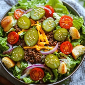 - 1 lb ground beef - 1 teaspoon garlic powder - 1 teaspoon onion powder - 1 teaspoon paprika - Salt and pepper to taste - 4 cups romaine lettuce, chopped - 1 cup cherry tomatoes, halved - 1/2 cup pickles, sliced - 1/2 cup shredded cheddar cheese - 1/4 cup red onion, thinly sliced - 1/2 cup Thousand Island dressing - Sesame seed buns, optional (for croutons) The star of this bowl is the ground beef, seasoned perfectly. I use garlic powder, onion powder, and paprika to give it a rich flavor. Don't forget to add salt and pepper to make it pop. The fresh vegetables, like romaine lettuce and cherry tomatoes, add crunch and color. You can change up the protein in this dish. Try ground turkey or chicken for a lighter meal. For cheese, cheddar is great, but you could use pepper jack for a spicy kick. If you want a different dressing, ranch or blue cheese work well, too. Feel free to add more veggies. Chopped bell peppers or cucumber will make it even fresher. You can also toss in some avocado or guacamole for creaminess. If you want extra crunch, consider adding croutons made from toasted sesame seed buns. They will give your salad a nice texture. Check out the Full Recipe for more details on how to make this tasty Big Mac Salad Bowl. Start by cooking the ground beef. You can use a skillet or grill for this. I prefer a skillet for ease and control. Heat it over medium heat. Add the ground beef and break it apart with a spatula. Season it with garlic powder, onion powder, paprika, salt, and pepper. Mix well. Cook until the beef is browned and fully cooked, about 7 to 10 minutes. Drain any excess grease and let it cool for a few minutes. Now comes the fun part: assembling your salad! In a large serving bowl, layer the chopped romaine lettuce, cherry tomatoes, pickles, shredded cheddar cheese, and sliced red onion. This layering builds flavor and makes the salad look great. Once all the ingredients are in the bowl, add the cooked ground beef. Toss the salad gently to mix everything together. This ensures each bite has the right balance of flavors. For serving, use deep bowls. This helps keep all the ingredients in place. Drizzle the Thousand Island dressing over the salad and toss lightly until everything is evenly coated. If you want some crunch, toast cubes of sesame seed buns in a dry skillet until golden brown. Sprinkle these croutons over the top of your salad. For a nice touch, garnish with extra pickles and a sprinkle of sesame seeds. Enjoy your Big Mac Salad Bowl! To make your Big Mac Salad Bowl shine, balance the flavors. You want a mix of savory, sweet, and tangy tastes. The ground beef brings richness, while the pickles add a nice crunch. The Thousand Island dressing ties it all together with its creamy texture. For a nutrient-rich salad, load it with fresh vegetables. Use romaine lettuce for a crisp base. Add cherry tomatoes for sweetness and color. Red onions give it a sharp bite, while cheddar cheese adds creaminess. This mix boosts vitamins and minerals in your meal. Prepping ingredients in advance makes cooking quick and easy. Chop your veggies the night before. You can also cook the ground beef earlier in the day. Just store it in the fridge until you’re ready to assemble your salad. Using store-bought components can save time, too. Grab pre-washed lettuce or sliced pickles. These small changes cut down on prep time without losing flavor. Adjusting the sauce is simple. If you want a tangier flavor, add more dressing. You can also mix in a bit of mustard for an extra kick. If the salad tastes too rich, a splash of lemon juice can help balance it out. To enhance flavor without added calories, try fresh herbs. Chopped parsley or cilantro can brighten the dish. You can also sprinkle some black pepper for a bit of heat. Experiment with these tweaks to make the salad perfect for your taste buds. {{image_2}} You can easily make a vegetarian version of the Big Mac Salad Bowl. Use lentils or black beans as meat substitutes. They add protein and fiber. For a vegan option, try crumbled tofu or tempeh. These ingredients soak up flavors well. When it comes to dressing choices, swap Thousand Island for a vegan option. You can use cashew cream or a simple vinaigrette. These keep the salad fresh and tasty. If you want a low-carb version, switch out the romaine lettuce for spinach or kale. These greens have fewer carbs and are packed with nutrients. You can also add radishes for crunch. For dressing swaps, choose a low-carb option. A simple olive oil and vinegar mix works great. It keeps the flavors bright without extra carbs. Let’s spice things up! For spicy variations, add jalapeños or sriracha to the salad. These will give it a kick. You can also mix in some hot sauce with your dressing for extra heat. For international salad twists, try adding ingredients from around the world. You could use feta cheese and olives for a Greek twist. Or add mango and cilantro for a fresh, tropical flavor. Each change keeps the salad exciting and new. To keep your Big Mac Salad Bowl fresh, place leftovers in an airtight container. Refrigerate them right away. This helps keep the flavors intact. Use within three days for the best taste. If you want to freeze the salad, it’s best to store only the beef. Do not freeze the salad with the dressing. The lettuce and dressing do not freeze well. When you're ready to enjoy leftovers, reheat the beef only. Use a skillet over medium heat. Stir until it’s warmed through. Avoid reheating the salad itself, as this can make the lettuce soggy. If you want to serve it warm, just add the hot beef on top. This keeps the greens crispy and fresh. You can keep the salad in the fridge for up to three days. After that, check for signs of spoilage. Look for any off smells or slimy lettuce. If you see these signs, it’s time to toss it. Always trust your senses when it comes to food safety. Enjoy your Big Mac Salad Bowl fresh for the best flavor! Yes, you can make the Big Mac Salad Bowl ahead of time. It stays fresh for about 24 hours in the fridge. Keep the dressing separate until you serve it. This helps the salad stay crisp. You can prep the beef and chop the veggies in advance. Just mix everything together when you are ready to eat. If you do not like Thousand Island dressing, try these options: - Ranch dressing - Caesar dressing - Greek yogurt with herbs - Homemade vinaigrette These dressings can add a new twist to your salad. Choose one that fits your taste. To make your salad crunchier, consider these tips: - Add crispy bacon bits - Use tortilla strips - Include roasted chickpeas - Top with crunchy nuts Each of these options adds texture and makes the salad more exciting. You can mix and match to find your favorite combination. This Big Mac Salad Bowl is a fun and tasty twist on a classic. You learned about the main ingredients, like ground beef and fresh veggies, and explored various ways to customize your bowl. I shared tips for prepping, assembling, and storing, as well as creative variations to suit different diets. Keep experimenting and enjoy making this salad your own. Your kitchen can be a place for creativity and flavor. Happy cooking!