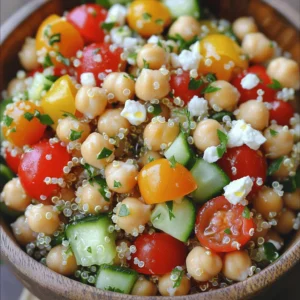 To make your Power-Packed Quinoa & Chickpea Salad, gather these simple ingredients: - 1 cup quinoa, rinsed - 1 can (15 oz) chickpeas, drained and rinsed - 1 cup cherry tomatoes, halved - 1 cucumber, diced - 1 bell pepper (any color), diced - 1/4 cup red onion, finely chopped - 1/2 cup feta cheese, crumbled (optional) - 1/4 cup fresh parsley, chopped - 3 tablespoons olive oil - 1 tablespoon lemon juice - 1 teaspoon garlic powder - Salt and pepper to taste Let’s break down why each ingredient is great for you: - Quinoa: This grain is a complete protein. It has all nine essential amino acids. - Chickpeas: They boost protein and fiber, helping you feel full longer. - Cherry tomatoes: These add vitamins A and C. They help your immune system. - Cucumber: It hydrates you and adds crunch with few calories. - Bell pepper: Rich in vitamins and antioxidants, it adds color and flavor. - Red onion: Known for its anti-inflammatory properties, it adds zest. - Feta cheese: Adds calcium and flavor, but can be skipped for a vegan option. - Parsley: This herb gives vitamins K and C. It also freshens up your dish. - Olive oil: A healthy fat that supports heart health. - Lemon juice: It brightens flavors and adds vitamin C. - Garlic powder: Adds flavor and can boost your immune health. - Salt and pepper: These enhance all the other flavors. To get the best out of your salad, follow these tips: - Quinoa: Look for a brand that is pre-rinsed to save time. - Chickpeas: Choose canned options with no added sugar or salt. - Tomatoes: Pick firm, shiny ones. They should smell sweet and fresh. - Cucumber: Select ones that are firm and have no blemishes. - Bell pepper: Choose crisp peppers with smooth skin and vibrant color. - Red onion: Look for bulbs that feel heavy and have dry, papery skin. - Parsley: Choose fresh, bright green leaves with no wilting. With these ingredients and tips, you’ll create a salad that is not only tasty but also packed with protein. Feel free to check out the Full Recipe for detailed steps! 1. Start by boiling 2 cups of water in a medium pot. 2. Add 1 cup of rinsed quinoa to the boiling water. 3. Lower the heat and cover the pot. Let it simmer for 15-20 minutes. 4. When the quinoa is fluffy and the water is gone, take it off the heat. 5. Allow the quinoa to cool for a few minutes. 6. In a large bowl, mix the cooled quinoa with 1 can of chickpeas. 7. Add 1 cup of halved cherry tomatoes, 1 diced cucumber, and 1 diced bell pepper. 8. Stir in 1/4 cup of finely chopped red onion and 1/4 cup of chopped parsley. 9. If you like, add 1/2 cup of crumbled feta cheese. 10. In a small bowl, whisk together 3 tablespoons of olive oil and 1 tablespoon of lemon juice. 11. Add 1 teaspoon of garlic powder, salt, and pepper to the dressing. 12. Pour the dressing over the salad mixture. Toss gently to mix. 13. Taste the salad and adjust the seasoning as needed. 14. Divide the salad into meal prep containers for easy lunches. - Images: Consider snapping photos of each step. Show the quinoa cooking, mixing the salad, and the final product in containers. - Video: A quick video of the whole process can help. You can show each step in a fun way. - If you like softer quinoa, cook it a few minutes longer. - For firmer quinoa, reduce the cooking time slightly. - Make sure to check the water level while cooking. If it runs low, add a small amount. - Always let the quinoa cool completely before mixing it with other ingredients. This prevents wilting. To keep your salads fresh, focus on layering. Start with hearty ingredients at the bottom. Use quinoa and chickpeas first. These absorb moisture, so they won’t make other veggies soggy. Next, add your chopped veggies like cucumbers and bell peppers. Place delicate items, like greens and herbs, on top. Store the dressing in a separate container. Pour it on just before eating. This method keeps everything crisp and tasty. For extra flavor, try adding nuts or seeds. Toasted almonds or sunflower seeds work well. You can also swap out the feta for avocado for a creamy touch. If you want a kick, add jalapeños or red pepper flakes. Experiment with different dressings too. A balsamic vinaigrette or tahini dressing can change the whole vibe. Don’t be afraid to mix in your favorite herbs for a fresh taste. One common mistake is cutting veggies too small. They can get mushy quickly. Make sure to chop them into larger pieces to maintain crunch. Another mistake is not seasoning enough. A little salt and pepper go a long way. Always taste your salad before packing it up. Lastly, don’t ignore the freshness of your ingredients. Old vegetables will ruin your salad’s flavor and texture. Use the freshest produce you can find for the best results. {{image_2}} You can easily switch up your protein sources in salads. Try adding grilled chicken, shrimp, or tofu. These options give you great flavors and textures. You can also use edamame or lentils for a plant-based twist. Both options are rich in protein and nutrients. If you want a quick boost, sprinkle some nuts or seeds like almonds or sunflower seeds. They add crunch and healthy fats too. Using seasonal ingredients makes salads fresher. In spring, add asparagus and snap peas. Summer brings ripe tomatoes and juicy peaches. For fall, you can use roasted squash or apples. Winter salads can feature hearty kale or brussels sprouts. These ingredients not only taste better, but they also support local farmers. Plus, they are often less expensive when in season. Dressings can change the entire taste of your salad. Instead of a basic vinaigrette, try a tahini or yogurt-based dressing. These add creaminess and depth. You can also mix in fresh herbs, like basil or cilantro, for extra flavor. If you like a kick, add some hot sauce or mustard to your dressing. Experimenting with different flavors keeps your meal prep exciting. To keep your salad fresh, use airtight containers. Glass or BPA-free plastic works best. Layering helps too. Place heavier items at the bottom, like quinoa or chickpeas. This way, lighter ingredients, like tomatoes, do not get squished. Keep dressings separate until you are ready to eat. This keeps greens crisp and prevents sogginess. Meal prep salads last about 3 to 5 days in the fridge. Ensure your fridge is at the right temperature: 40°F or less. Salads with protein, like chickpeas, stay fresh longer. However, leafy greens may wilt faster. If you notice any changes in smell or color, it’s best to toss the salad. You can refresh salads easily. If you want to eat them cold, just take them out of the fridge and enjoy. For a warm option, heat the quinoa separately and mix it back in. If your greens look wilted, add a splash of lemon juice or olive oil. This helps revive their color and crunch. You can find the full recipe for Power-Packed Quinoa & Chickpea Salad to enjoy a hearty meal prep option. The best high-protein ingredients for salads include: - Chickpeas - Quinoa - Lentils - Black beans - Grilled chicken - Tofu - Eggs - Edamame These ingredients add protein and keep you full. You can mix and match them for variety. Chickpeas and quinoa are my go-to choices. They work well together and taste great in salads. Meal prep salads can last about 3 to 5 days in the fridge. This timeframe helps keep ingredients fresh and safe to eat. To extend shelf life, keep dressings separate until you serve. This helps prevent soggy greens. Always check for any signs of spoilage before eating. If it looks or smells off, throw it away. Freezing high-protein salad is not recommended. Fresh greens do not freeze well; they become limp and mushy. However, if your salad has sturdy ingredients like beans or grains, you can freeze those. Just be sure to store them in airtight containers. When ready to eat, thaw them in the fridge overnight. For best taste, enjoy the salad fresh. Try the Power-Packed Quinoa & Chickpea Salad for a great meal prep option. This blog post explored the delicious and easy quinoa and chickpea salad. We covered key ingredients, their nutritional benefits, and tips for choosing fresh items. Step-by-step instructions guide you from prep to plating, with tips to optimize cooking times. We shared meal prepping tricks, common mistakes, and flavor substitutions. You can adjust protein sources and dressings to suit your taste. Lastly, we discussed storage best practices to maintain freshness. Enjoy this healthy salad as a tasty, protein-packed meal!