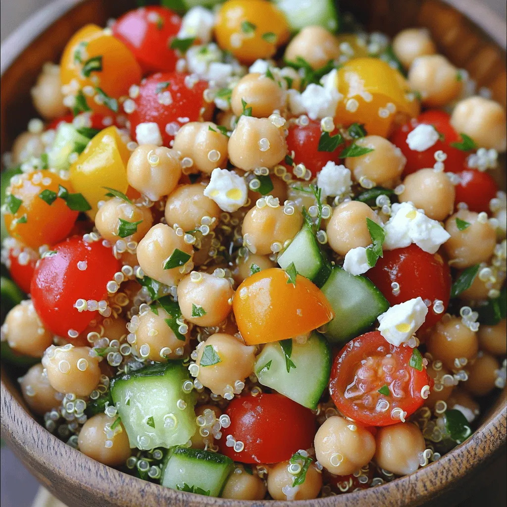 To make your Power-Packed Quinoa & Chickpea Salad, gather these simple ingredients: - 1 cup quinoa, rinsed - 1 can (15 oz) chickpeas, drained and rinsed - 1 cup cherry tomatoes, halved - 1 cucumber, diced - 1 bell pepper (any color), diced - 1/4 cup red onion, finely chopped - 1/2 cup feta cheese, crumbled (optional) - 1/4 cup fresh parsley, chopped - 3 tablespoons olive oil - 1 tablespoon lemon juice - 1 teaspoon garlic powder - Salt and pepper to taste Let’s break down why each ingredient is great for you: - Quinoa: This grain is a complete protein. It has all nine essential amino acids. - Chickpeas: They boost protein and fiber, helping you feel full longer. - Cherry tomatoes: These add vitamins A and C. They help your immune system. - Cucumber: It hydrates you and adds crunch with few calories. - Bell pepper: Rich in vitamins and antioxidants, it adds color and flavor. - Red onion: Known for its anti-inflammatory properties, it adds zest. - Feta cheese: Adds calcium and flavor, but can be skipped for a vegan option. - Parsley: This herb gives vitamins K and C. It also freshens up your dish. - Olive oil: A healthy fat that supports heart health. - Lemon juice: It brightens flavors and adds vitamin C. - Garlic powder: Adds flavor and can boost your immune health. - Salt and pepper: These enhance all the other flavors. To get the best out of your salad, follow these tips: - Quinoa: Look for a brand that is pre-rinsed to save time. - Chickpeas: Choose canned options with no added sugar or salt. - Tomatoes: Pick firm, shiny ones. They should smell sweet and fresh. - Cucumber: Select ones that are firm and have no blemishes. - Bell pepper: Choose crisp peppers with smooth skin and vibrant color. - Red onion: Look for bulbs that feel heavy and have dry, papery skin. - Parsley: Choose fresh, bright green leaves with no wilting. With these ingredients and tips, you’ll create a salad that is not only tasty but also packed with protein. Feel free to check out the Full Recipe for detailed steps! 1. Start by boiling 2 cups of water in a medium pot. 2. Add 1 cup of rinsed quinoa to the boiling water. 3. Lower the heat and cover the pot. Let it simmer for 15-20 minutes. 4. When the quinoa is fluffy and the water is gone, take it off the heat. 5. Allow the quinoa to cool for a few minutes. 6. In a large bowl, mix the cooled quinoa with 1 can of chickpeas. 7. Add 1 cup of halved cherry tomatoes, 1 diced cucumber, and 1 diced bell pepper. 8. Stir in 1/4 cup of finely chopped red onion and 1/4 cup of chopped parsley. 9. If you like, add 1/2 cup of crumbled feta cheese. 10. In a small bowl, whisk together 3 tablespoons of olive oil and 1 tablespoon of lemon juice. 11. Add 1 teaspoon of garlic powder, salt, and pepper to the dressing. 12. Pour the dressing over the salad mixture. Toss gently to mix. 13. Taste the salad and adjust the seasoning as needed. 14. Divide the salad into meal prep containers for easy lunches. - Images: Consider snapping photos of each step. Show the quinoa cooking, mixing the salad, and the final product in containers. - Video: A quick video of the whole process can help. You can show each step in a fun way. - If you like softer quinoa, cook it a few minutes longer. - For firmer quinoa, reduce the cooking time slightly. - Make sure to check the water level while cooking. If it runs low, add a small amount. - Always let the quinoa cool completely before mixing it with other ingredients. This prevents wilting. To keep your salads fresh, focus on layering. Start with hearty ingredients at the bottom. Use quinoa and chickpeas first. These absorb moisture, so they won’t make other veggies soggy. Next, add your chopped veggies like cucumbers and bell peppers. Place delicate items, like greens and herbs, on top. Store the dressing in a separate container. Pour it on just before eating. This method keeps everything crisp and tasty. For extra flavor, try adding nuts or seeds. Toasted almonds or sunflower seeds work well. You can also swap out the feta for avocado for a creamy touch. If you want a kick, add jalapeños or red pepper flakes. Experiment with different dressings too. A balsamic vinaigrette or tahini dressing can change the whole vibe. Don’t be afraid to mix in your favorite herbs for a fresh taste. One common mistake is cutting veggies too small. They can get mushy quickly. Make sure to chop them into larger pieces to maintain crunch. Another mistake is not seasoning enough. A little salt and pepper go a long way. Always taste your salad before packing it up. Lastly, don’t ignore the freshness of your ingredients. Old vegetables will ruin your salad’s flavor and texture. Use the freshest produce you can find for the best results. {{image_2}} You can easily switch up your protein sources in salads. Try adding grilled chicken, shrimp, or tofu. These options give you great flavors and textures. You can also use edamame or lentils for a plant-based twist. Both options are rich in protein and nutrients. If you want a quick boost, sprinkle some nuts or seeds like almonds or sunflower seeds. They add crunch and healthy fats too. Using seasonal ingredients makes salads fresher. In spring, add asparagus and snap peas. Summer brings ripe tomatoes and juicy peaches. For fall, you can use roasted squash or apples. Winter salads can feature hearty kale or brussels sprouts. These ingredients not only taste better, but they also support local farmers. Plus, they are often less expensive when in season. Dressings can change the entire taste of your salad. Instead of a basic vinaigrette, try a tahini or yogurt-based dressing. These add creaminess and depth. You can also mix in fresh herbs, like basil or cilantro, for extra flavor. If you like a kick, add some hot sauce or mustard to your dressing. Experimenting with different flavors keeps your meal prep exciting. To keep your salad fresh, use airtight containers. Glass or BPA-free plastic works best. Layering helps too. Place heavier items at the bottom, like quinoa or chickpeas. This way, lighter ingredients, like tomatoes, do not get squished. Keep dressings separate until you are ready to eat. This keeps greens crisp and prevents sogginess. Meal prep salads last about 3 to 5 days in the fridge. Ensure your fridge is at the right temperature: 40°F or less. Salads with protein, like chickpeas, stay fresh longer. However, leafy greens may wilt faster. If you notice any changes in smell or color, it’s best to toss the salad. You can refresh salads easily. If you want to eat them cold, just take them out of the fridge and enjoy. For a warm option, heat the quinoa separately and mix it back in. If your greens look wilted, add a splash of lemon juice or olive oil. This helps revive their color and crunch. You can find the full recipe for Power-Packed Quinoa & Chickpea Salad to enjoy a hearty meal prep option. The best high-protein ingredients for salads include: - Chickpeas - Quinoa - Lentils - Black beans - Grilled chicken - Tofu - Eggs - Edamame These ingredients add protein and keep you full. You can mix and match them for variety. Chickpeas and quinoa are my go-to choices. They work well together and taste great in salads. Meal prep salads can last about 3 to 5 days in the fridge. This timeframe helps keep ingredients fresh and safe to eat. To extend shelf life, keep dressings separate until you serve. This helps prevent soggy greens. Always check for any signs of spoilage before eating. If it looks or smells off, throw it away. Freezing high-protein salad is not recommended. Fresh greens do not freeze well; they become limp and mushy. However, if your salad has sturdy ingredients like beans or grains, you can freeze those. Just be sure to store them in airtight containers. When ready to eat, thaw them in the fridge overnight. For best taste, enjoy the salad fresh. Try the Power-Packed Quinoa & Chickpea Salad for a great meal prep option. This blog post explored the delicious and easy quinoa and chickpea salad. We covered key ingredients, their nutritional benefits, and tips for choosing fresh items. Step-by-step instructions guide you from prep to plating, with tips to optimize cooking times. We shared meal prepping tricks, common mistakes, and flavor substitutions. You can adjust protein sources and dressings to suit your taste. Lastly, we discussed storage best practices to maintain freshness. Enjoy this healthy salad as a tasty, protein-packed meal!