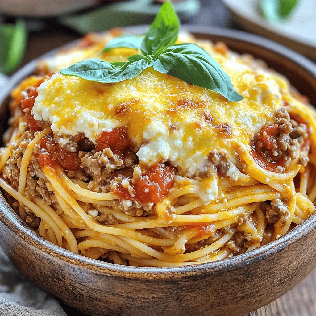 - 8 ounces uncooked spaghetti - 1 pound ground beef or ground turkey - 1 medium onion, chopped - 2 cloves garlic, minced - 1 can (28 ounces) crushed tomatoes - 1 can (15 ounces) tomato sauce - 1 teaspoon Italian seasoning - 1 teaspoon salt - ½ teaspoon black pepper - 1 cup cottage cheese - 1 cup shredded mozzarella cheese - ½ cup grated Parmesan cheese - Fresh basil leaves, for garnish Each ingredient plays a key role in the flavor and texture of the dish. The spaghetti serves as the base. The ground beef or turkey adds protein and richness. Onions and garlic bring depth to the flavor. Crushed tomatoes and tomato sauce create a hearty sauce to bind everything together. The cottage cheese adds creaminess, while mozzarella and Parmesan contribute to the gooey, cheesy topping. - Slow cooker - Large pot for boiling spaghetti - Skillet for browning meat - Mixing bowl - Measuring spoons and cups - Wooden spoon for mixing These tools help streamline the cooking process. A slow cooker is perfect for even heat distribution. A large pot is essential for cooking spaghetti. A skillet allows you to brown the meat effectively. Mixing bowls and measuring tools ensure accuracy in your recipe. - Ground beef can be replaced with ground turkey or chicken for a leaner option. - Cottage cheese can be swapped with ricotta for a creamier texture. - Mozzarella can be substituted with provolone for a different flavor. - Use gluten-free pasta if you need a gluten-free option. These substitutions can change the flavor and health profile of your dish. Be creative! Adjust the recipe to suit your preferences or dietary needs. Enjoy the process of making this casserole your own. First, cook the spaghetti. Boil water in a large pot. Add the spaghetti and cook until it is firm yet soft, about 8-10 minutes. Drain the spaghetti well and set it aside. Make sure it does not stick together. You want the spaghetti ready for the layers ahead. Next, heat a skillet over medium heat. Add the ground beef or ground turkey. Toss in the chopped onion and minced garlic. Stir and cook until the meat is brown and the onions are soft, about 5-7 minutes. Drain any fat from the skillet. This step adds flavor to your casserole and makes it hearty. Now, grab your slow cooker. Start layering your ingredients. First, add half of the meat mixture to the bottom. Then, add half of the cooked spaghetti. Spoon half of the cottage cheese on top. Swirl in half of the mozzarella cheese. Repeat this with the remaining meat mixture, spaghetti, and cottage cheese. Finish with the rest of the mozzarella and sprinkle the Parmesan cheese on top. Cover the slow cooker and cook on low for about 4-5 hours. You’ll know it’s ready when the cheese is bubbly and golden brown. For the full recipe, check the details above. To get the best texture, cook the spaghetti until it’s just firm. This helps the pasta hold up in the slow cooker. Mix the ingredients gently. Over-mixing can make the casserole mushy. Layering the ingredients is key. Start with meat, then pasta, and repeat. This keeps each bite flavorful and satisfying. For extra flavor, try adding chopped bell peppers or mushrooms to the meat mix. Fresh herbs like thyme or oregano can boost the taste too. You can also add a pinch of red pepper flakes for a bit of heat. If you like garlic, add more minced garlic for a stronger flavor. A splash of red wine in the meat mix can deepen the taste as well. Serve your casserole hot, right from the slow cooker. It looks great in a big dish, but you can also scoop it into bowls. Pair the casserole with a simple green salad or garlic bread. A side of roasted vegetables adds color and nutrition. For drinks, try a light red wine or iced tea to complement the meal. Check out the Full Recipe for more details on making this dish! {{image_2}} For a tasty vegetarian twist, swap the meat for veggies. Try using mushrooms, bell peppers, and zucchini. You can sauté these veggies until soft before adding them to the mix. Use a mix of cheeses for rich flavor. The crushed tomatoes and sauce keep it moist and delicious. To make it gluten-free, use gluten-free spaghetti. Many brands offer great options that taste just as good. Check labels to ensure they meet your needs. The rest of the ingredients, like meat and cheese, are usually gluten-free. This way, everyone can enjoy the dish. You can change the cheese to fit your taste. Use ricotta for a creamy texture, or add cheddar for a sharp flavor. Mixing different sauces can also add a unique twist. For example, you can add pesto or Alfredo sauce for extra depth. This keeps each bite exciting and fun. For the complete recipe, check the [Full Recipe]. After you enjoy your savory slow cooker spaghetti casserole, let it cool. Place leftovers in an airtight container. Make sure to store it in the fridge. It will stay fresh for about three to four days. If you have a lot left, consider freezing some. To reheat, take the casserole out of the fridge. You can use the oven or microwave. For the oven, preheat it to 350°F. Cover the casserole with foil and heat for about 20 minutes. If using a microwave, heat in short bursts. Stir between each burst to heat evenly. You can freeze the casserole for later! Wrap it tightly in plastic wrap. Then, put it in a freezer-safe bag. It will keep well for about two to three months. When you are ready to eat it, let it thaw in the fridge overnight. Then, reheat as described above. Enjoy the ease of a ready meal! Cooking a slow cooker spaghetti casserole takes about 4 to 5 hours on low heat. This time lets all the flavors mix well. The casserole gets cheesy and bubbly, which makes it perfect for serving. I suggest checking it around the 4-hour mark to see if the cheese is golden brown. Yes, you can use different types of meat in this recipe. Ground beef and turkey work great. You can also try sausage, chicken, or even plant-based meat. Each option brings a unique flavor to the casserole. Just make sure to cook the meat well before adding it to the slow cooker. You can serve many delicious sides with this casserole. A fresh garden salad pairs nicely, adding crunch and color. Garlic bread is another great choice, perfect for dipping. If you want something lighter, steamed veggies work well too. These sides will enhance your meal and make it more special. For the full recipe, check out the details above. In this post, we covered everything about slow cooker spaghetti casserole. We listed ingredients, tools, and substitutions. I explained each step of cooking and layering your dish. We shared tips for perfect texture and flavor. You also learned about variations for different diets, plus how to store and reheat leftovers. Now, you can make a delicious casserole your way. Enjoy experimenting with flavors and share it with friends or family. Cooking should be fun and tasty!