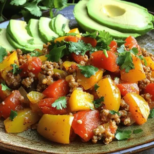 - Ground turkey: This lean meat offers a great protein source. It cooks quickly and absorbs flavors well. Using ground turkey keeps your dish light and healthy. - Bell peppers (red and yellow): These colorful veggies add crunch and sweetness. They also bring vitamins and minerals to your meal. Dicing them allows for even cooking and a nice pop of color. - Onion and garlic: These aromatics build a strong flavor base. Sautéing onions brings out their natural sweetness. Garlic adds depth and a savory kick to the dish. - Smoked paprika: This spice gives a warm, smoky flavor. It enhances the overall taste without being too spicy. Just a teaspoon can change the dish. - Cumin: This spice adds a nutty flavor. It pairs well with turkey and peppers. Cumin brings a hint of earthiness that rounds out the dish. - Chili powder: This spice adds warmth and a touch of heat. Use it to elevate the flavor profile. You can adjust the amount based on your spice preference. - Fresh cilantro: This herb adds a fresh, bright note. It enhances the dish's flavor and makes it visually appealing. Sprinkle it on top before serving for an extra burst of color. - Avocado slices: These add creaminess and a rich taste. They can balance the spices in the dish. Serve them on the side or on top for added texture. For the complete recipe, check out the [Full Recipe]. To start, heat olive oil in a large skillet over medium heat. Add the chopped onion and sauté for 3-4 minutes until it smells good and turns soft. Next, toss in the minced garlic and cook for one more minute. Make sure to stir often to prevent burning. Now, add the ground turkey. Break it up with a spatula as it cooks. Brown it for about 6-8 minutes until there is no pink left. Once the turkey is ready, sprinkle in the smoked paprika, cumin, chili powder, salt, and pepper. Stir well to mix in all the spices. Then, fold in the diced bell peppers and the drained tomatoes. Cook everything together for another 5-7 minutes. This helps the peppers soften and the flavors blend nicely. It's time to taste your dish! Adjust the seasoning if you need to add more salt or spices. After that, take it off the heat and let it sit for a minute. Garnish with chopped cilantro before serving. For a fresh touch, add avocado slices on the side or on top of each serving. Enjoy this delicious meal with the full recipe! When buying ground turkey, look for lean options. Lean turkey has less fat and is healthier. Check the label for fat content; 93% lean is a great choice. Fresh turkey should smell clean and look pink. Avoid turkey that looks gray or has a strong odor. Always buy from a trusted source. Dicing bell peppers is simple. Start by washing them well. Cut off the top and bottom, then slice them in half. Remove the seeds and white parts. Next, chop each half into small pieces. This helps them cook evenly. To balance flavors, use spices wisely. Smoked paprika adds warmth, while cumin brings depth. Chili powder can add a kick. Start with small amounts and taste as you go. This way, you can customize the dish to your liking. Make your dish look great with a nice presentation. Use a shallow bowl to showcase the colorful turkey and peppers. Sprinkle fresh cilantro on top for a pop of green. Pair this dish with sides like rice or a fresh salad. They add texture and make the meal more filling. You can also serve it with avocado slices for creaminess. These simple touches can elevate your meal and impress your guests. For the full recipe, check out the Turkey & Pepper Fiesta. {{image_2}} To spice things up, you can add jalapeños to your dish. They bring a nice kick. Just slice them thin and toss them in with the peppers. You can also try different spice blends. A taco seasoning mix can give it a fun twist. Or, for a smoky flavor, use chipotle powder instead of chili powder. If you want to switch things up, consider alternatives for ground turkey. Ground chicken or beef works well as substitutes. You can even try plant-based meats for a veggie version. Chickpeas or lentils also make great meatless options. Just cook them until they are heated through. You can take this dish in different culinary directions. For a Mexican-inspired version, add corn and black beans. Top it with cheese and serve with tortillas. If you're feeling Mediterranean, use feta cheese and olives. A drizzle of lemon juice can brighten the flavors. These twists keep the dish fun and exciting. Check out the Full Recipe for more ideas. To keep your ground turkey and peppers fresh, store leftovers in an airtight container. Place the dish in the fridge within two hours of cooking. It will stay good for 3 to 4 days. Always check for signs of spoilage before eating. If you want to save some for later, freezing is a great option. Let the dish cool completely first. Then, portion it into freezer-safe bags or containers. Remove as much air as possible to prevent freezer burn. It can last in the freezer for up to 3 months. When you're ready to eat, thaw it overnight in the fridge. Reheat it in a skillet over medium heat or in the microwave. Meal prepping is fun and helps save time. You can make a big batch of ground turkey and peppers and divide it into portions. Use small containers for easy grab-and-go meals. Pair each portion with rice or a salad to complete your meal. This way, you have healthy options ready for busy days! Ground turkey typically takes about 15 to 20 minutes to cook. To ensure it's fully cooked, use a meat thermometer. The internal temperature should reach 165°F. This ensures the turkey is safe to eat. Stir it often to cook evenly. Avoid crowded pans, which can trap steam and affect cooking time. You want a nice brown color, which adds flavor. Yes, you can use frozen ground turkey. To cook it safely, you should thaw it first. The best method is to leave it in the fridge overnight. If you're short on time, place it in cold water. Change the water every 30 minutes. This method takes about 1 to 2 hours. Once thawed, cook it right away. Cooking frozen turkey takes longer, about 50% more time than fresh. Ground turkey and peppers are very versatile. You can use them for tacos, stuffed peppers, or casseroles. They also work well in stir-fries or pasta dishes. For a hearty soup, combine them with broth and beans. You can also make a savory chili. Explore new flavor pairings by adding different spices or herbs. For more ideas, check the Full Recipe for inspiration! This article covered key ingredients for your dish, including ground turkey, peppers, and spices. I shared step-by-step instructions on cooking and tips for selecting quality ingredients. You can vary the recipe with different spices and ingredient swaps. Proper storage and meal prepping can help you enjoy leftovers. Embrace this recipe, and make it your own. Enjoy delicious meals that are easy, healthy, and fun.