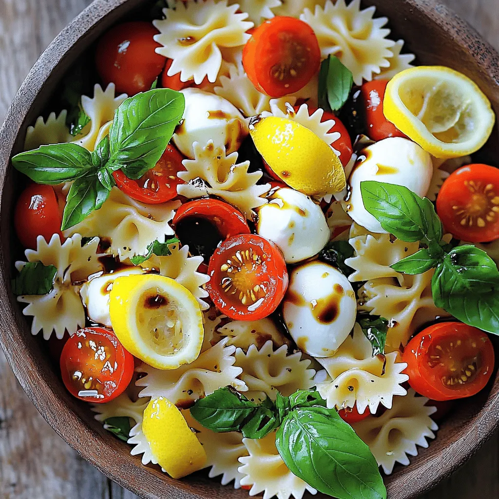 The Best Caprese Pasta Salad is fresh and tasty. It brings together simple ingredients. This dish uses pasta, tomatoes, mozzarella, and basil. Each bite is a burst of flavor. You can find the Full Recipe above. Here’s what you need for this delightful salad: - 8 oz (225 g) farfalle (bowtie) pasta - 1 cup cherry tomatoes, halved - 1 cup fresh mozzarella balls (bocconcini) - 1 cup fresh basil leaves, torn - 3 tablespoons extra-virgin olive oil - 2 tablespoons balsamic glaze - Salt and pepper to taste - 1/2 teaspoon garlic powder - Zest of 1 lemon Using fresh ingredients makes this pasta salad shine. Fresh tomatoes burst with juice. Fresh mozzarella adds creaminess. Fresh basil gives a fragrant touch. When all these flavors mix, they create magic. Always choose the best ingredients you can find. They make a huge difference in taste and quality. Enjoy the crunch of fresh veggies and the smoothness of cheese. This salad is all about freshness! Start by gathering all your ingredients. You will need: - 8 oz (225 g) farfalle (bowtie) pasta - 1 cup cherry tomatoes, halved - 1 cup fresh mozzarella balls (bocconcini) - 1 cup fresh basil leaves, torn - 3 tablespoons extra-virgin olive oil - 2 tablespoons balsamic glaze - Salt and pepper to taste - 1/2 teaspoon garlic powder - Zest of 1 lemon Wash the cherry tomatoes and basil leaves. Halve the tomatoes and tear the basil. This makes the salad look nice and fresh. Next, bring a large pot of salted water to a boil. Add the farfalle pasta and cook according to the package directions. You want it to be al dente, which means firm to the bite. This usually takes about 10-12 minutes. Once cooked, drain the pasta and rinse it under cold water. This stops the cooking process and cools it down. After rinsing, set the pasta aside to dry. In a big mixing bowl, combine the cooked pasta, halved cherry tomatoes, mozzarella balls, and torn basil leaves. This mix gives great flavor and color. In a small bowl, whisk together the olive oil, balsamic glaze, garlic powder, lemon zest, salt, and pepper. Pour this dressing over the pasta mixture. Gently toss everything together until all the ingredients are evenly coated. It’s important to mix well so every bite is tasty. Taste the salad and adjust the seasoning. If it needs more salt or pepper, add it now. Chill the salad in the fridge for at least 30 minutes. This lets the flavors meld together. Serve it cold or at room temperature for the best taste. Enjoy your Best Caprese Pasta Salad with family and friends! For the complete details, check the Full Recipe. To prevent pasta from sticking, use ample water when cooking. A good rule is to use 4 quarts of water for every pound of pasta. Add salt once the water boils. This helps with flavor and texture. Stir the pasta often in the first few minutes of cooking. Drain it promptly when it's al dente. Rinse it briefly under cold water to stop the cooking process. This keeps it firm and prevents clumping. Flavor is key in any pasta salad. Start with good quality olive oil. It adds richness and depth. Use fresh herbs like basil for a bright taste. You can also add garlic powder for a subtle kick. A splash of balsamic glaze gives a sweet and tangy touch. Always taste as you mix. Adjust salt and pepper to your preference. Don't forget the lemon zest! It adds a fresh note that brightens the whole dish. Serve your Caprese pasta salad cold or at room temperature. This makes it perfect for picnics or gatherings. Garnish with extra basil leaves for a pop of color. Pair it with grilled chicken or fish for a complete meal. It also works well with crusty bread on the side. For a fun twist, try serving it in mason jars. This makes for easy transport and a lovely presentation. For the full recipe, check out the link! {{image_2}} You can easily add protein to your Caprese pasta salad. A few tasty options include grilled chicken, shrimp, or even chickpeas. Each choice adds a nice twist to the dish. Grilled chicken gives it a hearty flavor. Shrimp adds a light touch. Chickpeas boost the protein while keeping it vegetarian. Feel free to mix and match to find what you love best! If you want a vegan or dairy-free version, swap the mozzarella for vegan cheese or avocado. This keeps the creaminess of the dish without using dairy. You can also add nuts, like pine nuts or walnuts, for extra crunch and flavor. Another great option is using marinated tofu, which adds protein and a unique taste to your salad. Caprese salad has many regional twists. In Italy, you might find it served with a drizzle of pesto. In the south of France, they may add olives for a salty kick. You can also play with the types of tomatoes used. Heirloom or sundried tomatoes can give a different flavor profile. Each region offers exciting options to explore in your own kitchen. To keep your Caprese pasta salad fresh, store it in the fridge. First, let the salad cool to room temperature. Then, place it in a container with a tight lid. This method keeps moisture in and air out, which helps the salad stay tasty. I recommend using glass or plastic containers with tight seals. These types of containers prevent spills and keep the salad fresh. If you have a lot of salad, consider using a larger container. You can also use smaller containers for single servings. This makes it easy to grab and go! You can store your salad in the fridge for up to three days. After that, the flavors may fade, and the ingredients might not taste great. If you notice any changes in smell or texture, it’s best to toss it. Enjoy your delicious Caprese pasta salad while it’s at its best! For the full recipe, check out the Best Caprese Pasta Salad section. Yes, you can make this salad ahead of time. It actually tastes better after chilling. The flavors blend well when it sits in the fridge. I suggest you prepare it a few hours before serving. Just cover it tightly and chill it. This way, you save time and enjoy a tasty dish. You can use various pasta types for this salad. I like farfalle for its fun shape. Penne or fusilli also work well. Choose any pasta you enjoy. Just ensure it cooks al dente for the best texture. The pasta should hold the dressing and flavors nicely. Yes, fresh basil is key to this salad. Its bright flavor makes the dish shine. Dried basil won't give the same taste. If you can’t find fresh basil, try parsley or arugula. They add a nice touch but won’t taste the same as basil. Fresh herbs elevate this dish and make it special. This blog covered key parts of making a Caprese Pasta Salad. We talked about fresh ingredients, cooking steps, and useful tips. I highlighted fun variations and proper storage methods. Remember, fresh ingredients make a big difference. You can swap protein and add your favorite flavors. Enjoy making this salad for your next meal. It's simple and tasty! Don’t hesitate to try new ideas and share your results. The best pasta salad is the one you love!