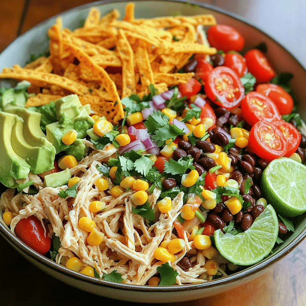- 2 cups cooked chicken breast, shredded - 1 cup corn (canned or fresh) - 1 cup black beans, rinsed and drained - 1 red bell pepper, diced - 1 avocado, diced - 1/2 cup cherry tomatoes, halved - 1/4 cup red onion, finely chopped - 1/2 cup cilantro, chopped - Tortilla strips or crushed tortilla chips for garnish - 1 lime, juiced - 3 tablespoons olive oil - 1 teaspoon cumin - 1 teaspoon chili powder - Salt and pepper to taste For this zesty Southwest chicken salad, you need fresh and simple ingredients. The chicken gives a great base. The corn and black beans add good texture and flavor. The colorful veggies make it pop. I love how the red bell pepper and cherry tomatoes look. The creamy avocado balances the crunch. You can use either fresh or canned corn. The beans should be rinsed to remove extra salt. For the dressing, lime juice and olive oil bring a bright taste. Cumin and chili powder add warmth. Adjust salt and pepper based on your taste. I like to use fresh cilantro for a burst of flavor. This mix of ingredients creates a tasty salad, perfect for lunch or dinner. Check the Full Recipe for complete details on how to make it. Combining Ingredients First, grab a large bowl. In it, mix 2 cups of shredded chicken, 1 cup of corn, and 1 cup of black beans. Add 1 diced red bell pepper, 1 diced avocado, and 1/2 cup of halved cherry tomatoes. Toss in 1/4 cup of finely chopped red onion and 1/2 cup of chopped cilantro. This mix gives the salad a fresh and colorful look. Whisking the Dressing In a small bowl, squeeze the juice from 1 lime. Add 3 tablespoons of olive oil, 1 teaspoon of cumin, and 1 teaspoon of chili powder. Season with a pinch of salt and pepper. Whisk these ingredients together until they blend well. This dressing adds zesty flavor to the salad. Tossing and Serving the Salad Pour the dressing over the chicken and veggie mix. Gently toss everything to coat it well with the dressing. Taste the salad and adjust with more salt, pepper, or lime juice if needed. Let the salad sit for about 10 minutes so the flavors blend. Serve it topped with crunchy tortilla strips or crushed tortilla chips for extra texture. For the full recipe, check out the Zesty Southwest Chicken Salad. Choosing the Right Chicken Use chicken breast for a lean option. Cook your chicken simply with salt and pepper. Shred it once it cools. You can also use rotisserie chicken for speed. Just remove the skin and bones before shredding. Enhancing Flavor with Seasonings Use cumin and chili powder for a warm kick. These spices boost the salad's zestiness. Don’t forget to season with salt and pepper. Fresh lime juice adds a tangy touch. Mix well to ensure all flavors combine. Serving Suggestions for Best Presentation Serve on a large platter for a colorful display. Add tortilla strips on top for crunch. Use a clear bowl to show off the vibrant colors. Garnish with extra cilantro for a fresh look. This salad looks great and tastes even better. For the complete recipe and more details, check the Full Recipe. {{image_2}} Adding Different Proteins You can switch up the protein in this salad. Try using grilled shrimp or spicy turkey. These options bring new flavors to the dish. If you want a richer taste, add some pulled pork. Each choice adds a fun twist to the classic recipe. Vegetarian Alternatives For a vegetarian option, skip the chicken. Instead, use chickpeas or quinoa. Both add protein and texture. You can also mix in roasted sweet potatoes for a sweet touch. This keeps the salad tasty and filling without meat. Unique Dressing Ideas While lime and olive oil work well, feel free to get creative. Try a creamy avocado dressing for smoothness. A cilantro-lime vinaigrette adds a fresh kick. For a zesty touch, mix in some salsa or yogurt. These dressings can change the whole vibe of your salad. You can find the full recipe for Zesty Southwest Chicken Salad [Full Recipe]. When you have leftover Zesty Southwest Chicken Salad, store it right. Here are some tips to keep it fresh. - Refrigeration Best Practices Place the salad in an airtight container. It will stay fresh for up to three days. Keep it in the fridge, away from strong-smelling foods. The cool temperature helps keep the flavors vibrant. - Freezing Recommendations You can freeze this salad, but some ingredients may change. The avocado and tomatoes might get mushy. If you want to freeze it, leave out these ingredients. Store the rest in a freezer-safe container. It should last for about three months. - How to Revive Leftovers After storing, the salad may lose some crunch. To revive it, add fresh lime juice and a little olive oil. Toss in some fresh herbs or diced veggies for extra flavor. This will bring it back to life and make it delicious again. You can find the full recipe for Zesty Southwest Chicken Salad above. Enjoy your meal! Can I use pre-cooked chicken? Yes, you can use pre-cooked chicken. It saves time and works great. Just shred it into bite-sized pieces. This makes it easy for you to mix with other ingredients. What can I substitute for black beans? If you don’t have black beans, use pinto beans or kidney beans. They add a nice texture and flavor, too. You can even try corn or chickpeas for a twist. How long does the salad last in the fridge? The salad lasts about 3 days in the fridge. Keep it in a sealed container to keep it fresh. However, the avocado may brown over time. You can add the avocado just before serving for best results. For the full recipe, please refer to the earlier section. This blog post covered every step to make a Zesty Southwest Chicken Salad. We went through key ingredients, preparation steps, and expert tips. I shared fun variations to make the recipe your own. Finally, we discussed how to store leftovers safely and addressed common questions. With simple methods, you can enjoy a fresh and tasty salad anytime. Use these ideas to create your perfect dish. Happy cooking!