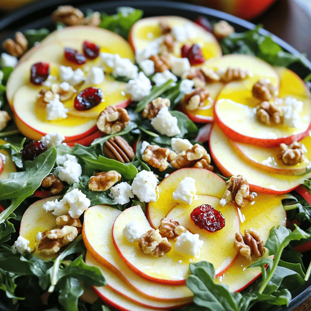 To make the Honeycrisp Apple and Feta Salad, gather these main ingredients: - 2 Honeycrisp apples, thinly sliced - 4 cups mixed greens (such as arugula, spinach, and kale) - 1 cup crumbled feta cheese - 1/2 cup walnuts, roughly chopped - 1/4 cup dried cranberries These ingredients give the salad its fresh and crisp flavor. You can add extra toppings to enhance the salad. Here are some tasty options: - Sliced pears for added sweetness - Toasted pumpkin seeds for crunch - Fresh herbs like basil or mint for brightness Feel free to mix and match according to your taste. For the perfect dressing, use these ingredients: - 1/4 cup olive oil - 2 tablespoons apple cider vinegar - 1 tablespoon honey - Salt and pepper to taste This dressing balances the sweetness of the apples and the saltiness of the feta. You can find the full recipe in the earlier section. First, wash your Honeycrisp apples well. This step helps remove any dirt or wax. Next, slice the apples thinly. Keep the skins on for extra flavor and crunch. Now, rinse the mixed greens. You can use arugula, spinach, or kale. Dry them with a salad spinner or a clean towel. Then, chop the walnuts roughly. This will add a nice crunch. Lastly, crumble the feta cheese into small pieces. This will help it blend well in the salad. Grab a large salad bowl. Place the mixed greens at the bottom. Then, layer the sliced Honeycrisp apples on top. Spread them out evenly for a pretty look. Next, sprinkle the crumbled feta cheese over the apples. Add the chopped walnuts for texture. Finally, toss in the dried cranberries. These add a lovely sweet touch and color to the salad. In a small bowl, combine olive oil, apple cider vinegar, and honey. Use a whisk to mix them well. Add salt and pepper to taste. This will enhance the flavors. Pour the dressing over the salad just before serving. This keeps the greens fresh and crisp. Gently toss the salad to mix all the ingredients. Serve immediately to enjoy the bright flavors. For the full recipe, check out the detailed instructions above. To get the best slices of Honeycrisp apples, start with a sharp knife. Thin slices show off the apple's color and shape. Cut the apple into quarters, removing the core. Place the flat side down for safety. Then, slice each quarter thinly. You want pieces that are about 1/8 inch thick. This size helps them mix well in the salad. To keep your greens fresh, wash them right before use. Use cold water to rinse them well. Then, spin them dry in a salad spinner. If you don’t have one, pat them dry with a clean towel. Store the greens in a sealed bag with a paper towel. This helps absorb moisture. Keep them in the fridge until you're ready to serve. For the dressing, blend olive oil, apple cider vinegar, and honey well. Use a whisk to combine them. Taste the dressing and adjust with salt and pepper. To enhance the flavor, let the dressing sit for a few minutes. This allows the ingredients to mix better. Drizzle it over the salad just before serving for the best taste. You can find the Full Recipe for more details. {{image_2}} You can swap out Honeycrisp apples for other fruits. Try using pears for a soft, sweet bite. Granny Smith apples add a tart flavor. Berries like strawberries or blueberries also work well. Each fruit brings a unique taste and texture to your salad. You can mix and match to find your favorite combo. If you want a vegan version, leave out the feta cheese. You can use avocado for creaminess instead. Another great option is to use nutritional yeast for a cheesy flavor. You can also try a vegan cheese that melts well. It adds flavor without dairy. To make this salad heartier, add protein. Grilled chicken or shrimp adds a nice touch. You could also use chickpeas for a plant-based option. Tofu works well too, especially if grilled or sautéed. Nuts, like almonds or pistachios, add crunch and protein too. Each option makes the salad filling and satisfying. For the full recipe, check out the complete ingredient list and steps. To keep your leftover Honeycrisp apple and feta salad fresh, store it in an airtight container. Make sure to separate the dressing from the salad. This helps the greens stay crisp. You can store it in the fridge for up to two days. If the salad gets soggy, it’s best to toss it out. Dressings can change the texture of your salad. Always add the dressing right before serving. If you have leftover dressing, store it in a sealed jar in the fridge. It can last for a week. Shake it well before using it again. This keeps your salad fresh and tasty. Fresh ingredients have different shelf lives. Honeycrisp apples can last about three weeks in the fridge. Mixed greens should be used within a week for the best flavor. Feta cheese can last up to two weeks if stored correctly. Check the expiration dates on your ingredients to ensure quality. Yes, you can use other apples if you want. Some good choices are Fuji, Gala, or Granny Smith. Each type brings its flavor and crunch. Fuji apples are sweet, while Granny Smith adds a nice tartness. Experiment and see which ones you like best! This salad stays fresh for about two days in the fridge. Keep it in an airtight container. The apples might brown a bit, but the taste will still be good. For best results, eat it right after making it. This way, you enjoy the crisp apples and greens. If you can’t find feta, try goat cheese or blue cheese. Both have a nice creaminess and flavor. You can also use a dairy-free cheese if you want a vegan option. Just choose one that crumbles well for a similar texture. For the full recipe, check the details above! This blog post covered how to make a tasty salad. We discussed main ingredients, optional toppings, and great dressings. I shared steps for preparing, assembling, and creating the dressing. You learned tips to slice apples, keep greens fresh, and enhance flavor with dressings. I also shared variations, storage tips, and answered common questions. Salad-making can be fun and simple. With these ideas, you can create your own delicious versions. Enjoy your fresh, tasty salads!