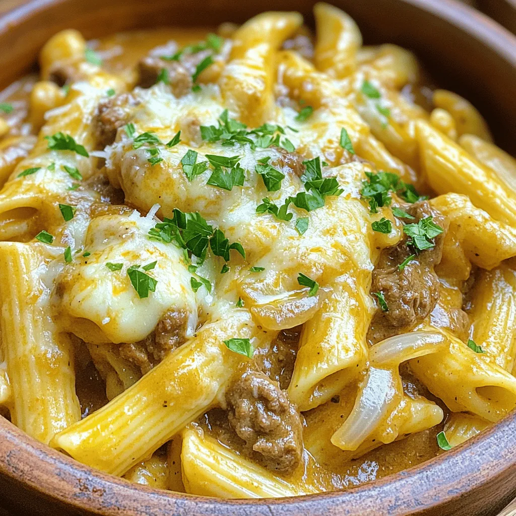 To make Cheesy Penne with Garlic Butter Beef, gather these ingredients: - 2 cups penne pasta - 1 pound ground beef - 4 tablespoons unsalted butter - 4 cloves garlic, minced - 1 medium onion, finely chopped - 1 teaspoon dried oregano - 1 teaspoon dried basil - 1 cup beef broth - 1 cup heavy cream - 2 cups shredded mozzarella cheese - 1/2 cup grated Parmesan cheese - Salt and pepper to taste - Fresh parsley for garnish Choosing the right ingredients makes a big difference. Here are some tips to help you: - Pasta: Look for high-quality penne. Whole wheat options add fiber. - Beef: Choose fresh, lean ground beef. It will taste better and be healthier. - Butter: Use unsalted butter for better control of salt in your dish. - Garlic: Fresh garlic gives a strong, vibrant taste. Avoid pre-minced garlic. - Cheese: Use fresh mozzarella and Parmesan for the best melt and flavor. - Herbs: Fresh herbs can elevate the dish. If using dried, check for freshness. You can easily make swaps to fit your needs: - Pasta: Use gluten-free penne for a gluten-free option. - Beef: Ground turkey or chicken works well for a lighter meal. - Dairy-Free: Substitute heavy cream with coconut cream or cashew cream. - Cheese: Use vegan cheese if you want a dairy-free version. - Herbs: Fresh or dried herbs can be mixed. Adjust to your taste. For the full recipe, refer to the section above. First, fill a large pot with water. Add a good pinch of salt to it. Bring the water to a boil over high heat. Once boiling, add 2 cups of penne pasta. Cook the penne according to the package instructions until it is al dente. This usually takes about 8 to 10 minutes. After cooking, drain the pasta. Set it aside for later. In a large skillet, melt 2 tablespoons of unsalted butter over medium heat. Add 1 medium onion that you have chopped finely. Sauté the onion until it turns translucent, which takes about 3 to 4 minutes. Then, add 4 cloves of minced garlic and cook for another minute. Next, increase the heat to medium-high. Add 1 pound of ground beef to the skilled. Cook the beef until it is browned and no longer pink, about 5 to 7 minutes. Season it with 1 teaspoon of dried oregano, 1 teaspoon of dried basil, salt, and pepper to taste. Now, pour in 1 cup of beef broth and 1 cup of heavy cream. Stir everything together well. Bring this mixture to a gentle simmer. Let it cook for about 5 minutes. This helps the sauce thicken a bit. Once it is ready, lower the heat. Add the cooked penne pasta to the skillet. Stir in 2 cups of shredded mozzarella cheese and 1/2 cup of grated Parmesan cheese. Mix until the cheese melts and the pasta is creamy. In a separate small skillet, melt the remaining 2 tablespoons of butter over low heat. Add a bit more minced garlic and let it bubble for 1 to 2 minutes. Be careful not to burn it. Drizzle this garlic butter over the penne mixture. Gently combine it all together. Remove the skillet from heat. Garnish with fresh parsley and more cheese if you like. Serve your cheesy penne warm and enjoy! For the complete recipe, check out [Full Recipe]. To cook penne pasta just right, use a big pot. Fill it with water and add salt. Bring the water to a boil, then add the penne. Stir it often. Cook until it's al dente, about 9 to 11 minutes. Check the package for exact times. Drain the pasta, but save some cooking water. It helps make the sauce smooth later. Garlic butter brings big flavor to your dish. Start by melting butter in a small pan over low heat. Add minced garlic and cook for 1-2 minutes. Keep an eye on it so it doesn't burn. Once it’s ready, drizzle this garlic butter over the penne mixture. This step makes each bite tasty and rich. There are a few easy mistakes to watch for. Don't overcook the pasta; it should have a slight bite. Also, avoid skipping the garlic butter. It adds a key flavor. Lastly, don’t forget to taste your sauce. Adjust salt and pepper as needed. These small steps can make a big difference in your dish. For the complete recipe, check the Full Recipe section. {{image_2}} You can boost this dish with vegetables. Adding veggies makes it colorful and healthy. Try spinach, mushrooms, or bell peppers. - Add 1 cup of fresh spinach for extra greens. - Sauté 1 cup of sliced mushrooms with the onion. - Mix in 1 cup of diced bell peppers for crunch. These veggies cook quickly and blend well with the cheesy penne. They also add flavor and texture. If you want to switch up the protein, you have great choices. Ground turkey or chicken works well instead of beef. - Use 1 pound of ground turkey for a leaner meal. - Swap the beef for 1 pound of cooked sausage for a spicy kick. You can also try shrimp or tofu for a seafood or vegetarian twist. Just adjust the cooking time as needed. For those who love heat, you can spice things up. Adding chili flakes or jalapeños makes it exciting. - Mix in 1 teaspoon of red pepper flakes when cooking the beef. - Add diced jalapeños to the sauce for a bold flavor. These spicy add-ons create a fun twist on the classic recipe. You can enjoy your Cheesy Penne with Garlic Butter Beef in a whole new way. For the full recipe, check out the earlier section. Store any leftover cheesy penne in an airtight container. Let it cool to room temperature first. This helps keep the flavor fresh. Place it in the fridge. It will stay good for about three to four days. Make sure to label the container. This way, you know when to eat it! To reheat, use a skillet over low heat. Add a splash of beef broth or cream for moisture. Stir often to heat evenly. This keeps the dish creamy and tasty. You can also use the microwave. Place it in a bowl, cover it, and heat in short bursts. Stir in between to avoid hot spots. You can freeze cheesy penne for longer storage. Use a freezer-safe container. Make sure to leave some space at the top for expansion. It can last for up to three months in the freezer. When ready to eat, thaw it in the fridge overnight. Reheat it gently, and enjoy! Check the [Full Recipe] for more tips. It takes about 30 minutes to make Cheesy Penne with Garlic Butter Beef. You spend 10 minutes prepping and 20 minutes cooking. It’s quick and easy, perfect for a busy night. Yes, you can make this dish ahead of time. Cook the penne and beef, then store them separately. When you are ready to eat, reheat and combine them. This keeps everything fresh and tasty. You can serve this dish with a simple green salad or garlic bread. A side of steamed vegetables also works well. These options add color and balance to your meal. This recipe blends Italian and American flavors. Penne pasta is popular in Italy, while garlic butter beef adds a savory twist. It’s a tasty fusion that many home cooks love. For the full recipe, check out the details above. This blog post showed you how to make Cheesy Penne with Garlic Butter Beef. We covered key ingredients and tips for choosing the best ones. I shared step-by-step instructions for cooking the dish, along with tips for success. You learned variations to suit your taste and how to store leftovers. In closing, enjoy making this dish your own. With the right tips and ingredients, you can create a tasty meal everyone will love.
