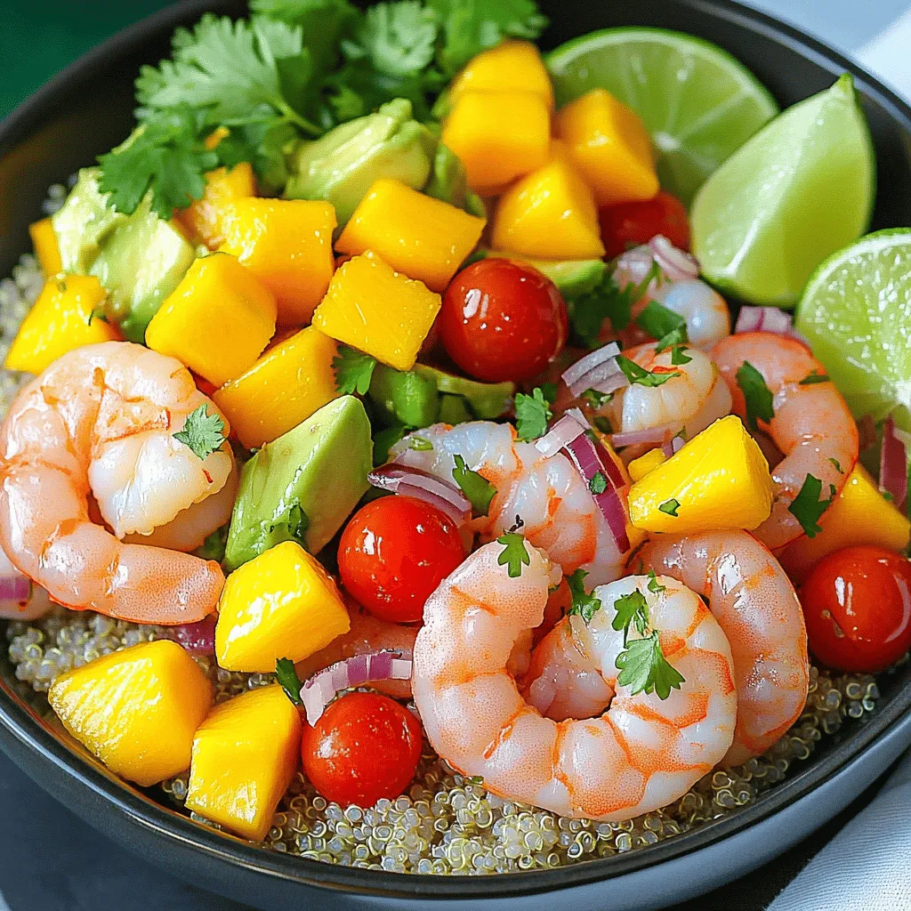 - 1 lb shrimp, peeled and deveined - 1 ripe mango, diced - 2 avocados, diced - 1 cup cherry tomatoes, halved - 1 small red onion, finely chopped - 2 tablespoons olive oil - 1 tablespoon lime juice - 1 teaspoon chili powder - 1 teaspoon garlic powder - Salt and pepper to taste - Fresh cilantro, for garnish - Cooked quinoa or rice (optional) To make the best Shrimp Avocado Mango Bowls, fresh ingredients are key. Start with shrimp. Always choose shrimp that looks firm and has a slight ocean smell. Avoid any that smell fishy or have a slimy texture. Next, let’s talk about avocados. Choose ones that give slightly when you press them, but are not mushy. If they are hard, they need more time to ripen. Mangoes are a joy to pick. Look for ones that are slightly soft and smell sweet at the stem end. Avoid any that have dark spots or wrinkles. These tips will help you select the freshest ingredients for your bowls. For the full recipe, check the section above! To start, you need to mix the marinade. In a bowl, combine the shrimp, olive oil, lime juice, chili powder, garlic powder, salt, and pepper. Stir until the shrimp are well coated. Let the shrimp marinate for about 15 to 20 minutes. This time helps the shrimp soak up the flavors. Next, heat a non-stick skillet over medium-high heat. Once hot, add the marinated shrimp. Cook the shrimp for 2 to 3 minutes on each side. You will know they are done when they turn pink and opaque. Remove them from the heat and set aside. Now it's time to build the bowls. If you want, start with a base of cooked quinoa or rice. Then, arrange the diced avocado, mango, cherry tomatoes, and red onion around the shrimp. This not only adds flavor but also makes the dish look pretty. Finally, place the cooked shrimp in the center of the bowls. You can sprinkle a bit of salt and squeeze some lime juice on top if you'd like. For the final touch, add fresh cilantro to garnish. Serve right away for the best taste. For the complete recipe, check out the Full Recipe. - Overcooking the shrimp: Cooking shrimp too long makes them tough. Shrimp only need 2-3 minutes per side. When they turn pink and opaque, they are done. Keep an eye on them to prevent overcooking. - Selecting unripe fruits: Ripe avocados and mangoes add flavor. An unripe mango will taste bland. A hard avocado won't be creamy. Look for slight give when you press them gently. - Adding spices or herbs: You can spice up the shrimp with cayenne or smoked paprika. Fresh herbs like basil or mint can brighten up the dish. Experiment with flavors to find your favorite combo. - Using alternative dressings: If you want a twist, try a yogurt dressing or a spicy sriracha mix. A light vinaigrette can give it a fresh taste. Don’t be afraid to play with different dressings. For the full recipe, check out the detailed instructions. Enjoy cooking! {{image_2}} You can swap shrimp for chicken or tofu. Chicken works well when grilled or sautéed. Tofu is a great choice for a plant-based option. Just make sure to press it to remove extra water. You can also try other seafood like scallops or crab for a new twist. If you want to mix things up, use different fruits. Pineapple adds a sweet and tangy flavor. Papaya can also bring a tropical taste. For extra crunch, add vegetables like bell peppers or cucumbers. They add color and a fresh bite to your bowls. Sauces can enhance your bowl. Try tahini for a nutty flavor or yogurt for creaminess. You can serve this dish as a main course or cut it into smaller portions for an appetizer. It’s perfect for gatherings or a light lunch. To keep your shrimp avocado mango bowls fresh, store leftovers in an airtight container. Place the shrimp and vegetables in one container. Keep the diced avocado and mango in another. This helps prevent browning. Refrigerate everything right away. Use leftovers within two days for the best taste. If you want to store the shrimp, you can freeze it. Place the cooked shrimp in a freezer bag. Try to remove as much air as possible. The shrimp will last up to three months in the freezer. When you're ready, thaw it in the fridge overnight. To reheat shrimp, use a skillet over medium heat. Add a splash of water or broth to keep it moist. Heat for just a few minutes until warm. You can also use a microwave, but be careful. Heat it in short bursts to avoid overcooking. When reheating vegetables, avoid sogginess. Add them to the skillet with the shrimp. This way, they warm up without getting too soft. For the avocado and mango, it’s best to enjoy them fresh. Just add them back to the bowl after reheating the shrimp and veggies. Yes, you can prepare Shrimp Avocado Mango Bowls ahead of time. To do this, follow these best practices: - Prep the shrimp: Marinate the shrimp a few hours before cooking. Store it in the fridge. - Cut the fruits: Dice the mango and avocados just before serving to keep them fresh. - Store separately: Keep the shrimp, fruits, and any grains in different containers. This keeps everything fresh and tasty. If you don’t have lime juice, you can use other citrus options. Here are some great alternatives: - Lemon juice: It gives a similar tangy flavor. - Orange juice: This will add a sweeter taste. - Vinegar: Use a light vinegar, like white wine vinegar, for some acidity. Yes, this recipe is perfect for meal prep. Here are some tips for preparing in advance: - Cook the shrimp: You can cook the shrimp and store them in the fridge. - Prep the base: Cook quinoa or rice ahead of time and keep it sealed. - Assemble when ready: Combine the ingredients just before eating to keep everything fresh. Leftovers from Shrimp Avocado Mango Bowls can last for up to three days in the fridge. Here are some food safety guidelines for storage: - Store in airtight containers: This helps keep your food fresh. - Check for signs of spoilage: If anything looks or smells off, it’s better to throw it away to stay safe. This blog post covered a delicious shrimp avocado mango bowl recipe. You learned about the key ingredients, including shrimp, mango, and avocado. I shared tips on selecting fresh produce, marinating shrimp, and assembling your bowl for the best look. Avoid common mistakes like overcooking shrimp to keep it tender. You can also try substitutions to suit your tastes. Remember, a well-stored bowl can last for days. Enjoy making this dish and experimenting with flavors for your next meal!