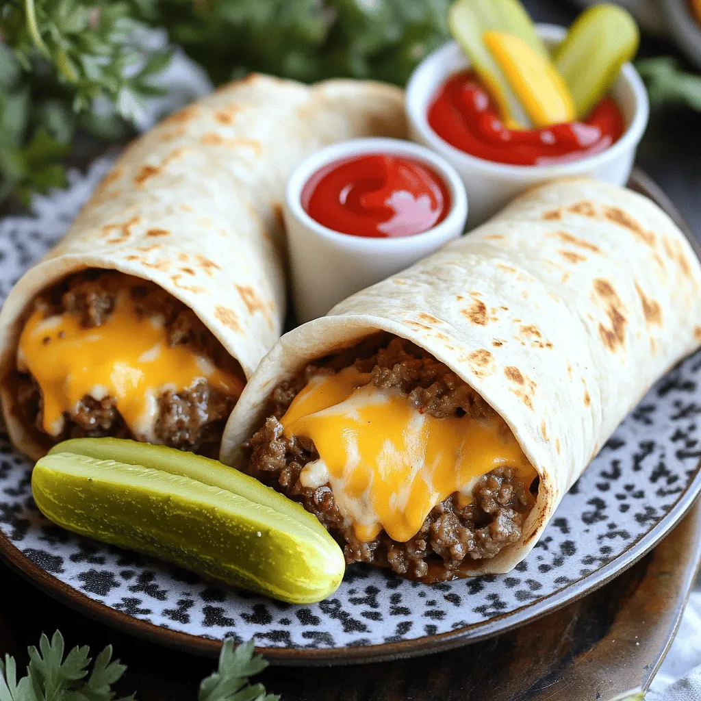 To make Air Fryer Cheeseburger Wraps, gather these key ingredients: - 1 lb ground beef (80/20 blend) - 1 teaspoon garlic powder - 1 teaspoon onion powder - 1 teaspoon paprika - Salt and pepper to taste - 1 cup shredded cheddar cheese - 4 large flour tortillas - 1/2 cup pickles, sliced - 1/4 cup ketchup - 1/4 cup mustard - Cooking spray These ingredients work well together to create a tasty meal. The ground beef gives the wraps their hearty flavor. The garlic powder, onion powder, and paprika add depth to the taste. Don't forget the cheese; it melts beautifully and binds the filling together. Feel free to add some personal touches to your wraps with these optional ingredients: - Diced onions - Sliced tomatoes - Lettuce leaves - Jalapeños for heat - Different cheese varieties like pepper jack or Swiss You can mix and match these extras to suit your taste. If you like a crunch, add lettuce or pickles. Want it spicy? Toss in some jalapeños. The key is to make the wraps your own. When choosing ground beef, aim for an 80/20 blend. This means it has 80% meat and 20% fat. Here are some tips for picking the best ground beef: - Look for bright red color, which shows freshness. - Check the sell-by date to ensure it’s still good. - Avoid packages with excess liquid, as this can mean lower quality. Good ground beef is crucial for flavor and moisture in your wraps. By selecting the right blend, you enhance the overall taste of your Air Fryer Cheeseburger Wraps. For the full recipe, check the details above and enjoy every bite! To start, gather your ingredients. You'll need ground beef, garlic powder, onion powder, paprika, salt, and pepper. In a large bowl, mix the ground beef with the spices. Use your hands or a spoon to combine everything well. This step is key for great flavor. Next, heat a skillet over medium heat. Add the beef mixture and cook for about 6-8 minutes. Break it apart with a spoon as it cooks. When it turns brown, it’s ready. If there's extra fat, drain it. Remove the skillet from heat and stir in the shredded cheddar cheese. It will melt and blend into a tasty mixture. Now, let’s build our wraps! Take a large flour tortilla and lay it flat. Spread a thin layer of ketchup and mustard on the tortilla. This adds flavor and moisture. Next, spoon a generous amount of the cheeseburger mixture into the center. Don’t skimp! Add a few pickle slices for crunch. Now, fold the sides of the tortilla inwards. Start rolling it up tightly from the bottom. It should look like a burrito when you’re done. Make sure it's sealed well to keep the filling inside. Preheat your air fryer to 380°F (193°C). This step is important for crispy wraps. Lightly spray the outside of each wrap with cooking spray. This helps them brown nicely. Place the wraps in the air fryer basket, making sure they don't touch. If you have many wraps, cook them in batches. Air fry for 8-10 minutes. Flip them halfway through for even cooking. When they're golden brown and crispy, they are done! Let them cool for a minute, then slice each wrap in half. Serve them warm and enjoy! For the full recipe, check the earlier sections. To get the best crunch from your wraps, follow these tips: - Preheat your air fryer. This step helps cook the wraps evenly. - Use cooking spray. Lightly coat the wraps before cooking. This adds crispiness. - Don’t overcrowd the basket. Leave space between the wraps for air to flow. - Flip halfway through cooking. This ensures they brown on all sides. Avoid these common errors for perfect wraps: - Using too much filling. Overstuffing can make it hard to roll. - Skipping the preheat. This can lead to uneven cooking and soggy wraps. - Not sealing the edges. Fold the sides tightly to keep the filling inside. - Ignoring cooking time. Check for doneness to prevent burning. You can easily customize the taste of your wraps: - Add spices like cumin or chili powder for a kick. - Mix in some diced onions or jalapeños for extra flavor. - Experiment with different cheeses. Try pepper jack or mozzarella for variety. - Use different sauces. Sriracha or BBQ sauce can change the flavor profile. For the full recipe, check out the detailed steps to make these Air Fryer Cheeseburger Wraps. {{image_2}} If you want to make these wraps vegetarian, swap the ground beef for black beans or lentils. These options add protein and fiber. You can also use store-bought plant-based ground meat. Just cook it as you would the beef. Add your favorite spices to boost flavor. Cheese adds a melty goodness to these wraps. While cheddar is a favorite, try mozzarella for a stretchy texture. Pepper jack brings a spicy kick, while a creamy goat cheese adds tang. Feel free to mix cheeses for a flavor explosion. Add some veggies to your wraps for extra crunch and nutrients. Chopped bell peppers, onions, or spinach blend well with the beef mixture. You can also use avocado for creaminess. Just remember to adjust the cooking time to ensure everything cooks evenly. For more ideas, check the Full Recipe. To keep leftover wraps fresh, place them in an airtight container. If you have multiple wraps, layer them with parchment paper. This helps to prevent them from sticking together. Store the container in the fridge. They should last for about 3 days. For the best taste, reheat your wraps in the air fryer. Set it to 350°F (175°C). Heat the wraps for about 5 minutes. This keeps them crispy. You can also use a microwave, but they may get soggy. If using a microwave, heat for 30 seconds at a time until warm. You can freeze these wraps for later. First, let them cool completely. Then wrap each one tightly in plastic wrap. Place the wrapped wraps in a freezer bag. Remove as much air as possible to avoid freezer burn. They can last up to 3 months in the freezer. For easier cooking later, label the bag with the date. Yes, you can use different types of tortillas. Flour tortillas are soft and easy to work with. Corn tortillas add a nice flavor, but they may break more easily. Whole wheat tortillas offer a healthier option. Just make sure they are large enough to hold your filling. Cook the cheeseburger wraps for 8 to 10 minutes at 380°F (193°C). Be sure to turn them halfway through cooking. This helps them brown evenly and become crispy on all sides. Check for a golden-brown color to know they are done. I love serving these wraps with extra ketchup and mustard for dipping. A side of fresh salad adds color and crunch. You could also add potato chips or sweet potato fries for a fun twist. If you want something lighter, try a yogurt dip or guacamole. Check out the Full Recipe for more ideas! You now know how to make tasty Air Fryer Cheeseburger Wraps. We covered key ingredients, steps, and tips for the best results. Remember the optional ingredients can add your favorite flavors. Avoid common mistakes and follow storage tips for enjoying leftovers later. Whether you want a veggie twist or want to try new cheeses, the options are endless. Dive in and create your own wraps today!