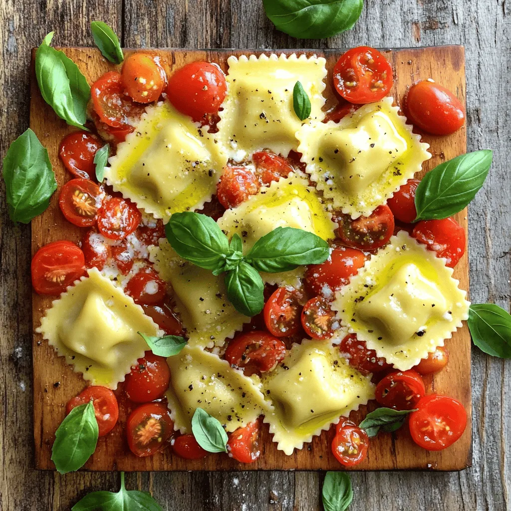 - 2 cups fresh ricotta cheese - 1 cup grated Parmesan cheese - 1 large egg - 2 cups all-purpose flour - 1 teaspoon salt - Freshly cracked black pepper - 4 cups mixed heirloom tomatoes, diced - 3 cloves garlic, minced - 1 tablespoon olive oil - 1/4 cup fresh basil leaves, chopped To make delicious ravioli, it's key to choose the right ingredients. Start with fresh ricotta cheese for the filling. Its creamy texture gives a lovely mouthfeel. Mix it with grated Parmesan cheese for a sharp, nutty flavor. Add a large egg to bind everything together. For the dough, use all-purpose flour. It creates the perfect pasta texture. A teaspoon of salt enhances the flavor. Freshly cracked black pepper adds a hint of spice. Now, let’s talk about the sauce. Heirloom tomatoes bring sweetness and depth. Dicing them helps release their juices. Minced garlic adds warmth and richness. Olive oil helps blend the flavors. Lastly, fresh basil leaves add a burst of freshness. This combination of fresh ingredients shines through in every bite. If you want to dive deeper into making this dish, check the Full Recipe for more details. To make the ravioli dough, first, mix 2 cups of flour and 1 teaspoon of salt in a large bowl. Then, create a well in the center. Add 1 large egg into the well. Use a fork to mix the flour into the egg from the edges. Knead the dough for about 5 to 7 minutes until it feels smooth and elastic. Wrap the dough in plastic wrap and let it rest for 30 minutes. This rest time helps the dough become easier to roll out. For the filling, take a bowl and add 2 cups of fresh ricotta cheese, 1 cup of grated Parmesan cheese, 1 large egg, and a pinch of salt and pepper. Mix everything until the filling is smooth and creamy. This filling is rich and full of flavor, perfect for our ravioli. Once the dough has rested, divide it into four equal pieces. Roll out one piece on a floured surface until it is about 1/16 inch thick. Keep the other pieces covered to stop them from drying out. Place teaspoons of the filling about 2 inches apart on one sheet of pasta. Brush water around the filling to help seal it. Place another sheet of pasta on top and press it down to seal. Cut out the ravioli using a knife or pastry cutter. Repeat this process until all the dough and filling are used. To cook the ravioli, bring a large pot of salted water to a boil. Gently drop the ravioli into the water and cook for about 3 to 4 minutes, or until they float. Use a slotted spoon to remove them from the pot. Now, they are ready to be combined with the delicious sauce from the full recipe. - Use cold ingredients for the dough. Cold ingredients help the dough stay firm. - Don’t overfill the ravioli edges. If you fill them too much, they may burst while cooking. - Add herbs to the filling. Fresh herbs like basil or parsley boost the taste. - Use fresh tomatoes for the sauce. Fresh tomatoes give a bright, sweet flavor. - Test a ravioli for doneness before cooking the entire batch. This step helps you avoid overcooking. Just drop one in the water, and check if it floats in 3-4 minutes. If it does, your ravioli are ready! {{image_2}} You can change the filling for your ravioli. Here are two tasty options: - Spinach and ricotta: Mix fresh spinach leaves with ricotta cheese. This filling adds color and nutrition. - Mushroom and parmesan: Sauté mushrooms until soft. Then, mix them with parmesan cheese for a rich flavor. The sauce can also change your dish. Here are two great ideas: - Creamy Alfredo sauce: This sauce adds a rich and smooth taste. It pairs well with the cheese filling. - Pesto sauce instead of tomato: Try using pesto for a fresh, herby flavor. It gives a nice twist to the dish. How you serve your ravioli makes a big difference. Consider these ideas: - Top with grated cheese: A sprinkle of cheese adds extra flavor. Use parmesan or mozzarella for a nice touch. - Serve with a side salad: A fresh salad balances the meal. Greens with a simple vinaigrette work well. Explore these variations to make your ravioli truly your own! For the full recipe, check out the details above. You can keep uncooked ravioli in the fridge. Place them on a floured tray. Cover them with a clean kitchen towel. They stay fresh for up to two days. For best results, use them as soon as possible. For cooked ravioli, use airtight containers. This keeps them from drying out. You can store them in the fridge for about three days. Make sure to add a little olive oil to prevent sticking. If you want to save ravioli for later, freezing is great. Place uncooked ravioli on a baking sheet in a single layer. Freeze them for about one hour. Once frozen, transfer them to a freezer bag. This way, they can last for up to three months. To reheat frozen ravioli, boil them straight from the freezer. Cook for about five minutes, or until they float. You can also sauté them in your favorite sauce for added flavor. For the full recipe, check out the details above. The best way to cook fresh ravioli is by boiling. Start by filling a large pot with water. Add a good amount of salt to the water. Bring the water to a rolling boil. Once boiling, gently drop the ravioli in. Cook them for about 3-4 minutes. - Tip: Stir gently to prevent sticking. - Timing: Ravioli is done when it floats to the top. Yes, you can make ravioli dough ahead of time. After mixing your dough, wrap it tightly in plastic wrap. Store it in the fridge for up to two days. - Resting: It's important to let the dough rest. This helps the gluten relax. - Tip: Bring it back to room temperature before rolling. You can tell when ravioli is done by watching it float. Fresh ravioli will rise to the surface when it is cooked. - Floating technique: Once they float, give them another minute. - Cooking times: Typically, this takes about 3-4 minutes in boiling water. For a complete guide on how to make this delicious dish, check out the Full Recipe. Making homemade ravioli is a rewarding experience. You start with simple ingredients and end up with delicious pasta. From mixing the dough to preparing flavorful fillings, each step adds excitement. The tips on cooking and storing make sure you enjoy your ravioli longer. You can also try fun variations with different fillings and sauces. Enjoy your culinary journey, and share your tasty creations with friends and family! Homemade ravioli can be a hit at any meal.