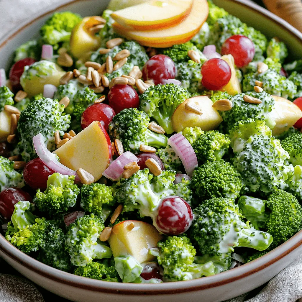 To make this Honeycrisp apple broccoli salad, you need fresh and vibrant ingredients. Here’s what you will need: - 2 cups fresh broccoli florets - 1 large Honeycrisp apple, diced - ½ cup red grapes, halved - ¼ cup red onion, thinly sliced - ½ cup unsalted sunflower seeds These main components provide a mix of crunch, sweetness, and flavor. The Honeycrisp apple stands out with its sweet and tart taste. The broccoli offers a satisfying crunch, while the grapes add juiciness. The red onion gives a mild bite that balances the other flavors. To elevate your salad, you need a creamy dressing. Here are the additional ingredients: - ½ cup plain Greek yogurt - 2 tablespoons honey - 1 tablespoon apple cider vinegar - Salt and pepper to taste The Greek yogurt adds creaminess and tang. Honey brings sweetness, while apple cider vinegar adds a bit of zing. Adjust the salt and pepper to your taste. You can easily switch some ingredients if needed. Here are a few ideas: - Swap the Honeycrisp apple for a Gala or Fuji apple for a different sweetness. - Use walnuts or almonds instead of sunflower seeds for a nutty taste. - Replace Greek yogurt with sour cream if you prefer a richer flavor. These substitutions keep the salad fresh while allowing you to use what you have at home. Want the full recipe? Check out the details above! Start by washing the broccoli florets. Cut them into small pieces. Next, bring a pot of water to a boil. Add the broccoli and cook for 1-2 minutes. You want them bright green and tender-crisp. Drain the broccoli and quickly put it in an ice bath. This stops the cooking process. After a few minutes, drain and pat the broccoli dry with a towel. In a large mixing bowl, combine the blanched broccoli, diced Honeycrisp apple, halved grapes, and sliced red onion. The sweet apple and grapes add a nice touch. The red onion gives it a crunch and a bit of zing. Toss them gently to mix everything well. Grab a small bowl and whisk together the plain Greek yogurt, honey, apple cider vinegar, salt, and pepper. You want a smooth and creamy dressing. Once mixed, pour it over the broccoli mixture. Toss gently until all the ingredients are well coated. Lastly, sprinkle the sunflower seeds on top. Give it another light toss. Allow the salad to chill in the fridge for at least 30 minutes. This helps all the flavors blend nicely. For the full recipe, check above. To keep your broccoli crisp, blanch it properly. Blanching means cooking it briefly in boiling water. After 1-2 minutes, place it in an ice bath. This stops the cooking and keeps the color bright green. Make sure to drain it well and pat it dry. This way, your salad stays fresh and crunchy. When dicing a Honeycrisp apple, start by washing it well. Cut the apple into quarters and remove the core. Lay each quarter flat and slice it into thin pieces. Then, turn the slices and cut them into small cubes. This method gives you even pieces that mix well in the salad. Use a sharp knife for clean cuts. For serving, place the salad in a large bowl. This allows everyone to see the colorful ingredients. Sprinkle extra sunflower seeds on top for a nice touch. You can also add a few apple slices on top for decoration. For a vibrant look, serve it on a bed of spinach or arugula. This adds color and a fresh taste to your dish. For the full recipe, check the details above. {{image_2}} You can easily boost the protein in your Honeycrisp apple broccoli salad. Adding grilled chicken or shrimp gives it a hearty touch. You can also use chickpeas for a plant-based option. Just toss in about one cup of your chosen protein. It makes the salad more filling and satisfying. While the Greek yogurt dressing is creamy and tasty, you can switch it up. Try a tangy vinaigrette made with olive oil and lemon juice. You can also use a honey mustard dressing for a sweet kick. Experimenting with dressings keeps your salad fresh and exciting! Look for seasonal ingredients to switch up your salad. In fall, add roasted sweet potatoes for warmth. In winter, toss in pomegranate seeds for a burst of color and flavor. Using fresh, seasonal produce not only tastes better but also supports local farms. Always feel free to mix and match based on what you enjoy and what’s available. For the full recipe, check out the detailed instructions! To keep your Honeycrisp apple broccoli salad fresh, store it in the fridge. Use an airtight container. This helps prevent air from getting in and keeps your salad crunchy. If you have dressing left over, keep it separate to avoid soggy veggies. The best containers for this salad are glass or BPA-free plastic. Glass containers do not stain and do not hold odors. Choose containers with tight-fitting lids to keep air and moisture out. If you use plastic, make sure it is safe for food storage. To keep your salad fresh, avoid mixing in the sunflower seeds until serving. This helps them stay crunchy. You can also layer the ingredients. Put heavier ingredients at the bottom and lighter ones on top. Always store your salad in the coldest part of the fridge for the best results. For more details, check the Full Recipe. Yes, you can make this salad in advance. It actually tastes better after sitting in the fridge. The flavors mix well when chilled. I suggest making it a few hours ahead. Just keep it in the fridge until you are ready to serve. If you want the broccoli to stay crisp, add the dressing just before serving. You can add many fruits to this salad. Fresh berries, like blueberries or strawberries, work well. You can also try diced pears or mandarin orange segments. Each fruit brings a new flavor. Just remember to keep the balance of sweetness and tartness. This way, you enhance the salad's overall taste. Honeycrisp apples are a top choice for this recipe. They have a sweet and tart flavor. Their crisp texture adds a nice crunch to the salad. If you can’t find Honeycrisp, you can use Fuji or Gala apples. Both have sweetness and a good crunch. Feel free to experiment with other varieties, but keep the flavor in mind for the best result. This blog post explored how to make a tasty Honeycrisp apple broccoli salad. We discussed the key ingredients and fun ways to enhance flavor. I shared tips for preparing broccoli and the best ways to keep it crisp. We also looked at storing leftovers and answered common questions. Remember, you can mix and match ingredients to find your favorite flavors. Enjoy creating this fresh, crunchy salad and make it your own!