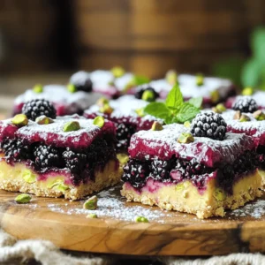 - 1 ½ cups almond flour - ½ cup unsalted butter, melted - ¼ cup honey or maple syrup - 1 teaspoon vanilla extract - 1 teaspoon baking powder - ½ teaspoon salt - 1 cup fresh blackberries - ½ cup shelled pistachios, chopped - 1 tablespoon lemon juice - 1 tablespoon cornstarch For these Blackberry Pistachio Dream Bars, I use almond flour. It gives a nice texture and flavor. The unsalted butter makes the bars rich and soft. Honey or maple syrup adds sweetness. Use vanilla extract for a warm, inviting taste. Baking powder helps the bars rise. Salt balances the flavors. Fresh blackberries are the star here. They add a burst of tartness and juiciness. Shelled pistachios provide a lovely crunch. The lemon juice brightens the berries. Cornstarch helps thicken the berry mixture. - Mixing bowls - Whisk or spatula - 9x9 inch baking pan - Wire rack You need a few simple tools to make these bars. Start with mixing bowls for combining ingredients. A whisk or spatula helps blend everything smoothly. A 9x9 inch baking pan is perfect for this recipe. Finally, a wire rack cools the bars after baking. For the full recipe, check out the complete guide. - Step 1: Preheat oven and prepare the baking pan Start by preheating your oven to 350°F (175°C). This step is key for even baking. Next, grease a 9x9 inch baking pan or line it with parchment paper. This makes it easy to remove the bars later. - Step 2: Combine dry ingredients with wet ingredients In a large mixing bowl, whisk together the almond flour, melted butter, honey (or maple syrup), vanilla extract, baking powder, and salt. Mix until a smooth dough forms. This dough will be the base of your bars. - Step 3: Spread the dough in the pan Take the dough and spread it evenly in the prepared baking pan. Press it down firmly using your fingers or a spatula. This step gives your bars a solid base. - Step 4: Prepare and layer the blackberries In another bowl, toss the fresh blackberries with lemon juice and cornstarch. This coating helps prevent the berries from sinking. Once coated, layer the blackberries evenly over the dough. - Step 5: Add chopped pistachios Now, sprinkle the chopped pistachios over the blackberries. The nuts add a nice crunch and flavor that pairs well with the berries. - Step 6: Bake and monitor timing Place the pan in the preheated oven. Bake for 25-30 minutes. Keep an eye on them; look for golden edges and a set center. Your kitchen will smell amazing! - Step 7: Cooling before slicing Once baked, remove the pan from the oven. Allow the bars to cool completely on a wire rack. Cooling is crucial; it helps the bars firm up. After cooling, slice them into squares and enjoy your delicious Blackberry Pistachio Dream Bars! For the full recipe, check the details above. To get the best dough, you need the right consistency. Your dough should be soft but not sticky. To achieve this, mix the almond flour and butter well. If it feels too dry, add a bit of honey or maple syrup. If it's too wet, add a touch more almond flour. Cooling time is important. Once baked, let the bars cool completely in the pan. This helps them set properly. If you slice them too soon, they may fall apart. Wait at least 30 minutes before cutting. For a lovely presentation, serve your bars on a wooden platter. Dust them lightly with powdered sugar. Add a sprig of mint on top for a nice touch. This makes them look more inviting. When it comes to pairing, these bars go well with tea or coffee. You can also serve them with a scoop of vanilla ice cream. The creamy flavor of ice cream matches the tartness of the blackberries. To make the bars even better, consider adding spices. A dash of cinnamon can add warmth. You can also try nutmeg for a different twist. Just a little will do! If you want to change the nut topping, feel free to experiment. Walnuts or pecans can work well too. Each nut brings its own flavor, making your bars unique every time you bake them. {{image_2}} You can switch up some ingredients for fun. If you need a gluten-free option, use coconut flour instead of almond flour. Coconut flour absorbs more liquid, so use less than the recipe calls for. Try using just 1 cup of coconut flour and add a bit more butter or liquid. If you don’t have honey or maple syrup, try agave syrup or brown sugar. Both add sweetness, but the flavor will change slightly. You can also use a sugar substitute if you prefer. Just follow the package instructions for the right amount. Want to mix things up? You can add other fruits! Raspberries and blueberries work great. They add different flavors and colors to your bars. Just make sure to adjust the amount, so it doesn’t get too wet. If you love chocolate, sprinkle in some chocolate chips. Dark or white chocolate pairs nicely with the blackberries and pistachios. It adds a rich taste that many people enjoy. If you are vegan, you can replace the butter with coconut oil. For the honey or maple syrup, use a vegan sweetener. Make sure all your ingredients are plant-based. To make the bars gluten-free, stick with almond flour or use a gluten-free flour blend. This way, you can enjoy a delicious treat without worry. To keep your Blackberry Pistachio Dream Bars fresh, store them in the fridge. Place the bars in an airtight container. This helps keep them moist and flavorful. You can also wrap them tightly in plastic wrap. They will last longer this way. For freezing, cut the bars into squares. Wrap each square in plastic wrap and then foil. This prevents freezer burn. Store them in the freezer for up to three months. When ready to eat, let them thaw in the fridge overnight. These bars are best enjoyed fresh. They stay fresh for about a week in the fridge. If you freeze them, they can last for three months. Always check for signs of spoilage. If the bars smell sour or look discolored, it’s time to toss them. To reheat, place the bars in the oven at 350°F (175°C) for about 10 minutes. This warms them up and keeps the texture nice. You can also use a microwave for a quick heat-up. Just make sure to cover them with a damp paper towel to prevent drying out. Serve the bars warm, perhaps with a scoop of vanilla ice cream or a dollop of whipped cream. This adds a creamy touch that pairs well with the flavors. Enjoy them as a sweet treat any time of day! To make these bars, start by preheating your oven to 350°F (175°C). Prepare a 9x9 inch baking pan by greasing it or lining it with parchment paper. In a bowl, mix 1 ½ cups almond flour, ½ cup melted unsalted butter, ¼ cup honey or maple syrup, 1 teaspoon vanilla extract, 1 teaspoon baking powder, and ½ teaspoon salt. This forms your dough. Press the dough into the pan evenly. In another bowl, take 1 cup of fresh blackberries and toss them with 1 tablespoon lemon juice and 1 tablespoon cornstarch. Spread these berries on top of the crust. Finish by sprinkling ½ cup chopped pistachios over the berries. Bake for 25-30 minutes until golden brown. Let the bars cool completely before slicing them into squares. You can find the Full Recipe for more details. Yes, you can substitute almond flour if you have allergies. Use coconut flour as a good alternative. It has a different texture but works well in this recipe. Just remember, coconut flour absorbs more liquid. You may need to adjust the amount of liquid in your recipe. Each serving of Blackberry Pistachio Dream Bars contains approximately 150 calories. You get about 10 grams of fat and 5 grams of protein. The bars also provide 15 grams of carbs and 2 grams of fiber. This makes them a tasty and healthy snack choice. You can use frozen blackberries in this recipe. Just remember to let them thaw before you mix them. This helps them blend better. Frozen berries may also release more juice, so add a bit more cornstarch. Using frozen fruit is a great way to enjoy this treat year-round. You now have all the steps to make delicious Blackberry Pistachio Dream Bars. From gathering ingredients to baking and storage, these bars are easy and fun to prepare. Remember to enjoy the process and get creative with flavors and toppings. Explore variations and find what suits your taste. With the right care, you can keep these bars fresh for days. I hope you feel inspired to try this recipe. Happy baking!