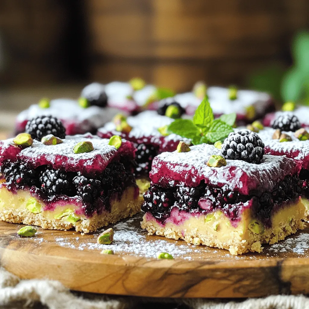 - 1 ½ cups almond flour - ½ cup unsalted butter, melted - ¼ cup honey or maple syrup - 1 teaspoon vanilla extract - 1 teaspoon baking powder - ½ teaspoon salt - 1 cup fresh blackberries - ½ cup shelled pistachios, chopped - 1 tablespoon lemon juice - 1 tablespoon cornstarch For these Blackberry Pistachio Dream Bars, I use almond flour. It gives a nice texture and flavor. The unsalted butter makes the bars rich and soft. Honey or maple syrup adds sweetness. Use vanilla extract for a warm, inviting taste. Baking powder helps the bars rise. Salt balances the flavors. Fresh blackberries are the star here. They add a burst of tartness and juiciness. Shelled pistachios provide a lovely crunch. The lemon juice brightens the berries. Cornstarch helps thicken the berry mixture. - Mixing bowls - Whisk or spatula - 9x9 inch baking pan - Wire rack You need a few simple tools to make these bars. Start with mixing bowls for combining ingredients. A whisk or spatula helps blend everything smoothly. A 9x9 inch baking pan is perfect for this recipe. Finally, a wire rack cools the bars after baking. For the full recipe, check out the complete guide. - Step 1: Preheat oven and prepare the baking pan Start by preheating your oven to 350°F (175°C). This step is key for even baking. Next, grease a 9x9 inch baking pan or line it with parchment paper. This makes it easy to remove the bars later. - Step 2: Combine dry ingredients with wet ingredients In a large mixing bowl, whisk together the almond flour, melted butter, honey (or maple syrup), vanilla extract, baking powder, and salt. Mix until a smooth dough forms. This dough will be the base of your bars. - Step 3: Spread the dough in the pan Take the dough and spread it evenly in the prepared baking pan. Press it down firmly using your fingers or a spatula. This step gives your bars a solid base. - Step 4: Prepare and layer the blackberries In another bowl, toss the fresh blackberries with lemon juice and cornstarch. This coating helps prevent the berries from sinking. Once coated, layer the blackberries evenly over the dough. - Step 5: Add chopped pistachios Now, sprinkle the chopped pistachios over the blackberries. The nuts add a nice crunch and flavor that pairs well with the berries. - Step 6: Bake and monitor timing Place the pan in the preheated oven. Bake for 25-30 minutes. Keep an eye on them; look for golden edges and a set center. Your kitchen will smell amazing! - Step 7: Cooling before slicing Once baked, remove the pan from the oven. Allow the bars to cool completely on a wire rack. Cooling is crucial; it helps the bars firm up. After cooling, slice them into squares and enjoy your delicious Blackberry Pistachio Dream Bars! For the full recipe, check the details above. To get the best dough, you need the right consistency. Your dough should be soft but not sticky. To achieve this, mix the almond flour and butter well. If it feels too dry, add a bit of honey or maple syrup. If it's too wet, add a touch more almond flour. Cooling time is important. Once baked, let the bars cool completely in the pan. This helps them set properly. If you slice them too soon, they may fall apart. Wait at least 30 minutes before cutting. For a lovely presentation, serve your bars on a wooden platter. Dust them lightly with powdered sugar. Add a sprig of mint on top for a nice touch. This makes them look more inviting. When it comes to pairing, these bars go well with tea or coffee. You can also serve them with a scoop of vanilla ice cream. The creamy flavor of ice cream matches the tartness of the blackberries. To make the bars even better, consider adding spices. A dash of cinnamon can add warmth. You can also try nutmeg for a different twist. Just a little will do! If you want to change the nut topping, feel free to experiment. Walnuts or pecans can work well too. Each nut brings its own flavor, making your bars unique every time you bake them. {{image_2}} You can switch up some ingredients for fun. If you need a gluten-free option, use coconut flour instead of almond flour. Coconut flour absorbs more liquid, so use less than the recipe calls for. Try using just 1 cup of coconut flour and add a bit more butter or liquid. If you don’t have honey or maple syrup, try agave syrup or brown sugar. Both add sweetness, but the flavor will change slightly. You can also use a sugar substitute if you prefer. Just follow the package instructions for the right amount. Want to mix things up? You can add other fruits! Raspberries and blueberries work great. They add different flavors and colors to your bars. Just make sure to adjust the amount, so it doesn’t get too wet. If you love chocolate, sprinkle in some chocolate chips. Dark or white chocolate pairs nicely with the blackberries and pistachios. It adds a rich taste that many people enjoy. If you are vegan, you can replace the butter with coconut oil. For the honey or maple syrup, use a vegan sweetener. Make sure all your ingredients are plant-based. To make the bars gluten-free, stick with almond flour or use a gluten-free flour blend. This way, you can enjoy a delicious treat without worry. To keep your Blackberry Pistachio Dream Bars fresh, store them in the fridge. Place the bars in an airtight container. This helps keep them moist and flavorful. You can also wrap them tightly in plastic wrap. They will last longer this way. For freezing, cut the bars into squares. Wrap each square in plastic wrap and then foil. This prevents freezer burn. Store them in the freezer for up to three months. When ready to eat, let them thaw in the fridge overnight. These bars are best enjoyed fresh. They stay fresh for about a week in the fridge. If you freeze them, they can last for three months. Always check for signs of spoilage. If the bars smell sour or look discolored, it’s time to toss them. To reheat, place the bars in the oven at 350°F (175°C) for about 10 minutes. This warms them up and keeps the texture nice. You can also use a microwave for a quick heat-up. Just make sure to cover them with a damp paper towel to prevent drying out. Serve the bars warm, perhaps with a scoop of vanilla ice cream or a dollop of whipped cream. This adds a creamy touch that pairs well with the flavors. Enjoy them as a sweet treat any time of day! To make these bars, start by preheating your oven to 350°F (175°C). Prepare a 9x9 inch baking pan by greasing it or lining it with parchment paper. In a bowl, mix 1 ½ cups almond flour, ½ cup melted unsalted butter, ¼ cup honey or maple syrup, 1 teaspoon vanilla extract, 1 teaspoon baking powder, and ½ teaspoon salt. This forms your dough. Press the dough into the pan evenly. In another bowl, take 1 cup of fresh blackberries and toss them with 1 tablespoon lemon juice and 1 tablespoon cornstarch. Spread these berries on top of the crust. Finish by sprinkling ½ cup chopped pistachios over the berries. Bake for 25-30 minutes until golden brown. Let the bars cool completely before slicing them into squares. You can find the Full Recipe for more details. Yes, you can substitute almond flour if you have allergies. Use coconut flour as a good alternative. It has a different texture but works well in this recipe. Just remember, coconut flour absorbs more liquid. You may need to adjust the amount of liquid in your recipe. Each serving of Blackberry Pistachio Dream Bars contains approximately 150 calories. You get about 10 grams of fat and 5 grams of protein. The bars also provide 15 grams of carbs and 2 grams of fiber. This makes them a tasty and healthy snack choice. You can use frozen blackberries in this recipe. Just remember to let them thaw before you mix them. This helps them blend better. Frozen berries may also release more juice, so add a bit more cornstarch. Using frozen fruit is a great way to enjoy this treat year-round. You now have all the steps to make delicious Blackberry Pistachio Dream Bars. From gathering ingredients to baking and storage, these bars are easy and fun to prepare. Remember to enjoy the process and get creative with flavors and toppings. Explore variations and find what suits your taste. With the right care, you can keep these bars fresh for days. I hope you feel inspired to try this recipe. Happy baking!