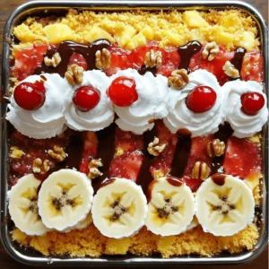 To make a Banana Split Dump Cake, you'll need these main ingredients: - 2 ripe bananas, sliced - 1 can (20 oz) crushed pineapple, undrained - 1 cup strawberry pie filling - 1 box yellow cake mix (15.25 oz) - 1 cup unsalted butter, melted - 1 cup chocolate syrup - Whipped cream (for serving) - Maraschino cherries (for garnish) These ingredients work together to create a layered, sweet treat that everyone will love. You can add extra flavors to your dump cake with these optional ingredients: - 1 cup chopped walnuts or pecans - 1 cup shredded coconut Adding nuts gives a nice crunch, while coconut adds a tropical touch. You will need a few tools to make this dessert: - A 9x13 inch baking dish - A mixing bowl - A spatula for spreading - An oven for baking These items make it easy to mix, layer, and bake your delicious dessert. For the full recipe, check the details above. First, gather all your ingredients. You will need bananas, crushed pineapple, and strawberry pie filling. Don't forget the cake mix and melted butter. If you want, grab some nuts and coconut too. Preheat your oven to 350°F (175°C). Next, grease a 9x13 inch baking dish. Spread the crushed pineapple evenly on the bottom. Then, layer the sliced bananas over the pineapple. After that, pour the strawberry pie filling on top. Make sure it spreads out well. Now, sprinkle the yellow cake mix over the fruit layers. Be careful not to mix it in. Drizzle the melted butter on top of the cake mix. Cover as much as you can. If you are using nuts or coconut, sprinkle them on now. Place the dish in the preheated oven. Bake for 45 to 50 minutes. Watch for a golden brown top and bubbling edges. This means it is ready. Once done, take the dump cake out of the oven. Let it sit for about 10 minutes to cool. This step helps the layers set before serving. Just before you serve, drizzle chocolate syrup on each portion. Top it off with whipped cream. Add a maraschino cherry for a fun touch. This adds color and makes your dessert look special. You can find the full recipe to guide you through these steps. Enjoy your delicious Banana Split Dump Cake! To get the best texture in your banana split dump cake, follow these steps. First, use ripe bananas for a sweet flavor. Their creaminess helps keep the cake moist. Next, do not mix the cake mix with the fruit layers. Just sprinkle it on top. This keeps the layers separate and gives you a better texture. Lastly, drizzle the melted butter evenly. This ensures all parts of the cake cook well. This dessert shines when served warm. The warm cake pairs well with cold whipped cream. You can also add a scoop of vanilla ice cream for extra fun. Just before serving, drizzle some chocolate syrup on top. For a pop of color, add a maraschino cherry. This makes each serving look and taste amazing. Layering is key to making this cake great. Start with the crushed pineapple as the base. This keeps the cake moist. Next, add the sliced bananas. They should sit on top of the pineapple. After that, spread the strawberry pie filling evenly over the bananas. When you sprinkle the cake mix, do it gently. This helps keep the layers intact and looking nice. If you use nuts or coconut, add them at the very end. This keeps them crunchy. For the full recipe, check the designated section. {{image_2}} You can change the fruit in a banana split dump cake. Try using fresh strawberries or peaches. You can also add blueberries for a burst of flavor. Mixing fruits gives you a new taste. Think about using apples with cinnamon for a warm twist. Each fruit brings its own fun, making this dessert special every time. Toppings can change the whole cake. Instead of just chocolate syrup, try caramel sauce. You can also use peanut butter drizzle for a nutty flavor. If you love nuts, try adding slivered almonds or pecans. A sprinkle of crushed graham crackers can add a nice crunch. Mixing toppings is a great way to be creative. You can make this dessert fit your diet. For gluten-free, switch to a gluten-free cake mix. For a vegan option, use dairy-free butter and skip the whipped cream. You can swap the cake mix for a vegan brand. This way, everyone can enjoy this tasty treat. Making it fit your needs keeps it fun and easy. For the full recipe, check the earlier sections. After you enjoy your banana split dump cake, you might have some left. To store leftovers, let the cake cool down. Then, cover it tightly with plastic wrap or aluminum foil. You can also use an airtight container. This keeps the cake fresh for up to three days in the fridge. Make sure to put it in the fridge within two hours of baking. If you want to save some cake for later, freezing is a great option. First, let the cake cool completely. Cut it into pieces for easy thawing. Wrap each piece in plastic wrap. Then, place them in a freezer-safe bag or container. The cake can stay frozen for up to three months. When you're ready to eat it, just take out a piece and let it thaw in the fridge overnight. Reheating your banana split dump cake is simple. You can use the oven or microwave. To use the oven, preheat it to 350°F (175°C). Place the cake in a baking dish and cover it with foil. Heat for about 15-20 minutes, or until warm. If you prefer the microwave, place a slice on a microwave-safe plate. Heat it for 30 seconds to 1 minute, checking it often. Enjoy your warm cake with fresh whipped cream and a cherry on top! For the full recipe, click on [Full Recipe]. A dump cake is a simple dessert. You just "dump" ingredients in a pan. It uses cake mix, fruit, and butter. This makes it easy for anyone to bake. You don’t need to mix the batter or worry about fancy techniques. The result is a warm, sweet treat that’s fun to make and eat. Yes, you can use other cake mix flavors! Chocolate, lemon, or even strawberry work well. Each flavor will change the taste a bit. For a twist, try a spice cake mix for extra warmth. Remember to pick a mix that matches your fruit choices. This way, you keep the flavors balanced. Banana Split Dump Cake lasts for about three to four days. Store it in the fridge to keep it fresh. Cover it with plastic wrap or foil. This helps keep the cake moist. If you notice the bananas turning brown, that’s normal. Just enjoy it while it’s still tasty! You can make this recipe ahead of time! Bake it and let it cool. Then, cover it and store it in the fridge. When you’re ready to serve, just warm it up in the oven. This is a great way to save time for parties or family gatherings. You can enjoy more time with your guests! For the complete recipe, check out the Full Recipe. In this post, we covered the key ingredients, steps, and tips for making a delicious dump cake. We also explored variations, like fruit combinations and dietary adaptations. Lastly, we discussed how to store leftovers and answered common questions. Embrace your creativity! Try new flavors and make it your own. Happy baking!
