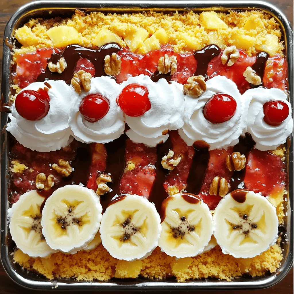To make a Banana Split Dump Cake, you'll need these main ingredients: - 2 ripe bananas, sliced - 1 can (20 oz) crushed pineapple, undrained - 1 cup strawberry pie filling - 1 box yellow cake mix (15.25 oz) - 1 cup unsalted butter, melted - 1 cup chocolate syrup - Whipped cream (for serving) - Maraschino cherries (for garnish) These ingredients work together to create a layered, sweet treat that everyone will love. You can add extra flavors to your dump cake with these optional ingredients: - 1 cup chopped walnuts or pecans - 1 cup shredded coconut Adding nuts gives a nice crunch, while coconut adds a tropical touch. You will need a few tools to make this dessert: - A 9x13 inch baking dish - A mixing bowl - A spatula for spreading - An oven for baking These items make it easy to mix, layer, and bake your delicious dessert. For the full recipe, check the details above. First, gather all your ingredients. You will need bananas, crushed pineapple, and strawberry pie filling. Don't forget the cake mix and melted butter. If you want, grab some nuts and coconut too. Preheat your oven to 350°F (175°C). Next, grease a 9x13 inch baking dish. Spread the crushed pineapple evenly on the bottom. Then, layer the sliced bananas over the pineapple. After that, pour the strawberry pie filling on top. Make sure it spreads out well. Now, sprinkle the yellow cake mix over the fruit layers. Be careful not to mix it in. Drizzle the melted butter on top of the cake mix. Cover as much as you can. If you are using nuts or coconut, sprinkle them on now. Place the dish in the preheated oven. Bake for 45 to 50 minutes. Watch for a golden brown top and bubbling edges. This means it is ready. Once done, take the dump cake out of the oven. Let it sit for about 10 minutes to cool. This step helps the layers set before serving. Just before you serve, drizzle chocolate syrup on each portion. Top it off with whipped cream. Add a maraschino cherry for a fun touch. This adds color and makes your dessert look special. You can find the full recipe to guide you through these steps. Enjoy your delicious Banana Split Dump Cake! To get the best texture in your banana split dump cake, follow these steps. First, use ripe bananas for a sweet flavor. Their creaminess helps keep the cake moist. Next, do not mix the cake mix with the fruit layers. Just sprinkle it on top. This keeps the layers separate and gives you a better texture. Lastly, drizzle the melted butter evenly. This ensures all parts of the cake cook well. This dessert shines when served warm. The warm cake pairs well with cold whipped cream. You can also add a scoop of vanilla ice cream for extra fun. Just before serving, drizzle some chocolate syrup on top. For a pop of color, add a maraschino cherry. This makes each serving look and taste amazing. Layering is key to making this cake great. Start with the crushed pineapple as the base. This keeps the cake moist. Next, add the sliced bananas. They should sit on top of the pineapple. After that, spread the strawberry pie filling evenly over the bananas. When you sprinkle the cake mix, do it gently. This helps keep the layers intact and looking nice. If you use nuts or coconut, add them at the very end. This keeps them crunchy. For the full recipe, check the designated section. {{image_2}} You can change the fruit in a banana split dump cake. Try using fresh strawberries or peaches. You can also add blueberries for a burst of flavor. Mixing fruits gives you a new taste. Think about using apples with cinnamon for a warm twist. Each fruit brings its own fun, making this dessert special every time. Toppings can change the whole cake. Instead of just chocolate syrup, try caramel sauce. You can also use peanut butter drizzle for a nutty flavor. If you love nuts, try adding slivered almonds or pecans. A sprinkle of crushed graham crackers can add a nice crunch. Mixing toppings is a great way to be creative. You can make this dessert fit your diet. For gluten-free, switch to a gluten-free cake mix. For a vegan option, use dairy-free butter and skip the whipped cream. You can swap the cake mix for a vegan brand. This way, everyone can enjoy this tasty treat. Making it fit your needs keeps it fun and easy. For the full recipe, check the earlier sections. After you enjoy your banana split dump cake, you might have some left. To store leftovers, let the cake cool down. Then, cover it tightly with plastic wrap or aluminum foil. You can also use an airtight container. This keeps the cake fresh for up to three days in the fridge. Make sure to put it in the fridge within two hours of baking. If you want to save some cake for later, freezing is a great option. First, let the cake cool completely. Cut it into pieces for easy thawing. Wrap each piece in plastic wrap. Then, place them in a freezer-safe bag or container. The cake can stay frozen for up to three months. When you're ready to eat it, just take out a piece and let it thaw in the fridge overnight. Reheating your banana split dump cake is simple. You can use the oven or microwave. To use the oven, preheat it to 350°F (175°C). Place the cake in a baking dish and cover it with foil. Heat for about 15-20 minutes, or until warm. If you prefer the microwave, place a slice on a microwave-safe plate. Heat it for 30 seconds to 1 minute, checking it often. Enjoy your warm cake with fresh whipped cream and a cherry on top! For the full recipe, click on [Full Recipe]. A dump cake is a simple dessert. You just "dump" ingredients in a pan. It uses cake mix, fruit, and butter. This makes it easy for anyone to bake. You don’t need to mix the batter or worry about fancy techniques. The result is a warm, sweet treat that’s fun to make and eat. Yes, you can use other cake mix flavors! Chocolate, lemon, or even strawberry work well. Each flavor will change the taste a bit. For a twist, try a spice cake mix for extra warmth. Remember to pick a mix that matches your fruit choices. This way, you keep the flavors balanced. Banana Split Dump Cake lasts for about three to four days. Store it in the fridge to keep it fresh. Cover it with plastic wrap or foil. This helps keep the cake moist. If you notice the bananas turning brown, that’s normal. Just enjoy it while it’s still tasty! You can make this recipe ahead of time! Bake it and let it cool. Then, cover it and store it in the fridge. When you’re ready to serve, just warm it up in the oven. This is a great way to save time for parties or family gatherings. You can enjoy more time with your guests! For the complete recipe, check out the Full Recipe. In this post, we covered the key ingredients, steps, and tips for making a delicious dump cake. We also explored variations, like fruit combinations and dietary adaptations. Lastly, we discussed how to store leftovers and answered common questions. Embrace your creativity! Try new flavors and make it your own. Happy baking!