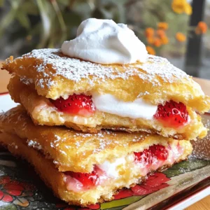 - 8 slices of brioche bread - 1 cup cream cheese, softened - 1/2 cup powdered sugar - 1 teaspoon vanilla extract - 1 cup fresh strawberries, hulled and sliced - 1/2 teaspoon cinnamon - 1/4 teaspoon nutmeg - 2 eggs - 1 cup whole milk - 1 cup all-purpose flour - 1 cup breadcrumbs - Vegetable oil for frying - Whipped cream for serving (optional) For this recipe, precise measurements matter. You need 8 slices of brioche. Use 1 cup of softened cream cheese. Mix in 1/2 cup of powdered sugar. Add 1 teaspoon of vanilla extract. You will also need 1 cup of fresh strawberries, hulled and sliced. For the coating, prepare 2 eggs and 1 cup of whole milk. Gather 1 cup of all-purpose flour, 1 cup of breadcrumbs, and season with 1/2 teaspoon of cinnamon and 1/4 teaspoon of nutmeg. Don't forget the vegetable oil for frying. To make your sandwiches even more special, consider adding a chocolate drizzle on top. You can also try fresh whipped cream or a sprinkle of crushed nuts. These additions can enhance the taste and look of your fried strawberry cheesecake sandwiches. To make the filling, start with a mixing bowl. Add 1 cup of softened cream cheese. Next, sprinkle in 1/2 cup of powdered sugar. Pour in 1 teaspoon of vanilla extract. Use an electric mixer to beat these ingredients until they are smooth and creamy. Once smooth, gently fold in 1 cup of hulled and sliced fresh strawberries. Make sure the strawberries are evenly mixed in. This filling is the heart of your Fried Strawberry Cheesecake Sandwiches. Now, let’s assemble the sandwiches. Take 4 slices of brioche bread and lay them out on a clean surface. Spread a generous layer of the strawberry cheesecake filling on each slice. Make sure to cover the bread entirely. After that, place another slice of brioche on top of each filled slice. This creates a sandwich. Press down lightly to seal the edges well. You will need three shallow dishes for the coating. In the first dish, whisk together 2 eggs and 1 cup of whole milk. Make sure they are fully combined. In the second dish, mix 1 cup of all-purpose flour with 1/2 teaspoon of cinnamon and 1/4 teaspoon of nutmeg. This adds flavor to your coating. In the third dish, place 1 cup of breadcrumbs. Next, coat the sandwiches. Carefully dip each sandwich into the flour mix, covering both sides. Then, dip it into the egg mixture. Let the excess drip off. Finally, coat it with breadcrumbs, pressing gently to make sure they stick. For frying, heat about 1 inch of vegetable oil in a deep skillet over medium heat. The oil should reach about 350°F or 175°C. Fry 2-3 sandwiches at a time. Cook for about 2-3 minutes on each side until they turn golden brown and crispy. Once done, remove them and place on paper towels to drain any extra oil. You can now enjoy these delightful treats! You can find the Full Recipe for more details. Start by preparing your ingredients first. This makes cooking easy and fun. Gather your brioche bread, strawberries, and cream cheese. Slice the strawberries before mixing them into the cheese. This way, you save time later. To get the perfect crispy texture, heat your oil to 350°F (175°C). Too cool, and the sandwiches will soak up oil. Too hot, and they might burn. Fry only two or three sandwiches at a time. This helps keep the oil at the right temperature. To avoid oil splattering, gently lower the sandwiches into the oil. Use a slotted spoon to guide them in. This way, you keep your kitchen clean and safe. Presentation matters! Slice the sandwiches in half to show off the filling. Dust them lightly with powdered sugar for a sweet touch. Add a dollop of whipped cream on the side for extra goodness. Pair these treats with a cold glass of milk or a hot cup of coffee. They complement the flavors well and make your dessert even more enjoyable. For the full recipe, check out the complete cooking guide. {{image_2}} You can change the flavor of your fried strawberry cheesecake sandwiches. Try using blueberries or bananas for a fruity twist. Just chop the fruit finely before mixing it into the cream cheese. You can also add chocolate chips to the filling for a rich taste. The chocolate pairs well with the sweet strawberries. If you want a gluten-free version, swap brioche bread with gluten-free bread. You can find many tasty options that work well. For a dairy-free adjustment, use a dairy-free cream cheese. This way, everyone can enjoy this treat, no matter their diet. How you serve these sandwiches makes a big difference. Cut them into triangles or sticks for fun bites. Dust them with powdered sugar for a beautiful look. You can also add fresh strawberry slices or a drizzle of chocolate on top. Serve with whipped cream for a tasty dip. To store leftover Fried Strawberry Cheesecake Sandwiches, place them in an airtight container. Make sure they cool down to room temperature first. This helps keep them fresh and tasty. You can keep them in the refrigerator for up to three days. When you want to eat them, just take them out and enjoy! If you want to keep these sandwiches longer, you can freeze them. Wrap each sandwich tightly in plastic wrap. Then, place them in a freezer-safe bag or container. This method helps prevent freezer burn. They can stay frozen for up to a month. When you're ready to eat, thaw them in the fridge overnight. To reheat your sandwiches and keep them crispy, use an oven or air fryer. Preheat the oven to 350°F (175°C). Place the sandwiches on a baking sheet and bake for about 10-15 minutes. If using an air fryer, set it to 350°F (175°C) and cook for about 5-7 minutes. This gives them a nice crunch again! To make Fried Strawberry Cheesecake Sandwiches, follow these steps: 1. Prepare the Filling: Mix cream cheese, powdered sugar, and vanilla in a bowl. Beat until smooth. Gently stir in sliced strawberries. 2. Assemble the Sandwiches: Lay out four slices of brioche. Spread filling on each slice, then top with another slice. Press lightly to seal. 3. Prepare the Coatings: In a dish, whisk eggs and milk together. In another dish, mix flour, cinnamon, and nutmeg. Place breadcrumbs in a third dish. 4. Coat the Sandwiches: Dip each sandwich in the flour, then the egg, and finally the breadcrumbs. Press to make sure they stick. 5. Fry the Sandwiches: Heat oil in a skillet. Fry sandwiches 2-3 at a time for 2-3 minutes per side until golden brown. 6. Serve: Cool slightly, slice in half, and serve warm with powdered sugar and whipped cream. For the complete recipe, see the Full Recipe section. Yes, you can use different breads. Here are some good choices: - Challah - Texas toast - White sandwich bread - Whole wheat bread - Croissants for a flaky twist Each type will give a unique flavor and texture to your sandwiches. If you need a substitute for cream cheese, consider these options: - Greek yogurt for a tangy flavor - Ricotta cheese for a lighter texture - Silken tofu for a dairy-free option - Mascarpone for a richer taste These alternatives work well in the filling. These sandwiches are best enjoyed fresh. However, they can be stored for a short time: - In the fridge: Keep in an airtight container for up to 2 days. - For freezing: Wrap tightly and freeze for up to 1 month. To reheat, warm in an oven to restore crispiness. This blog post covered how to make Fried Strawberry Cheesecake Sandwiches. You learned about the main ingredients, from brioche bread to fresh strawberries. I shared tips on preparing the filling, assembling the sandwiches, and frying them to crispy perfection. You can also explore variations and storage options to make this dish your own. Experiment with flavors and toppings to suit your taste. Enjoy creating this fun dessert, and share it with friends and family for a delightful treat!