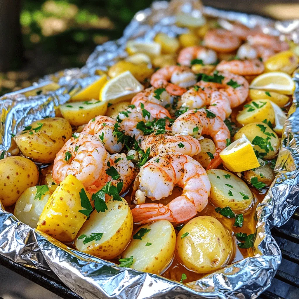 - 1 pound shrimp, peeled and deveined - 2 ears of corn, cut into quarters - 1 pound baby potatoes, halved - 1 tablespoon olive oil - 4 cloves garlic, minced - 1 tablespoon Old Bay seasoning - 1 tablespoon lemon juice - 1 teaspoon smoked paprika - Salt and pepper to taste - Fresh parsley, chopped (for garnish) - Lemon wedges (for serving) - Aluminum foil - Grill or oven - Large mixing bowl - Measuring spoons and cups When making shrimp boil foil packs, have your ingredients ready. You’ll need shrimp, corn, and baby potatoes. First, peel and devein the shrimp. Cut the corn into quarters. Halve the baby potatoes for even cooking. Next, gather your cooking tools. You’ll need aluminum foil to create the packets. A grill or oven works well for cooking. Use a large mixing bowl to combine all your ingredients. Measuring spoons and cups help you get the right amounts. Using fresh ingredients makes a big difference. The shrimp should be firm and pink. Look for corn that is bright yellow and fresh. Choose baby potatoes that are smooth and firm. These ingredients will make your meal taste great. For a touch of flavor, use garlic and Old Bay seasoning. The lemon juice adds a nice zing. Smoked paprika gives a warm, smoky taste. Always season with salt and pepper to enhance the flavors. For the full recipe, check out the complete Shrimp Boil Foil Packs recipe. Enjoy making this dish! To start, gather all your ingredients in a large bowl. You need shrimp, corn, baby potatoes, olive oil, garlic, Old Bay seasoning, lemon juice, smoked paprika, salt, and pepper. Now, add all these items into the bowl and mix well. Make sure every piece of shrimp and potato gets coated. This step is key for great flavor. Next, cut four sheets of aluminum foil. Each should be about 12x18 inches. Lay out your foil sheets flat on a clean surface. Divide the shrimp and vegetable mixture evenly among the sheets. Place one portion in the center of each foil. Now, fold the sides of the foil over the mixture. Make sure to seal the top tightly. This will help keep all the juices and flavors inside. Now, preheat your grill or oven to 400°F (200°C). Once ready, place the foil packets on the grill or on a baking sheet if using the oven. Cook for 15 to 20 minutes. You want the shrimp to turn pink and the potatoes to be tender. When the time is up, carefully open the packets. Remember to watch out for steam! Finally, garnish with fresh parsley and serve with lemon wedges. Enjoy your meal! To make your shrimp boil foil packs pop, adjust your seasoning. You can add more Old Bay for a spicy kick or a pinch of cayenne for heat. If you like herbs, try adding fresh thyme or dill. These small changes can change the whole taste! You can also add different veggies or proteins. Bell peppers, zucchini, or asparagus work well. For extra protein, toss in some sausage or crab. Each addition brings a new twist to the dish. You can cook shrimp boil foil packs in an oven or on a grill. Both methods work great. The grill adds a smoky flavor, while the oven gives even heat. Just preheat your grill or oven to 400°F (200°C) before cooking. To avoid overcooking, keep an eye on your packets. Shrimp cooks fast, so check them after 15 minutes. When they turn pink, they are done. Tender potatoes are the sign to remove them from heat. For side dishes, corn on the cob or a fresh salad pairs well. A light coleslaw adds crunch and balance. You can also serve crusty bread to soak up all the juices. For garnishes, fresh parsley brightens the dish. Lemon wedges add a zesty touch when served. You can also try thinly sliced green onions for extra flavor. Each garnish adds a lovely finish to your shrimp boil foil packs. {{image_2}} You can switch up the proteins in your shrimp boil foil packs. Try using crab or sausage. Both options add a nice touch of flavor. You can also mix proteins for a unique taste. For veggies, consider seasonal options. Bell peppers, zucchini, or asparagus work great. You can use whatever you find fresh at the market. This keeps your meal exciting and fresh. Want a kick in your shrimp boil foil packs? Add some heat with red pepper flakes or hot sauce. This spiciness pairs well with the shrimp and veggies. You can also experiment with herbs and spices. Try fresh thyme or dill for a bright taste. A dash of lemon zest can uplift the flavors too. These small tweaks make a big difference in taste. You can easily make gluten-free shrimp boil foil packs. Just ensure your seasoning and other ingredients are gluten-free. For low-carb options, skip the baby potatoes. You can add more veggies like cauliflower instead. This keeps your meal light and healthy. Adjusting your shrimp boil foil packs allows everyone to enjoy them. To store leftover shrimp boil foil packs, first let them cool. Place them in an airtight container. This helps keep them fresh. You can refrigerate leftovers for up to three days. If you want to keep them longer, freezing is a good option. To freeze shrimp boil packets, wrap them tightly in plastic wrap. Then, place them in a freezer-safe bag. Make sure to remove as much air as possible. You can freeze these packs for up to three months. To reheat your shrimp boil foil packs, you can use either the oven or the microwave. If you use the oven, preheat it to 350°F (175°C). Place the foil packet on a baking sheet. Heat for about 15 minutes or until warmed through. If you prefer the microwave, place the packet on a microwave-safe plate. Heat for 3 to 5 minutes. Watch closely as cooking times may vary. To keep the shrimp tender, don’t overheat. Check the packets often to maintain flavor and texture. Enjoy your meal just like it was fresh! You should cook shrimp in foil for about 15 to 20 minutes. This time works well for both grilling and baking. The shrimp will turn pink and curl slightly when done. Make sure to check the potatoes too; they should be tender. Yes, you can! Preheat your oven to 400°F (200°C). Place the foil packs on a baking sheet. Cook for 15 to 20 minutes just like on the grill. This method gives you that same great flavor. You can use homemade blends or other seasonings. Try a mix of paprika, garlic powder, and celery salt. Lemon pepper is a great option too. Adjust to your taste to keep it flavorful. Yes, shrimp boil foil packs are quite healthy. They offer lean protein from shrimp and lots of nutrients from vegetables. Corn and potatoes provide fiber and vitamins. Use olive oil for healthy fats and enjoy a balanced meal. For the complete Shrimp Boil Foil Packs recipe, check out the [Full Recipe]. In this post, we covered how to make shrimp boil foil packs. We reviewed the ingredients needed, cooking equipment, and step-by-step instructions. I also shared tips for flavor, different variations, and how to store leftovers. These foil packs are easy to make and fun to eat. With simple tweaks, you can make them your own. Enjoy experimenting with flavors and ingredients. Happy cooking!