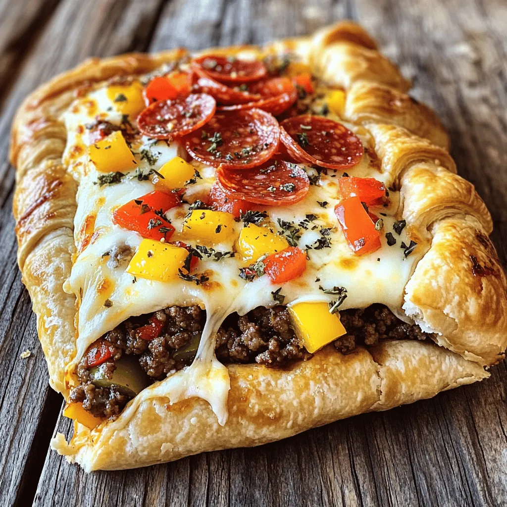 The Pizza Burger Pie offers a fun twist on classic flavors. Each ingredient plays a role in creating a mouthwatering taste. Here’s what you need: - 1 lb ground beef - 1 cup pizza sauce - 1 teaspoon Italian seasoning - 1 teaspoon garlic powder - 1 teaspoon onion powder - 1 cup shredded mozzarella cheese - 1/2 cup diced pepperoni - 1 cup diced bell peppers (any color) - 1 small onion, chopped - 1 package refrigerated pizza dough - 1 egg, beaten (for egg wash) - Olive oil (for sautéing) - Salt and pepper to taste Every bite bursts with flavor from the ground beef and seasonings. The rich pizza sauce adds a classic touch. Mixing in cheeses and vegetables creates layers of taste. If you want to get creative, add optional toppings like olives or fresh herbs. The dough holds everything together, making each slice a delightful experience. You can find the full recipe to ensure you have everything ready. 1. Preheating the oven: Start by preheating your oven to 400°F (200°C). This helps cook the pie evenly. 2. Cooking the ground beef: In a skillet, add a splash of olive oil. Heat it over medium heat. Then add 1 lb of ground beef. Cook it until it turns brown. Use a spatula to break it up. Season it with salt and pepper, garlic powder, onion powder, and Italian seasoning. This adds great flavor. If needed, drain any excess grease. 3. Adding the pizza sauce and seasonings: Once the beef is browned, add 1 cup of pizza sauce. Stir it in and mix until it heats through. Remove from heat. The sauce gives a rich taste to the filling. 1. Mixing in the toppings: Now, add in 1 cup of shredded mozzarella cheese, 1/2 cup of diced pepperoni, 1 cup of diced bell peppers, and 1 small chopped onion. Stir everything until well combined. This mix creates a tasty filling. 2. Preparing the crust: On a clean surface, unroll the refrigerated pizza dough. Use a rolling pin to stretch it into a large circle, about 12 inches wide. This will be your pie crust. 3. Filling and folding the pie: Place the dough in a greased pie dish. Let the edges hang over the sides. Fill it with the pizza burger mixture. Carefully fold the dough edges over the filling. Pinch the edges to make a seal. This step keeps the filling inside. 1. Applying the egg wash: Brush the top of the folded dough with the beaten egg. This gives the pie a nice golden color when baked. 2. Baking time and temperature: Place the pie in the preheated oven. Bake for 25-30 minutes. Look for a golden brown crust. This means it's ready. 3. Cooling before serving: Once done, remove the pie from the oven. Let it cool for about 10 minutes. This helps the filling set, making it easier to slice. Follow these steps, and you'll have a delicious Pizza Burger Pie that everyone will love! For more details on cooking times and ingredients, check the Full Recipe. To make the best Pizza Burger Pie, start by rolling out the dough evenly. Use a rolling pin to stretch it. Aim for about 12 inches in diameter. A thin, even layer helps with baking. Sealing the edges is key to keep the filling inside. Pinch the dough edges together to form a strong seal. This prevents any filling from leaking out. Lastly, achieve that golden finish by brushing the top with a beaten egg. This adds a nice color and shine. Boost the flavor of your pie with some great spices. Italian seasoning is a must; it adds depth. Garlic powder and onion powder also enhance the taste. For a cheesier bite, add more shredded mozzarella. It melts beautifully and makes each slice ooze with goodness. Fresh vegetables elevate the dish too. Diced bell peppers and onions not only add crunch but also make it colorful. Avoid overfilling the pie. Too much filling can cause it to spill over while baking. It’s important to pre-cook your ingredients, especially the meat. This ensures everything is cooked through and flavorful. Lastly, keep an eye on your baking time. Baking it too long can lead to a dry crust. Aim for that perfect golden brown without burning. Following these tips will lead to a delicious Pizza Burger Pie. For the full recipe, check the earlier section. {{image_2}} You can switch up the meat in your pizza burger pie. Ground turkey or chicken works well. These lean meats keep the dish light and tasty. They take on flavors well, making each bite delicious. You can also explore vegetarian and plant-based options. Try lentils or black beans for a hearty texture. Mixing in sausage adds a fun twist. The spice in sausage can really boost the flavor. Sauce choice can change the whole pie. You might consider white sauce alternatives instead of traditional pizza sauce. A creamy garlic sauce can add a rich taste. If you love sweet and tangy, try barbecue or pesto options. These sauces mix well with the meat and cheese. Don’t hesitate to experiment with sauces. A hint of hot sauce or a drizzle of ranch can create something special. The toppings can make your pizza burger pie stand out. Think about creative toppings to consider. Fresh basil, jalapeños, or even olives can add a kick. You can also play with various cheese blends. Mixing mozzarella with cheddar or feta can create a unique flavor profile. Finally, consider additional vegetables or herbs. Spinach, mushrooms, or even artichokes can surprise your taste buds. Each choice can bring new life to your pizza burger pie. To keep your Pizza Burger Pie fresh, store it in the fridge. Place the pie in an airtight container. You can also cover it tightly with plastic wrap. This will help keep out air and moisture. The pie stays good for about three days. After that, the flavors start to fade. If you have extra pie, freezing is a great option. First, let the pie cool completely. Then, wrap it tightly in plastic wrap. Make sure to cover all sides to prevent freezer burn. You can also use aluminum foil for extra protection. This way, your pie can last up to three months in the freezer. When you’re ready to eat it, thaw it in the fridge overnight. When reheating, the oven works best. Preheat your oven to 350°F (175°C). Place the pie on a baking sheet and cover it with foil. This helps keep the crust crispy. Heat for about 20-25 minutes. If you're in a hurry, the microwave is an option too. Just heat it for 2-3 minutes. But be careful! Microwaving can make the crust soggy. To avoid this, try placing a paper towel under the pie. This helps absorb extra moisture. A Pizza Burger Pie is a fun dish that mixes pizza and burgers. It has a flaky crust filled with seasoned ground beef, pizza sauce, cheese, and your favorite toppings. The unique elements include the crust, which is pizza dough, and the blend of flavors. You get the savory taste of a burger with the cheesy goodness of pizza in every bite. Yes, you can make it ahead of time. You can prepare the filling and store it in the fridge. Just keep it in an airtight container. For the crust, you can roll it out and keep it covered in the fridge too. This way, you can bake the pie when you are ready to eat. You can tell it's done by looking at the crust. It should be golden brown and flaky. You can also check the filling. If it bubbles out a bit, that means it's hot and ready. Make sure to let it cool for a bit before slicing. This blog post covered how to make a delicious Pizza Burger Pie. We discussed key ingredients like ground beef, cheese, and various toppings. I shared a step-by-step guide for preparation, assembly, and baking. You also learned tips for perfecting the crust and enhancing flavor. Lastly, we explored variations and storage methods. Now, grab your ingredients and get creative. Enjoy this tasty dish with family and friends!