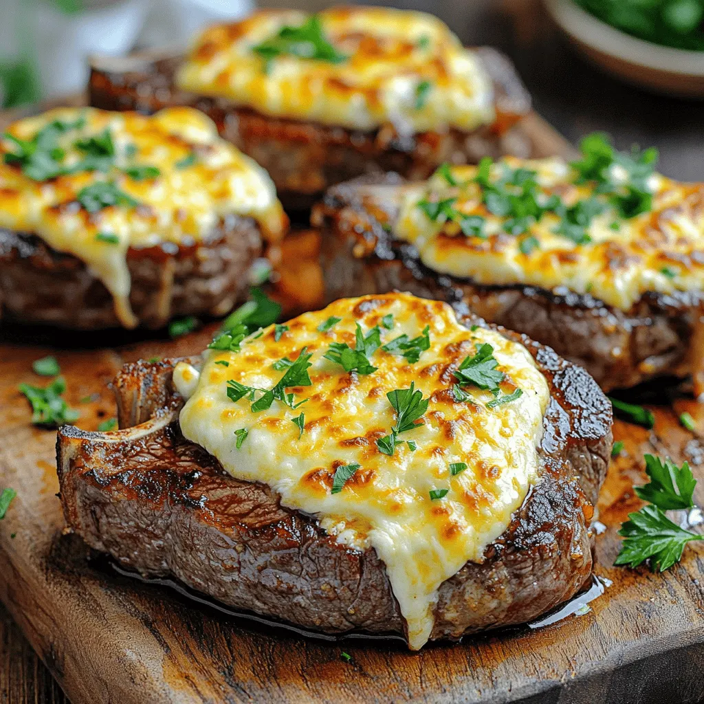 - 2 ribeye steaks (about 1 inch thick) - 3 cloves garlic, minced - 2 tablespoons olive oil - 1 teaspoon paprika - 1 teaspoon salt - ½ teaspoon black pepper - 1 cup shredded mozzarella cheese - Fresh parsley, chopped for garnish - Air fryer - Mixing bowl - Measuring spoons - Tongs - Instant-read meat thermometer - Cutting board Gathering the right ingredients is key to a great meal. I use ribeye steaks for their rich flavor and tenderness. The minced garlic adds a bold taste that pairs well with steak. Olive oil keeps the meat moist while enhancing the flavor. Paprika, salt, and black pepper spice things up. You will need an air fryer to cook the steaks perfectly. A mixing bowl helps you combine the marinade. Measuring spoons ensure you get the right amounts. Tongs are handy for flipping the steaks. For best results, I always recommend an instant-read meat thermometer. It helps you know when the steaks are just right. A cutting board is essential for resting and slicing your steaks. When you have all these ingredients and tools ready, you are set for a delicious meal. For the full recipe, check out the details we have provided. First, gather your ingredients. You need garlic, olive oil, and spices. In a small bowl, mix these together. Use three minced cloves of garlic, two tablespoons of olive oil, one teaspoon of paprika, one teaspoon of salt, and half a teaspoon of black pepper. This mixture creates a rich flavor. Next, rub this mixture all over the ribeye steaks. Make sure to coat every part well. This step adds depth to the taste. Now, let's talk about marinating. If you let your steaks sit at room temperature, aim for about 30 minutes. This helps the flavors soak in. If you have more time, refrigerate the steaks for up to two hours. Marinating is key. It not only adds flavor but also helps keep the meat juicy. The longer you marinate, the better the flavor. Preheat your air fryer to 400°F (200°C). This usually takes about five minutes. A hot air fryer sears the meat quickly, locking in juices. Once preheated, place the marinated steaks in the basket. For medium-rare, cook for 10 to 12 minutes. Flip the steaks halfway through to ensure even cooking. If you like your steak medium or medium-well, add one to two extra minutes of cooking time. Near the end, sprinkle shredded mozzarella cheese on each steak. Cook for an additional two minutes to let the cheese melt. Enjoy the aroma as it fills your kitchen! To get the best doneness for your steaks, use a meat thermometer. Insert it into the thickest part of the steak. For medium-rare, aim for 130°F (54°C). Adjust your cooking time based on steak thickness. Thicker steaks need a bit more time. Timing is key when adding cheese. Put it on when the steak is nearly done. This gives the cheese time to melt perfectly. Choose mozzarella for its great melt and stretch. You can also try cheddar or gouda for a different taste. Boost flavor with extra seasonings. Consider adding onion powder, or a touch of cayenne for heat. You can also mix in herbs like thyme or rosemary. Marinade variations can help too. Try adding soy sauce or balsamic vinegar for a unique twist. {{image_2}} You can swap ribeye for other cuts. Flank steak, sirloin, or filet mignon work well. Each cut has its own taste and texture. - Flank Steak: This cut is lean and cooks fast. Adjust cooking time to 8-10 minutes. - Sirloin: A bit thicker, it needs 10-12 minutes for medium-rare. - Filet Mignon: This cut is tender. Cook it for about 9-11 minutes. Cooking times may vary based on thickness. Use a meat thermometer to check doneness easily. Cheese can add a lot of flavor. Besides mozzarella, try provolone or gouda. - Provolone: It has a rich, tangy taste. Use it for a different twist. - Gouda: This cheese melts well and offers a smoky flavor. You can mix cheeses, too! For instance, blend mozzarella with parmesan for a cheesy kick. You can add vegetables to make your meal even better. Try bell peppers, zucchini, or asparagus. - Bell Peppers: Cut into strips and add them for color and crunch. - Zucchini: Slice this vegetable thinly. It cooks fast and soaks up flavors. - Asparagus: Trim the ends and place them in the air fryer with the steaks. Add veggies halfway through cooking. This way, they cook just right without getting mushy. To keep your Air Fryer Cheesy Garlic Steaks fresh, store them in the fridge. First, let the steaks cool to room temperature. Wrapping them in foil helps keep them moist. You can also place them in an airtight container. This method keeps the flavors locked in. Aim to eat leftovers within three days for the best taste. To reheat your steaks, the air fryer works best. Set it to 350°F (175°C). Place the steaks in the basket and heat for about 5 minutes. This keeps the steaks juicy and warm. If you don't have an air fryer, you can use a skillet. Heat on medium-low and flip often to avoid burning. If you want to freeze cooked steaks, wrap them tightly in plastic wrap first. Then, place them in a freezer bag. Try to remove as much air as possible. They can last up to three months in the freezer. To thaw, move the steaks to the fridge overnight. This way, they stay safe and tasty. Yes, you can use different air fryer brands. Most air fryers work similarly. Brands like Philips, Ninja, and Cosori all cook well. Just check the size of your fryer. If your fryer is smaller, adjust the steak size or cook in batches. Follow the same cooking times in the recipe. Always ensure good air flow around the food. I recommend marinating the steaks for at least 30 minutes. This time allows the flavors to soak in well. If you have more time, try to marinate them for up to 2 hours in the fridge. This extra time makes the steaks even tastier. Just remember to bring them to room temperature before cooking. Cheesy garlic steaks shine with simple sides. Here are some tasty options: - Garlic mashed potatoes - Roasted vegetables like broccoli or asparagus - A fresh green salad - Crispy fries or sweet potato fries These sides balance the rich flavors of the steak. They also make a full, satisfying meal. This guide showed you how to make cheesy garlic ribeye steaks in an air fryer. We covered ingredients and tools, detailed steps to prepare and cook the steaks, and shared helpful tips for perfect doneness. You learned about storage and reheating too. In the end, air frying offers quick and tasty results, perfect for any meal. Enjoy experimenting with different flavors and cuts. Your cooking adventure starts now!
