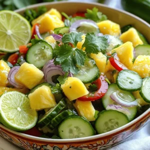 - 2 cups fresh pineapple, diced - 1 large cucumber, peeled and diced - 1 red bell pepper, diced - 1/2 red onion, thinly sliced - 1/4 cup fresh cilantro, chopped - Juice of 2 limes The main ingredients create a vibrant and tasty base. Fresh pineapple brings sweetness, while cucumber adds crunch. The red bell pepper adds color, and red onion gives a mild bite. Cilantro brightens the flavors, and lime juice ties it all together. This mix is fresh and fun. - 1 tablespoon honey (or agave syrup for a vegan option) - Optional: 1 jalapeño, finely chopped for heat - Salt and pepper to taste You can add honey or agave syrup for a hint of sweetness. If you like heat, a jalapeño will spice things up. Salt and pepper help enhance the flavors. Adjust these to match your taste for a perfect bite. This salad is not just tasty; it’s healthy too. Pineapple is full of vitamins, while cucumber keeps you hydrated. Bell pepper adds antioxidants. Each serving is low in calories, making it a great option for a light meal. Enjoy the flavors without worry! For the full recipe, check out the Tropical Crunch Pineapple Cucumber Lime Salad. - First, combine 2 cups of diced pineapple, 1 large cucumber (peeled and diced), 1 diced red bell pepper, and 1/2 a thinly sliced red onion in a large bowl. - Next, whisk together the juice of 2 limes and 1 tablespoon of honey in a separate bowl until mixed well. - Pour the lime dressing over the salad ingredients in the large bowl. - Add 1/4 cup of chopped fresh cilantro and, if you like heat, a finely chopped jalapeño. - Gently toss the salad to mix everything evenly. - Season with salt and pepper to taste. - Let the salad sit for about 10 minutes before serving. This helps the flavors blend. - For a stunning look, serve the salad in a colorful bowl. Garnish with extra cilantro and lime wedges on the side for more zest. This Pineapple Cucumber Lime Salad is not just fresh; it's a delightful burst of flavor that everyone will enjoy. Check the Full Recipe for more details! When you pick a pineapple, look for one that feels heavy and smells sweet. The skin should have a nice golden color. A ripe cucumber should be firm and bright green. Avoid any that feel soft or have dark spots. For herbs, use fresh cilantro. Check for bright green leaves without any wilting or browning. Fresh herbs can boost your salad's flavor! To make your salad even tastier, think about adding spices. A pinch of cumin or chili powder can bring extra warmth. You might also try a splash of rice vinegar for a tangy kick. When balancing sweetness and acidity, lime juice adds zest. Honey or agave syrup gives a sweet touch. Adjust these to fit your taste! You can prepare the salad in advance. Chop the pineapple and cucumber, then store them in an airtight container. Mix the dressing separately to keep it fresh. Combine everything just before serving to maintain the crunch. To keep ingredients fresh, add a bit of lime juice to the diced fruits and veggies. This helps prevent browning and keeps flavors bright! For the full recipe, check out the earlier section. {{image_2}} You can play with flavors to make this salad your own. For a tropical twist, try adding diced mango or creamy avocado. Both will blend well with the fresh ingredients. A spicy option is to add crushed red pepper. This will give your salad a nice kick. If you want a vegan salad, use agave syrup instead of honey for sweetness. This keeps it plant-based and just as delicious. Always check labels for gluten-free options if needed. Most ingredients in this salad are gluten-free, making it a safe choice. Think about what is in season when you make this salad. In summer, fresh tomatoes or peppers add color and flavor. During winter, you could use citrus fruits for a bright taste. You can also customize this salad for seasonal holidays. For example, add pomegranate seeds in the fall for a festive touch. For the full recipe, check out the complete guide on making this delightful salad! To keep your pineapple cucumber lime salad fresh, store it in an airtight container. This method prevents air from getting in and keeps flavors intact. The salad stays fresh for about 2-3 days in the fridge. However, the longer it sits, the softer the veggies get. You can freeze pineapple cucumber salad, but it may change texture. I recommend freezing only the pineapple and cucumber separately. To freeze, chop them, place in freezer bags, and remove air. They last up to 3 months in the freezer. If you have leftover salad, don’t worry. You can add it to tacos for crunch. Mix it into a rice bowl for added flavor. You can also blend it into a smoothie for a refreshing drink. The possibilities are endless! For the full recipe, check back to enjoy this salad again. You can pair this salad with many dishes. It goes well with grilled chicken, fish, or shrimp. The bright flavors make it perfect for tacos or burritos, too. For a vegetarian option, serve it with black bean burgers or veggie wraps. You can also add it to a picnic platter with cheese and crackers. The salad adds a nice touch to any meal. Yes, you can use canned pineapple. Canned pineapple is sweet and convenient. However, it may not have the same crunch as fresh pineapple. Fresh fruit has more flavor and nutrients. If you use canned, choose one packed in juice, not syrup. Rinse it well to remove excess sugar and syrup. This choice is great for quick meals. Yes, this salad is great for meal prep. You can chop the ingredients ahead of time. Store them in separate containers to keep them fresh. Mix the dressing just before serving to keep the salad crisp. It stays good in the fridge for about two days. Enjoy it as a side or light lunch throughout the week. For the full recipe, check out the Tropical Crunch Pineapple Cucumber Lime Salad. The pineapple cucumber lime salad blends fresh ingredients for a bright dish. We explored key ingredients, preparation steps, and flavor tips. You can customize it with other fruits or spices to match your taste. Whether for a picnic or dinner, this salad shines in any season. Keep it fresh with proper storage and enjoy creative uses for leftovers. This salad is not only tasty but also a healthy choice. Try it out and make it your own!