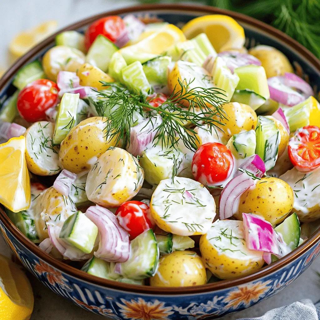 This potato salad recipe uses fresh, vibrant ingredients. Here’s what you need: - 2 pounds baby potatoes, halved - 1/2 cup Greek yogurt - 1/4 cup mayonnaise - 1 tablespoon Dijon mustard - 1 tablespoon fresh dill, chopped - 1/4 cup red onion, finely chopped - 1/2 cup cherry tomatoes, halved - 1/3 cup cucumber, diced - 1/4 cup celery, diced - 1 teaspoon garlic powder - Salt and pepper to taste - Zest of 1 lemon - Juice of 1 lemon Each ingredient plays a role. The baby potatoes give a creamy texture. Greek yogurt adds tang and reduces fat. Fresh dill and lemon zest brighten the dish. To make this potato salad, you’ll need a few tools: - A large pot for boiling - A colander for draining - A mixing bowl for the dressing - A whisk or spatula for mixing - A sharp knife and cutting board for chopping These tools help you work efficiently and keep things tidy. Using fresh ingredients makes a big difference in flavor. Here are some tips: - Choose firm baby potatoes without spots or blemishes. - Use fresh dill for the best taste. Dried herbs lack the same punch. - Store vegetables in the fridge to keep them crisp. For the best results, get your ingredients just before you start cooking. Freshness leads to a salad that’s full of flavor! - Boiling Tips for Perfect Texture Start by bringing a large pot of salted water to a boil. Add the halved baby potatoes. Cook them for 15 to 20 minutes. You want them fork-tender but not mushy. This keeps the salad light and fresh. - Cooling Techniques After boiling, drain the potatoes well. Let them cool for a few minutes. You can spread them out on a baking sheet to cool faster. This helps prevent sogginess and keeps them intact. - Mixing Ingredients for Creaminess In a mixing bowl, combine Greek yogurt, mayonnaise, Dijon mustard, chopped dill, garlic powder, lemon juice, and lemon zest. Use a whisk to mix until smooth. This creamy dressing adds a vibrant flavor to the salad. - Flavor Enhancements Don’t forget to season with salt and pepper. This step is key for balancing the flavors. The fresh lemon juice brightens the dish, making it taste even better. - Mixing Techniques In a large bowl, add the cooled potatoes along with chopped red onion, cherry tomatoes, cucumber, and celery. Pour the creamy dressing over the top. Gently fold everything together. Be careful not to mash the potatoes. - Presentation Suggestions For serving, choose a large, colorful bowl. Garnish with fresh dill sprigs and lemon wedges for a pop of color. It not only looks great but also invites everyone to dig in! Enjoy this fresh take on potato salad, and don’t forget to check out the full recipe for more details! - Achieving the Right Dressing Consistency: Start with Greek yogurt for creaminess. Mix it with mayonnaise and Dijon mustard. Aim for a smooth blend. If it feels thick, add a splash of lemon juice. This will help thin it out and add zing. - Flavor Balancing Tips: Fresh herbs like dill add brightness. Use lemon zest and juice for a tangy kick. Taste your dressing before adding it to the potatoes. Adjust salt and pepper for balance. A little extra lemon can work wonders. - Cooking Potatoes: Under vs. Over: Boil baby potatoes for 15-20 minutes. They should be fork-tender but not mushy. Undercooked potatoes will be hard, while overcooked ones turn to mush. Always check doneness while cooking. - Choosing the Right Seasonings: Don’t skip the garlic powder; it adds depth. Use fresh ingredients for the best taste. Avoid over-seasoning. Start light, and you can always add more later. - Best Accompaniments: Pair your potato salad with grilled meats or sandwiches. It also goes well with fresh salads. Serve it as a side for picnics or barbecues. - Ideal Serving Temperature: Serve potato salad chilled. Let it sit in the fridge for at least 30 minutes. This helps the flavors combine. If serving outdoors, keep it cool to ensure freshness. {{image_2}} Different Types of Potatoes You can use many potatoes for this salad. Try Yukon gold for creaminess. Red potatoes add color and hold their shape well. Sweet potatoes bring a unique taste. Each type adds its own flair. Alternative Dressings Greek yogurt is great, but you can switch it up. Use avocado for a creamy texture. Or try a vinaigrette for a lighter feel. Experimenting with different dressings keeps it fresh and exciting. Unique Herbs and Spices Adding fresh herbs makes a big difference. Try basil or cilantro for a twist. A pinch of smoked paprika gives a nice kick. Each herb adds a new layer of flavor. Adding Proteins for a Heartier Dish Want to make it filling? Add diced chicken or bacon. Chickpeas work well for a vegetarian option. Proteins not only add texture but also make it more satisfying. Vegan Options To make it vegan, swap Greek yogurt for silken tofu. Use vegan mayo for creaminess. This way, you keep the taste while meeting dietary needs. Gluten-Free Substitutes This recipe is already gluten-free if you use certified ingredients. Make sure all items, like dressings, are labeled gluten-free. This ensures everyone can enjoy your potato salad. For more tips, check out the Full Recipe for Not Your Grandma's Potato Salad. - Best Containers for Storage: Use airtight containers for storing your potato salad. Glass or plastic containers with tight lids work best. - Refrigeration Guidelines: Keep the potato salad in the fridge right after serving. It helps maintain its fresh taste and crisp texture. - How Long It Lasts in the Fridge: Your potato salad will stay good for about 3 to 5 days in the fridge. - Signs of Spoilage: Look out for off smells, discoloration, or a slimy texture. If you see any of these signs, it’s best to throw it away. - Tips for Freezing Potato Salad: I don't recommend freezing potato salad because the texture changes. If you must, put it in a freezer-safe container and leave space for expansion. - Thawing and Reheating: Thaw frozen potato salad in the fridge overnight. Stir well after thawing to help revive some of the texture. You may want to add a bit of dressing to freshen it up. For more detailed steps, refer to the Full Recipe. This potato salad stands out with its fresh flavors and healthier ingredients. Instead of heavy mayo, I use Greek yogurt. This swap gives a creamy texture but cuts down on calories. The addition of fresh dill, lemon zest, and garlic powder adds a bright twist. Also, the mix of colorful veggies, like cherry tomatoes and cucumber, makes it vibrant and appealing. Yes, you can make this potato salad ahead of time! In fact, chilling it for a few hours helps the flavors blend. Just prepare the salad and cover it well. Store it in the fridge until you're ready to serve. It stays fresh for up to three days. To adjust for larger servings, simply double or triple the ingredients. For example, use 4 pounds of baby potatoes and increase the dressing ingredients accordingly. Keep the same ratios for the veggies to ensure the flavors stay balanced. This method helps you stay on track without any guesswork. You can add many tasty toppings to your potato salad. Here are some ideas: - Crumbled bacon for a savory crunch - Chopped hard-boiled eggs for extra protein - Fresh herbs like parsley or chives for color - A sprinkle of paprika for a hint of spice Get creative and use what you love! Absolutely! To make a low-calorie version, use only Greek yogurt and skip the mayonnaise altogether. You can also reduce the amount of potatoes and add more veggies. Adding extra cucumbers or bell peppers keeps it fresh and filling without many calories. Enjoy the flavors without the guilt! For the full recipe, check out Not Your Grandma's Potato Salad! In summary, we explored how to make Not Your Grandma's Potato Salad. We covered key ingredients, tools, and storage tips. You learned step-by-step instructions to ensure perfect texture and flavor. We also shared tips to avoid common mistakes and suggested creative variations. Remember, potato salad can be a fun dish to personalize. Don't hesitate to try new flavors and ingredients. With this knowledge, you can impress everyone at your next gathering!