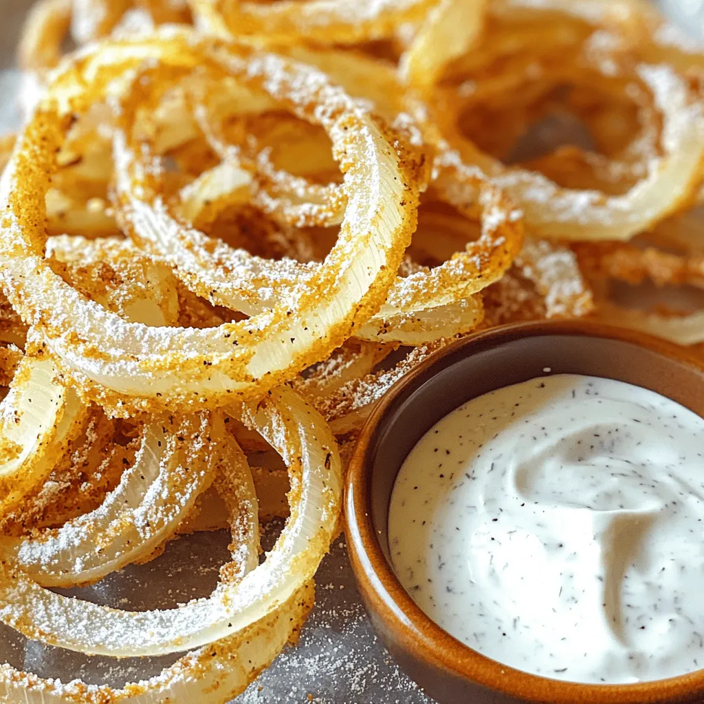- 2 large onions, thinly sliced - 1 cup all-purpose flour - 1 teaspoon garlic powder - 1 teaspoon paprika - 1 teaspoon salt - 1/2 teaspoon black pepper - 1/2 teaspoon cayenne pepper (optional for extra heat) - 1 tablespoon olive oil - 1/4 cup buttermilk (or plant-based milk for a vegan option) - For gluten-free options, use almond flour or chickpea flour instead of all-purpose flour. - For dairy-free milk, you can use almond milk, soy milk, or oat milk. These work great in the recipe and keep the texture nice. I love using these ingredients because they bring out the best flavors. The onions get crispy and golden, and the spices give them a kick. You can also play around with the spices based on your taste. If you like it spicy, add more cayenne pepper. If you prefer a milder flavor, stick to the paprika and garlic powder. You can find the full recipe [here](#). - Slicing the onions properly Start by peeling the onions. Use a sharp knife to slice them thinly. Aim for about 1/8 inch thick. This way, they will cook evenly and get crispy. - Combining dry ingredients for optimal coating In a bowl, mix the flour, garlic powder, paprika, salt, black pepper, and cayenne pepper. Stir well until it's even. This blend gives the onions a bold flavor and a nice crunch. - Preheating the air fryer Preheat your air fryer to 375°F (190°C). This step is key for getting a crispy texture. Wait about 5 minutes for it to heat up. - Dredging and oiling the onions In a separate bowl, pour the buttermilk over the sliced onions. Toss until they are well coated. Next, take the onions and dredge them in the flour mixture. Press gently to ensure they stick. Finally, drizzle olive oil over the onions. Toss again for even oil coverage. - Cooking time and temperature Place the coated onions in a single layer in the air fryer basket. Cook for 12-15 minutes. Shake the basket halfway through to ensure even cooking. Look for a golden brown color to know they are done. - How to present the crispy onions Serve the crispy onions on a nice platter. They look great piled high. You can also sprinkle some fresh herbs on top for a pop of color. - Ideal dipping sauces to pair Pair your crispy onions with tasty dipping sauces. Ranch dressing is a classic choice. For a spicy kick, try spicy mayo. These add extra flavor and make your snack even better. Check out the Full Recipe for a detailed guide on making these crispy onions! To get those onions super crispy, oil is key. It helps the coating stick and fry well. Just drizzle a tablespoon of olive oil over the coated onions. Toss them gently so they are evenly covered. This will help create a great crunch. Each air fryer cooks a bit differently. You may need to adjust the cook time. Start with 12 minutes at 375°F. Check around the halfway mark. If they are not golden yet, add a few extra minutes. One big mistake is overcrowding the air fryer basket. If you stack the onions, they cook unevenly. This leads to soggy spots. Always place them in a single layer. If needed, cook in batches to keep them crispy. Also, watch your temperature settings. Too low might not crisp them enough. Too high can burn them. Stick to 375°F for the best results. Want to kick up the flavor? Try adding extra spices! A pinch of cayenne adds heat. You can also mix in some dried herbs like thyme or oregano. This gives your crispy onions a tasty twist. Feel free to get creative. You can even sprinkle some grated Parmesan cheese for a cheesy flavor. Experiment with different seasonings to find your favorite! {{image_2}} To spice things up, you can add more cayenne pepper. This will give your crispy onions a nice kick. You can also mix in hot sauce when coating the onions. This adds bold flavor and heat. Just adjust the amount based on your taste. Herbs can add a fresh taste. Try using dried thyme or oregano for a new twist. You can also mix in Parmesan cheese. This adds a rich layer of flavor to your onions. Both options make for a tasty snack. Don’t just stick to regular onions. You can explore different types of onions like sweet, red, or shallots. Each type has its own unique taste. Sweet onions are mild, while red onions have a sharper flavor. Shallots offer a nice balance between the two. Each variety will change the snack's taste and texture. For more details, check the Full Recipe. To keep your crispy onions fresh, store them in an airtight container. This helps maintain their crunch. Use a glass jar or a plastic container with a tight lid. Avoid using bags, as they can trap moisture. If you have extra crispy onions, let them cool completely first. This keeps steam from making them soggy. When you want to enjoy leftover crispy onions, you need to regain that crunch. The best way is to use the air fryer again. Preheat it to 350°F (175°C). Place the onions in the basket for about 3-5 minutes. This method works well to avoid sogginess. You can also use an oven. Spread them on a baking sheet and heat at 350°F (175°C) for 5-7 minutes. Crispy onions can last up to one week in the fridge. Make sure they are in an airtight container. If you want them to last longer, consider freezing them. Place cooled crispy onions in a freezer-safe bag. This way, they can last for up to three months. When you’re ready to eat them, just reheat as mentioned above. Enjoy your bold and flavorful snack anytime! For the full recipe, check the earlier sections. Yes, you can use different types of onions like sweet, red, or yellow. Sweet onions add a mild taste. Red onions give a nice color and a bit of bite. Yellow onions are the classic choice and have great flavor. Each type changes the taste, so feel free to explore! Look for a golden brown color and a crispy texture. You should hear a crunch when you bite into them. If they appear dry and light, they are ready. Shake the basket halfway through cooking to ensure even crispness. Yes, you can make crispy onions in the oven. Preheat your oven to 400°F (200°C). Spread the coated onions on a baking sheet in a single layer. Bake for 20-25 minutes, flipping halfway. Keep an eye on them so they don’t burn. Each serving has about 150 calories, 7g fat, and 2g protein. Using less oil or skipping the buttermilk can reduce calories. If you swap flour for a gluten-free option, check the nutrition label for details. This recipe offers room for healthy swaps! In this blog post, we explored the key ingredients for making crispy onions. We discussed preparation, cooking steps, and serving suggestions. I shared tips for maximum crispiness and common mistakes to avoid. You can also try spicy or herbed variations to mix things up. Remember, storing leftovers properly keeps them fresh longer. With these insights, you can create a tasty snack or topping. Enjoy your crispy onions, and feel free to experiment with flavors!